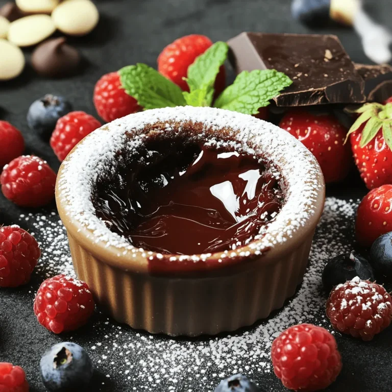 To make a rich chocolate lava cake, you'll need the following ingredients: - ½ cup unsalted butter - 1 cup high-quality dark chocolate (70% cocoa or higher), chopped - 2 large eggs - 2 large egg yolks - ½ cup granulated sugar - ¼ cup all-purpose flour - 1 teaspoon vanilla extract - Pinch of salt - Powdered sugar for dusting - Fresh berries and mint leaves for garnish (optional) Each ingredient plays a key role in making the cake decadent. The dark chocolate gives depth, while butter adds richness. Eggs provide structure and help create that gooey center. Sugar balances the flavors, and flour adds just enough body. Vanilla and salt enhance the chocolate's flavor, making each bite even better. For an extra touch, I love to use fresh berries or mint leaves to garnish my lava cake. They add color and a fresh taste that pairs well with the warm, melted chocolate. You can find the full recipe for more details on how to combine these ingredients perfectly. - Preheat your oven to 425°F (220°C). - Grease four ramekins with unsalted butter. Lightly dust them with cocoa powder or flour. Tap out any excess. - Use a double boiler or microwave to melt 1 cup of dark chocolate and ½ cup of butter. Stir until smooth. - Let the chocolate mixture cool slightly. - In a large bowl, whisk together 2 eggs, 2 egg yolks, and ½ cup of sugar. Mix until thickened and pale. - Stir in the melted chocolate mixture until combined. - Gently fold in ¼ cup of flour, 1 teaspoon of vanilla extract, and a pinch of salt. Be careful not to overmix. - Fill the prepared ramekins with the batter, about ¾ full. - Place the ramekins on a baking sheet. Bake for 12-14 minutes. The edges should set, but the center should be soft. - Cool for 1 minute after baking. Run a knife around the edges to loosen. - Invert each ramekin onto a plate. Lift off the ramekin to reveal the molten center. - Dust with powdered sugar and add fresh berries or mint leaves for garnish if you like. For the complete instructions, check the Full Recipe for Chocolate Lava Cake. To get that gooey center, adjust the baking time. Start with 12 minutes. If the sides are firm but the center jiggles, it's perfect. Every oven is different, so check early. Also, calibrate your oven. An oven thermometer helps you know the real temperature. Avoid overmixing the batter. This makes the cake tough. Mix just until combined. Also, watch the baking time. Underbaking gives you the lava effect, but too little time means it won’t hold shape. Overbaking dries it out. Find that sweet spot! Use good bakeware. Ramekins should be sturdy and heat-safe. I recommend using a double boiler for melting chocolate. It gives better control. If you use a microwave, heat in short bursts. This prevents burning. Both methods work, but the double boiler is my favorite. {{image_2}} You can boost your chocolate lava cake in many fun ways. Adding a bit of espresso or coffee makes the chocolate flavor deeper and richer. Just a tablespoon or two works wonders. You can also infuse your cake with orange or mint flavors. A little orange zest or a drop of mint extract can take it to the next level. If you need gluten-free options, swap the all-purpose flour for almond or coconut flour. These flours keep the cake moist and tasty. For a vegan version, use flax eggs and dairy-free butter. You can also choose vegan chocolate that melts well. This way, everyone can enjoy the cake! Pair your chocolate lava cake with a scoop of vanilla ice cream or a drizzle of chocolate sauce for extra sweetness. Fresh berries like raspberries or strawberries also add a nice touch. For special occasions, try serving the cakes in elegant dessert glasses. You can create layers with whipped cream and fruit for a stunning look. For the full recipe, check out the detailed instructions to make this delicious dessert! To keep your chocolate lava cake fresh, use airtight containers. This helps keep moisture in and air out. You can stack the cakes with parchment paper between them. This prevents sticking. Store them in the fridge if you plan to eat them within two days. For longer storage, you can freeze them. Wrap each cake in plastic wrap and place them in a freezer bag. They will stay good for up to three months. When it's time to enjoy your leftovers, use the oven or microwave. The oven gives the best results for reheating. Preheat your oven to 350°F (175°C). Place the cake on a baking sheet and heat for about 10 minutes. This warms the cake evenly and keeps the center gooey. If you use a microwave, heat for only 15 to 30 seconds. Check it often to avoid cooking the center too much. Keeping that molten center is key! Enjoy your delicious chocolate lava cake again with these easy tips. For the full recipe, refer to the main section above. You can check if your lava cake is done by looking at the edges. They should be set, while the center looks soft. A toothpick inserted in the center should come out slightly wet. If it comes out clean, you have baked it too long. Aim for a baking time of 12 to 14 minutes. Keep an eye on it to avoid overbaking. Yes, you can prepare the batter in advance. Fill the ramekins and cover them with plastic wrap. Store them in the fridge for up to 24 hours. When ready to bake, take them out and let them sit at room temperature. Then bake them as directed. This method keeps your lava cakes fresh and delicious. If your lava cake does not ooze, it may be overbaked. Check your oven's temperature to ensure it is correct. Baking for too long will cook the center. Next time, reduce the baking time by a minute or two. You can also try using a different ramekin size, as smaller ones cook faster. I recommend using high-quality dark chocolate, at least 70% cocoa. This type gives the best flavor and richness. Avoid chocolate chips, as they contain stabilizers that can affect the texture. Look for bars labeled as baking chocolate or gourmet chocolate for the best results. Chocolate lava cake is often linked to the United States. Chef Jean-Georges Vongerichten popularized it in the 1980s. He created it by accident when baking a cake. The center was undercooked, creating a molten effect. Since then, it has become a beloved dessert worldwide. You can find it in many restaurants and homes. In this blog post, we covered how to make delicious chocolate lava cakes step by step. We went through the key ingredients, from butter to dark chocolate. You learned important tips to avoid common mistakes and how to store and reheat leftovers. Remember, adjusting baking time is key for that perfect molten center. Experiment with flavors and enjoy serving these treats in fun ways. Trust your skills, and you'll bake a dessert that impresses! Enjoy every delicious bite.