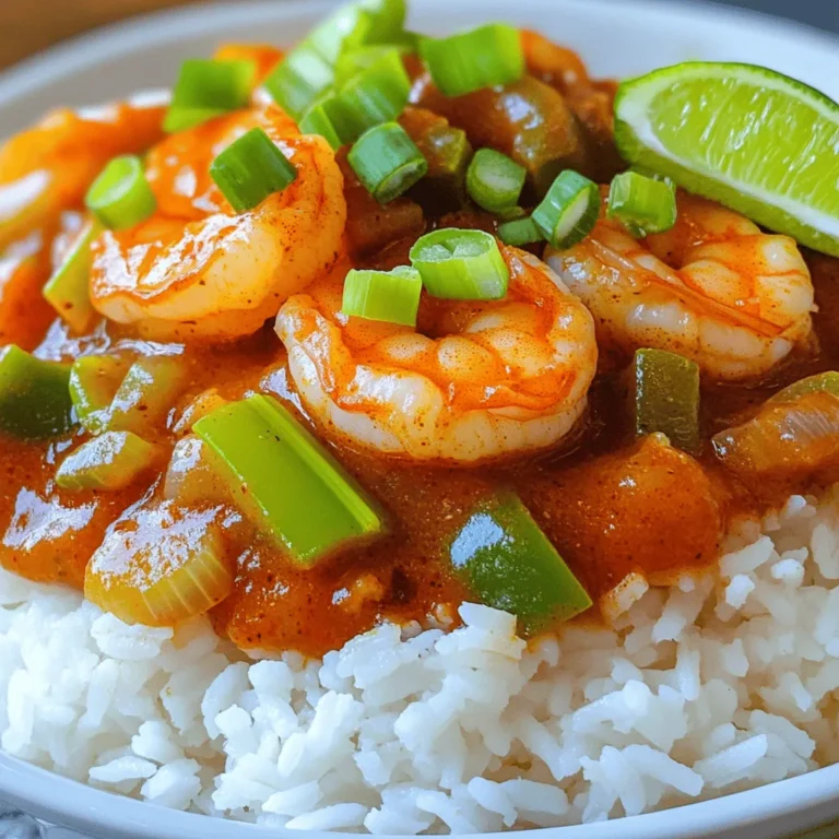 To make a great Shrimp Creole, you need these key items: - 1 pound large shrimp, peeled and deveined - 2 tablespoons olive oil - 1 medium onion, diced - 1 green bell pepper, diced - 1 celery stalk, diced - 3 cloves garlic, minced - 1 can (14.5 oz) diced tomatoes (with juice) - 1 cup vegetable broth - 2 tablespoons tomato paste - 1 tablespoon Worcestershire sauce - 1 tablespoon Cajun seasoning - 1 teaspoon dried thyme - 1 teaspoon smoked paprika - Salt and pepper to taste - 3 green onions, sliced (for garnish) - 1 cup cooked white rice (for serving) You can make your Shrimp Creole even better by adding extras. Here are some fun ideas: - 1 cup corn for sweetness and crunch - 1 cup chopped okra for a Southern twist - 1 jalapeño, diced for heat - A splash of hot sauce for spice These add-ins can change the dish's flavor and texture, making it more exciting. If you can't find an ingredient, don’t worry! You can swap out certain items: - Use shrimp stock instead of vegetable broth for a richer taste. - Swap green pepper with red or yellow ones for a sweeter flavor. - If you’re out of Cajun seasoning, try a mix of paprika, garlic powder, and cayenne. - For a healthier option, use brown rice instead of white rice. These simple swaps can keep the dish tasty while fitting your needs. For the full recipe, check out the Savory Shrimp Creole Delight . Start by gathering your ingredients. Chop the onion, green bell pepper, and celery into small pieces. Mince the garlic cloves. In a large skillet, heat the olive oil over medium heat. Once hot, add the diced onion, bell pepper, and celery. Cook these for about five minutes until they soften. Stir in the minced garlic and cook for one more minute. You want to smell that garlic aroma fill the kitchen. This step builds a great base for your Shrimp Creole. Next, it's time to create the tomato base. Pour in the can of diced tomatoes, including the juice. Add the vegetable broth and tomato paste. These ingredients add rich flavor. Then, mix in the Worcestershire sauce, Cajun seasoning, dried thyme, and smoked paprika. Season with salt and pepper to your liking. Bring this mixture to a simmer. Lower the heat and let it cook for about 10 to 15 minutes. Stir it occasionally. You want the sauce to thicken and develop deep flavors. Now, for the star of the dish—the shrimp! Add the peeled and deveined shrimp to the skillet. Cook them for about five to seven minutes. Watch as they turn pink and plump. This means they are fully cooked. Once done, taste the sauce again and adjust any seasonings if needed. Serve your Shrimp Creole over cooked white rice. Garnish with sliced green onions for a fresh touch. For the full recipe, check out the details above. Enjoy your delightful dish! To cook shrimp just right, watch the time. Shrimp cooks fast. It usually takes only 5-7 minutes to turn pink. If you cook them too long, they turn tough. Use these simple steps to avoid overcooking: - Use fresh shrimp: Fresh shrimp will cook better than frozen. - Check for color: Look for a bright pink color. This shows they are done. - Cut one open: If you're unsure, cut one shrimp in half. The inside should be opaque and firm. To make your Shrimp Creole pop, add more spices. While the recipe has great flavor, you can boost it even more. Here are some ideas: - Add cayenne pepper: This gives a nice kick. - Try a dash of smoked paprika: It adds depth to the dish. - Mix in fresh herbs: Fresh parsley or cilantro gives a bright finish. Feel free to experiment. Just remember to taste as you go! To enjoy Shrimp Creole fully, pair it with the right sides. Here are some tasty ideas: - Serve over white rice: It soaks up the sauce well. - Add a salad: A light green salad balances the meal. - Try crusty bread: Use it to scoop up all that delicious sauce. For a fun twist, serve it in deep bowls with lime wedges on the side. This adds a zesty flavor boost. For the full recipe, check out the instructions above! {{image_2}} To kick up the heat, you can add diced jalapeños or cayenne pepper. Start with a small amount, then taste and adjust. You can also try adding hot sauce for an extra kick. These additions will make your dish even more exciting and flavorful. You can make Shrimp Creole in different ways. A slow cooker works well if you want to set it and forget it. Just combine your ingredients and let them simmer. If you prefer grilling, try skewering the shrimp and grilling them. This adds a nice smoky flavor to the dish. For a vegetarian or vegan version, replace shrimp with hearty vegetables like zucchini or mushrooms. You can also use tofu for protein. Swap the vegetable broth for a vegetable stock or water. These changes will keep the dish tasty and satisfying while meeting your dietary needs. For the full recipe, check out the Savory Shrimp Creole Delight. To keep your Shrimp Creole fresh, store it in an airtight container. Make sure it cools down first. Place it in the fridge within two hours of cooking. It can last for about three days. Label the container with the date. This helps you remember when you made it. Freezing Shrimp Creole is an easy way to save it for later. First, let it cool completely. Then, transfer it to a freezer-safe container or bag. Make sure to remove as much air as possible. This helps prevent freezer burn. You can freeze it for up to three months. Just remember to label the container with the date. When it's time to eat your Shrimp Creole again, reheating is key. You can use the stove or microwave. For the stove, add a splash of water or broth to a pan. Heat it over medium until warm. Stir it often to keep it from sticking. If you use the microwave, place it in a bowl. Cover it with a damp paper towel. Heat it in short bursts, stirring in between. This keeps it moist and tasty. Enjoy your delicious dish! For the complete cooking guide, check out the Full Recipe. Shrimp Creole comes from Louisiana, specifically New Orleans. This dish blends French, Spanish, and African flavors. It uses fresh shrimp, tomatoes, and spices. The result is a rich and flavorful meal that warms the soul. You can taste the history in every bite. Many families have their own special recipes passed down through generations. Yes, you can make Shrimp Creole ahead of time. In fact, it tastes even better the next day! The flavors have time to blend and deepen. Just cook the dish fully and let it cool. Store it in the fridge in an airtight container for up to three days. When ready to eat, reheat it gently on the stove. Add a little water or broth if it seems dry. Shrimp Creole pairs well with several sides. Here are some great options: - Cooked white rice - Garlic bread - Crusty French bread - A fresh green salad - Steamed vegetables These sides balance the rich flavors of the dish. Each adds a nice touch to your meal. For the full recipe, check out the details above. In this article, we covered the key parts of making tasty Shrimp Creole. We explored important ingredients and the steps to create a great dish. We also shared helpful tips to avoid overcooking shrimp and offered variations to suit your taste. Remember, cooking is fun and can be simple. Enjoy making your own Shrimp Creole, and don't hesitate to get creative with flavors and ingredients. Your kitchen is now your canvas!