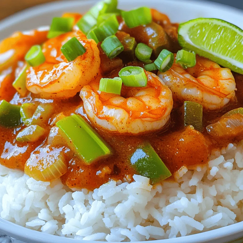 To make a great Shrimp Creole, you need these key items: - 1 pound large shrimp, peeled and deveined - 2 tablespoons olive oil - 1 medium onion, diced - 1 green bell pepper, diced - 1 celery stalk, diced - 3 cloves garlic, minced - 1 can (14.5 oz) diced tomatoes (with juice) - 1 cup vegetable broth - 2 tablespoons tomato paste - 1 tablespoon Worcestershire sauce - 1 tablespoon Cajun seasoning - 1 teaspoon dried thyme - 1 teaspoon smoked paprika - Salt and pepper to taste - 3 green onions, sliced (for garnish) - 1 cup cooked white rice (for serving) You can make your Shrimp Creole even better by adding extras. Here are some fun ideas: - 1 cup corn for sweetness and crunch - 1 cup chopped okra for a Southern twist - 1 jalapeño, diced for heat - A splash of hot sauce for spice These add-ins can change the dish's flavor and texture, making it more exciting. If you can't find an ingredient, don’t worry! You can swap out certain items: - Use shrimp stock instead of vegetable broth for a richer taste. - Swap green pepper with red or yellow ones for a sweeter flavor. - If you’re out of Cajun seasoning, try a mix of paprika, garlic powder, and cayenne. - For a healthier option, use brown rice instead of white rice. These simple swaps can keep the dish tasty while fitting your needs. For the full recipe, check out the Savory Shrimp Creole Delight . Start by gathering your ingredients. Chop the onion, green bell pepper, and celery into small pieces. Mince the garlic cloves. In a large skillet, heat the olive oil over medium heat. Once hot, add the diced onion, bell pepper, and celery. Cook these for about five minutes until they soften. Stir in the minced garlic and cook for one more minute. You want to smell that garlic aroma fill the kitchen. This step builds a great base for your Shrimp Creole. Next, it's time to create the tomato base. Pour in the can of diced tomatoes, including the juice. Add the vegetable broth and tomato paste. These ingredients add rich flavor. Then, mix in the Worcestershire sauce, Cajun seasoning, dried thyme, and smoked paprika. Season with salt and pepper to your liking. Bring this mixture to a simmer. Lower the heat and let it cook for about 10 to 15 minutes. Stir it occasionally. You want the sauce to thicken and develop deep flavors. Now, for the star of the dish—the shrimp! Add the peeled and deveined shrimp to the skillet. Cook them for about five to seven minutes. Watch as they turn pink and plump. This means they are fully cooked. Once done, taste the sauce again and adjust any seasonings if needed. Serve your Shrimp Creole over cooked white rice. Garnish with sliced green onions for a fresh touch. For the full recipe, check out the details above. Enjoy your delightful dish! To cook shrimp just right, watch the time. Shrimp cooks fast. It usually takes only 5-7 minutes to turn pink. If you cook them too long, they turn tough. Use these simple steps to avoid overcooking: - Use fresh shrimp: Fresh shrimp will cook better than frozen. - Check for color: Look for a bright pink color. This shows they are done. - Cut one open: If you're unsure, cut one shrimp in half. The inside should be opaque and firm. To make your Shrimp Creole pop, add more spices. While the recipe has great flavor, you can boost it even more. Here are some ideas: - Add cayenne pepper: This gives a nice kick. - Try a dash of smoked paprika: It adds depth to the dish. - Mix in fresh herbs: Fresh parsley or cilantro gives a bright finish. Feel free to experiment. Just remember to taste as you go! To enjoy Shrimp Creole fully, pair it with the right sides. Here are some tasty ideas: - Serve over white rice: It soaks up the sauce well. - Add a salad: A light green salad balances the meal. - Try crusty bread: Use it to scoop up all that delicious sauce. For a fun twist, serve it in deep bowls with lime wedges on the side. This adds a zesty flavor boost. For the full recipe, check out the instructions above! {{image_2}} To kick up the heat, you can add diced jalapeños or cayenne pepper. Start with a small amount, then taste and adjust. You can also try adding hot sauce for an extra kick. These additions will make your dish even more exciting and flavorful. You can make Shrimp Creole in different ways. A slow cooker works well if you want to set it and forget it. Just combine your ingredients and let them simmer. If you prefer grilling, try skewering the shrimp and grilling them. This adds a nice smoky flavor to the dish. For a vegetarian or vegan version, replace shrimp with hearty vegetables like zucchini or mushrooms. You can also use tofu for protein. Swap the vegetable broth for a vegetable stock or water. These changes will keep the dish tasty and satisfying while meeting your dietary needs. For the full recipe, check out the Savory Shrimp Creole Delight. To keep your Shrimp Creole fresh, store it in an airtight container. Make sure it cools down first. Place it in the fridge within two hours of cooking. It can last for about three days. Label the container with the date. This helps you remember when you made it. Freezing Shrimp Creole is an easy way to save it for later. First, let it cool completely. Then, transfer it to a freezer-safe container or bag. Make sure to remove as much air as possible. This helps prevent freezer burn. You can freeze it for up to three months. Just remember to label the container with the date. When it's time to eat your Shrimp Creole again, reheating is key. You can use the stove or microwave. For the stove, add a splash of water or broth to a pan. Heat it over medium until warm. Stir it often to keep it from sticking. If you use the microwave, place it in a bowl. Cover it with a damp paper towel. Heat it in short bursts, stirring in between. This keeps it moist and tasty. Enjoy your delicious dish! For the complete cooking guide, check out the Full Recipe. Shrimp Creole comes from Louisiana, specifically New Orleans. This dish blends French, Spanish, and African flavors. It uses fresh shrimp, tomatoes, and spices. The result is a rich and flavorful meal that warms the soul. You can taste the history in every bite. Many families have their own special recipes passed down through generations. Yes, you can make Shrimp Creole ahead of time. In fact, it tastes even better the next day! The flavors have time to blend and deepen. Just cook the dish fully and let it cool. Store it in the fridge in an airtight container for up to three days. When ready to eat, reheat it gently on the stove. Add a little water or broth if it seems dry. Shrimp Creole pairs well with several sides. Here are some great options: - Cooked white rice - Garlic bread - Crusty French bread - A fresh green salad - Steamed vegetables These sides balance the rich flavors of the dish. Each adds a nice touch to your meal. For the full recipe, check out the details above. In this article, we covered the key parts of making tasty Shrimp Creole. We explored important ingredients and the steps to create a great dish. We also shared helpful tips to avoid overcooking shrimp and offered variations to suit your taste. Remember, cooking is fun and can be simple. Enjoy making your own Shrimp Creole, and don't hesitate to get creative with flavors and ingredients. Your kitchen is now your canvas!