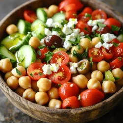To make the Mediterranean Chickpea Salad, you need fresh and bright ingredients. Here’s what you’ll need: - 1 can (15 oz) chickpeas, rinsed and drained - 1 cup cherry tomatoes, halved - 1 cucumber, diced - 1 red bell pepper, diced - 1/4 red onion, finely chopped - 1/2 cup Kalamata olives, pitted and halved - 1/4 cup feta cheese, crumbled - 2 tablespoons fresh parsley, chopped - 2 tablespoons olive oil - 1 lemon, juiced - 1 teaspoon dried oregano - Salt and pepper to taste These ingredients bring a mix of flavors and textures. The chickpeas offer protein and fiber. Cherry tomatoes add sweetness and color. Cucumbers bring a nice crunch, while red bell peppers add a bit of spice. Red onions give a sharp taste, and Kalamata olives add a briny bite. Feta cheese provides creaminess, and parsley adds freshness. Olive oil and lemon juice create a zesty dressing that ties everything together. For more details on how to prepare this delicious dish, check out the Full Recipe. 1. Start by adding all the ingredients to a large mixing bowl. This includes the chickpeas, cherry tomatoes, cucumber, red bell pepper, red onion, and Kalamata olives. Each ingredient adds flavor and color to the salad. 2. Next, take a separate small bowl and whisk together the dressing ingredients. In this bowl, combine olive oil, lemon juice, dried oregano, salt, and pepper. Whisk until everything blends well. 3. Now, pour the dressing over your salad mixture. Toss gently to coat all the ingredients evenly. This step is key to ensuring every bite is flavorful. 1. Once the salad is mixed, it’s time to add the crumbled feta cheese and chopped parsley. Toss lightly to combine. Be careful not to break the feta too much; we want those lovely chunks. 2. Taste the salad and adjust the seasoning if needed. You can add more lemon juice or olive oil to boost the flavor. Trust your taste buds! 3. Allow the salad to sit for at least 15 minutes. This lets the flavors meld together. The wait is worth it! For the complete recipe, check out the Full Recipe section. For a beautiful presentation, serve the Mediterranean Chickpea Salad in a large bowl. You can also plate it individually for guests. Adding fresh parsley on top makes it pop! A lemon wedge on the side adds color and a fun touch. Drizzling balsamic glaze over the salad gives it a fancy look and a sweet taste. The best serving temperature for this salad is cool or at room temperature. This keeps the flavors fresh and bright. Let it sit for about 15 minutes before serving. The flavors will blend and taste even better. Want to add a bit more tanginess? You can squeeze in more lemon juice. This gives the salad a zesty kick. If you prefer it spicy, add red pepper flakes or a dash of hot sauce. This will wake up your taste buds. For extra texture, try adding nuts like almonds or walnuts. These will give a nice crunch. You can also include avocado for creaminess. This balances the crisp veggies and makes the salad even more satisfying. You can find the Full Recipe to make this delightful dish easily! {{image_2}} You can easily change the chickpeas in this salad. Try black beans or cannellini beans for a new taste. If you want protein, add grilled chicken, tuna, or tofu. These swaps keep the dish healthy and fun. You can also mix in different veggies. Try diced carrots, radishes, or even corn. Each vegetable adds a unique crunch and flavor. For a twist, use roasted vegetables like zucchini or eggplant. If you're going vegan, switch the feta cheese with avocado or a nut-based cheese. These options keep the creamy texture while skipping dairy. You can also leave out the cheese entirely for a lighter salad. The dressing can change the whole feel of the salad. You can use balsamic vinegar for a sweet touch or red wine vinegar for a tangy taste. Olive oil is a great base, but you can mix in flavored oils too. Try garlic-infused or chili oil for an extra kick. To make a homemade vinaigrette, whisk together olive oil, vinegar, mustard, and honey. This mix gives a balanced flavor that pairs well with the salad. Adjust the ingredients to fit your taste. You can also add fun ingredients to the dressing. Toss in diced avocado for creaminess or chopped nuts for crunch. Both options make the salad more filling and exciting. To keep your Mediterranean Chickpea Salad fresh, follow these simple steps: - Store it in an airtight container. - Keep it in the fridge for up to three days. - Avoid adding dressing until ready to serve. For leftover salad, place it in a clean, sealed container. It’s best to eat it within three days. You can use glass or plastic containers that seal tightly. These work great to keep the salad crisp. Can you freeze this salad? No, it's not the best option for freezing. Freezing can change the texture of the veggies and chickpeas. If you want to freeze individual parts, you can freeze chickpeas or diced veggies separately. If you decide to freeze some, here’s how: - Place the ingredients in a freezer bag. - Remove as much air as possible. - Label the bag with the date. To thaw, place it in the fridge overnight. You can also run it under cold water. For best results, eat it fresh! How long does Mediterranean Chickpea Salad last in the fridge? Mediterranean Chickpea Salad lasts about three to five days in the fridge. Store it in an airtight container to keep it fresh. Can I make this salad in advance? Yes, you can make this salad in advance. It tastes even better after sitting for a bit. Just wait to add the feta cheese until you’re ready to serve. What are the health benefits of chickpeas? Chickpeas are packed with protein and fiber. They can help with digestion and keep you full. Plus, they are low in calories and high in vitamins. What to do if the salad is too salty? If the salad is too salty, add more diced cucumber or tomatoes. These will help balance the saltiness. You can also add a splash of lemon juice. How to fix a bland salad? To fix a bland salad, add more lemon juice or olive oil. A sprinkle of salt or pepper can also help boost the flavor. Adjusting for dietary restrictions If you have dietary restrictions, you can swap out the feta for a dairy-free cheese. You can also use gluten-free ingredients if needed. Just make sure to check all labels! For the complete recipe, check out the Full Recipe section. This article covered how to make a delicious Mediterranean Chickpea Salad. You learned about essential ingredients, step-by-step preparation, serving suggestions, and variations. I shared helpful tips for storage and common questions. Embrace this salad as a healthy, vibrant dish. Customize it to fit your taste. Enjoy the fresh flavors and great textures!