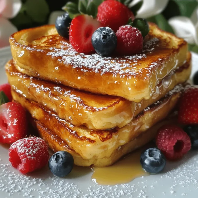 For this delightful dish, you need specific ingredients to create the perfect flavor. Here’s what you’ll need: - 8 slices of brioche bread - 4 large eggs - 1 cup whole milk - 1 cup heavy cream - 1/2 cup granulated sugar - 2 teaspoons vanilla extract - 1 teaspoon almond extract - 1/2 teaspoon ground cinnamon - Pinch of salt - 1/2 cup brown sugar (for the brûlée topping) - Fresh berries (strawberries, blueberries, or raspberries, for garnish) - Powdered sugar (for dusting) These ingredients work together to create a creamy and rich custard. The brioche is key as it soaks up the custard well and gives a nice, soft texture. Choosing the right brioche bread is important. Look for bread that feels soft and fresh. Here are some tips: - Check the crust: It should be golden and slightly shiny. - Smell it: A fresh, sweet smell means good quality. - Choose thick slices: Thicker slices hold the custard better. If you can, get your brioche from a local bakery. Fresh bread makes a big difference. You can add extra flavors or toppings to make your French toast even better. Here are some ideas: - Fruit: Add sliced bananas or peaches to the custard. - Nuts: Chopped pecans or walnuts can add crunch. - Spices: Try adding nutmeg for a warm touch. - Garnishes: Top with whipped cream, chocolate sauce, or maple syrup. These add-ins make the dish unique and fun. Use your favorite flavors to make it your own. For the full recipe, check the complete instructions. To start, grab a large mixing bowl. You will need to whisk together the eggs, whole milk, heavy cream, and granulated sugar. Add the vanilla extract, almond extract, ground cinnamon, and a pinch of salt. Mix everything well. This custard is the heart of your French toast. It gives the dish its rich, creamy flavor. Next, take your brioche bread. Lay the slices in a greased 9x13 inch baking dish. You can overlap the slices if needed. Make sure they fit snugly. This helps the custard soak evenly into every piece of bread. Pour the custard mixture evenly over the bread. Ensure every slice is soaked well. Cover the dish with plastic wrap and put it in the fridge overnight. This allows the bread to absorb the flavors. The next morning, preheat your oven to 350°F (175°C). Remove the plastic wrap from the baking dish. Sprinkle brown sugar over the top of the soaked bread. Bake it in the oven for about 30-35 minutes. Look for a golden brown top and set custard. For that special crème brûlée touch, use a kitchen torch to caramelize the brown sugar. If you don't have a torch, broil it in the oven for a couple of minutes. Just keep an eye on it to prevent burning. For the best results, ensure your bread is fresh. Stale bread works well too. It soaks up the custard better. If you have time, let it sit overnight. This step enhances the flavor and texture. Serve warm, topped with fresh berries and a light dusting of powdered sugar. Enjoy your delightful creation! To get a great crème brûlée topping, use brown sugar. Sprinkle it evenly over the soaked bread before baking. Make sure to cover all areas for even caramelization. After baking, use a kitchen torch to melt the sugar. If you don't have a torch, broil it in your oven. Just keep an eye on it so it doesn't burn. The perfect topping should be crispy and golden. If you're short on time, prepare the French toast the night before. Mix the custard and soak the bread, then cover it and refrigerate. You can also use pre-sliced brioche to save time. In the morning, simply bake it and enjoy. This way, you can serve a fancy breakfast without the stress. One common mistake is not soaking the bread long enough. Make sure each slice absorbs the custard mixture well. Another mistake is using too much heat when caramelizing. A gentle, steady flame works best. Lastly, don’t skip the resting time after baking. Allowing it to cool for a few minutes helps set the custard. This makes slicing easier and keeps the layers intact. {{image_2}} You can make this dish even more fun! Try adding chocolate or Nutella. Just spread a layer of Nutella on the bread before pouring the egg mixture. For chocolate lovers, mix cocoa powder into the custard. You can also use fruit. Fresh bananas or strawberries work great. Add them on top of the bread before soaking. These changes give a tasty twist to your Overnight Crème Brûlée French Toast. If you're gluten-free, swap brioche with gluten-free bread. Many brands offer rich options that taste great. For dairy-free, try almond milk or coconut milk. Use coconut cream instead of heavy cream for richness. You can also use flax eggs as a substitute for regular eggs. These swaps keep the taste while fitting your diet. For special days, make this dish extra special! Add a dollop of whipped cream on top. You can also drizzle warm maple syrup over each slice. Serve it with a side of crispy bacon or sausage for a full breakfast. For a festive touch, sprinkle edible flowers or orange zest on top. These little details make your Overnight Crème Brûlée French Toast a star at any gathering. After you bake this delicious French toast, allow it to cool. Then, cover it tightly with plastic wrap or aluminum foil. This keeps it fresh and moist. Store it in the fridge for up to three days. If you want to enjoy it later, consider freezing it. To reheat your French toast, slice it into portions. Place the slices on a baking sheet. Preheat your oven to 350°F (175°C). Heat for about 10 to 15 minutes. This warms it through without drying it out. You can also microwave individual slices for about 30 seconds. Just make sure to check the heat so it doesn’t get too hot. For meal prep, you can freeze the baked French toast. Wrap each slice in plastic wrap and then in foil. This helps keep it fresh. You can store it in the freezer for up to three months. When ready to eat, thaw it overnight in the fridge. Reheat it in the oven for the best taste and texture. Enjoy your Overnight Crème Brûlée French Toast anytime! Yes, you can make this dish the night before. Just follow the steps in the Full Recipe. After mixing the custard, pour it over the bread and let it sit overnight. This makes the bread soak up all the flavors. Brioche bread is best for this recipe. It is soft and rich, which helps create that perfect creamy texture. You can also use challah or a good quality French bread if you prefer. You can store leftovers in the fridge for up to three days. Make sure to keep it in an airtight container. This way, it stays fresh and tasty. Yes, you can use almond milk, oat milk, or any plant-based cream. Just check the flavors to ensure they match your taste. If you choose a non-dairy option, it may change the final flavor slightly, but the dish will still be delicious. Overnight Crème Brûlée French Toast brings joy to breakfast. We discussed key ingredients like brioche bread and tasty add-ins. I shared step-by-step instructions, baking tips, and common mistakes to avoid. You now know variations for different tastes and storage tips for leftovers. This dish suits lazy mornings and special events. Enjoy making it your own with flavors you love. You can impress family and friends with this easy, delicious treat!