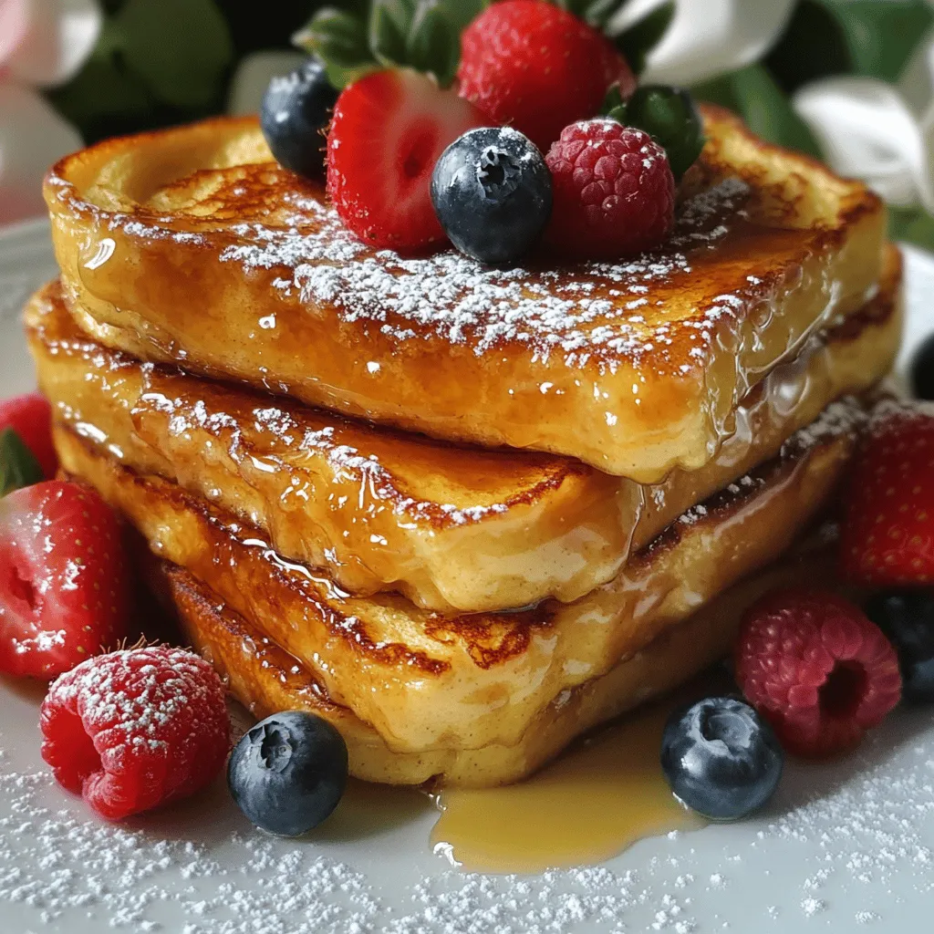 For this delightful dish, you need specific ingredients to create the perfect flavor. Here’s what you’ll need: - 8 slices of brioche bread - 4 large eggs - 1 cup whole milk - 1 cup heavy cream - 1/2 cup granulated sugar - 2 teaspoons vanilla extract - 1 teaspoon almond extract - 1/2 teaspoon ground cinnamon - Pinch of salt - 1/2 cup brown sugar (for the brûlée topping) - Fresh berries (strawberries, blueberries, or raspberries, for garnish) - Powdered sugar (for dusting) These ingredients work together to create a creamy and rich custard. The brioche is key as it soaks up the custard well and gives a nice, soft texture. Choosing the right brioche bread is important. Look for bread that feels soft and fresh. Here are some tips: - Check the crust: It should be golden and slightly shiny. - Smell it: A fresh, sweet smell means good quality. - Choose thick slices: Thicker slices hold the custard better. If you can, get your brioche from a local bakery. Fresh bread makes a big difference. You can add extra flavors or toppings to make your French toast even better. Here are some ideas: - Fruit: Add sliced bananas or peaches to the custard. - Nuts: Chopped pecans or walnuts can add crunch. - Spices: Try adding nutmeg for a warm touch. - Garnishes: Top with whipped cream, chocolate sauce, or maple syrup. These add-ins make the dish unique and fun. Use your favorite flavors to make it your own. For the full recipe, check the complete instructions. To start, grab a large mixing bowl. You will need to whisk together the eggs, whole milk, heavy cream, and granulated sugar. Add the vanilla extract, almond extract, ground cinnamon, and a pinch of salt. Mix everything well. This custard is the heart of your French toast. It gives the dish its rich, creamy flavor. Next, take your brioche bread. Lay the slices in a greased 9x13 inch baking dish. You can overlap the slices if needed. Make sure they fit snugly. This helps the custard soak evenly into every piece of bread. Pour the custard mixture evenly over the bread. Ensure every slice is soaked well. Cover the dish with plastic wrap and put it in the fridge overnight. This allows the bread to absorb the flavors. The next morning, preheat your oven to 350°F (175°C). Remove the plastic wrap from the baking dish. Sprinkle brown sugar over the top of the soaked bread. Bake it in the oven for about 30-35 minutes. Look for a golden brown top and set custard. For that special crème brûlée touch, use a kitchen torch to caramelize the brown sugar. If you don't have a torch, broil it in the oven for a couple of minutes. Just keep an eye on it to prevent burning. For the best results, ensure your bread is fresh. Stale bread works well too. It soaks up the custard better. If you have time, let it sit overnight. This step enhances the flavor and texture. Serve warm, topped with fresh berries and a light dusting of powdered sugar. Enjoy your delightful creation! To get a great crème brûlée topping, use brown sugar. Sprinkle it evenly over the soaked bread before baking. Make sure to cover all areas for even caramelization. After baking, use a kitchen torch to melt the sugar. If you don't have a torch, broil it in your oven. Just keep an eye on it so it doesn't burn. The perfect topping should be crispy and golden. If you're short on time, prepare the French toast the night before. Mix the custard and soak the bread, then cover it and refrigerate. You can also use pre-sliced brioche to save time. In the morning, simply bake it and enjoy. This way, you can serve a fancy breakfast without the stress. One common mistake is not soaking the bread long enough. Make sure each slice absorbs the custard mixture well. Another mistake is using too much heat when caramelizing. A gentle, steady flame works best. Lastly, don’t skip the resting time after baking. Allowing it to cool for a few minutes helps set the custard. This makes slicing easier and keeps the layers intact. {{image_2}} You can make this dish even more fun! Try adding chocolate or Nutella. Just spread a layer of Nutella on the bread before pouring the egg mixture. For chocolate lovers, mix cocoa powder into the custard. You can also use fruit. Fresh bananas or strawberries work great. Add them on top of the bread before soaking. These changes give a tasty twist to your Overnight Crème Brûlée French Toast. If you're gluten-free, swap brioche with gluten-free bread. Many brands offer rich options that taste great. For dairy-free, try almond milk or coconut milk. Use coconut cream instead of heavy cream for richness. You can also use flax eggs as a substitute for regular eggs. These swaps keep the taste while fitting your diet. For special days, make this dish extra special! Add a dollop of whipped cream on top. You can also drizzle warm maple syrup over each slice. Serve it with a side of crispy bacon or sausage for a full breakfast. For a festive touch, sprinkle edible flowers or orange zest on top. These little details make your Overnight Crème Brûlée French Toast a star at any gathering. After you bake this delicious French toast, allow it to cool. Then, cover it tightly with plastic wrap or aluminum foil. This keeps it fresh and moist. Store it in the fridge for up to three days. If you want to enjoy it later, consider freezing it. To reheat your French toast, slice it into portions. Place the slices on a baking sheet. Preheat your oven to 350°F (175°C). Heat for about 10 to 15 minutes. This warms it through without drying it out. You can also microwave individual slices for about 30 seconds. Just make sure to check the heat so it doesn’t get too hot. For meal prep, you can freeze the baked French toast. Wrap each slice in plastic wrap and then in foil. This helps keep it fresh. You can store it in the freezer for up to three months. When ready to eat, thaw it overnight in the fridge. Reheat it in the oven for the best taste and texture. Enjoy your Overnight Crème Brûlée French Toast anytime! Yes, you can make this dish the night before. Just follow the steps in the Full Recipe. After mixing the custard, pour it over the bread and let it sit overnight. This makes the bread soak up all the flavors. Brioche bread is best for this recipe. It is soft and rich, which helps create that perfect creamy texture. You can also use challah or a good quality French bread if you prefer. You can store leftovers in the fridge for up to three days. Make sure to keep it in an airtight container. This way, it stays fresh and tasty. Yes, you can use almond milk, oat milk, or any plant-based cream. Just check the flavors to ensure they match your taste. If you choose a non-dairy option, it may change the final flavor slightly, but the dish will still be delicious. Overnight Crème Brûlée French Toast brings joy to breakfast. We discussed key ingredients like brioche bread and tasty add-ins. I shared step-by-step instructions, baking tips, and common mistakes to avoid. You now know variations for different tastes and storage tips for leftovers. This dish suits lazy mornings and special events. Enjoy making it your own with flavors you love. You can impress family and friends with this easy, delicious treat!