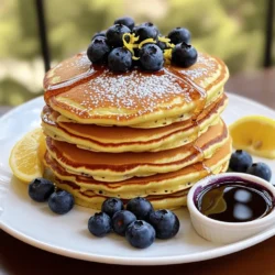 To make these lemon blueberry pancakes, you will need: - 1 cup all-purpose flour - 2 tablespoons sugar - 1 tablespoon baking powder - 1/4 teaspoon salt - 1 cup milk (or a milk alternative) - 1 large egg - 1 teaspoon vanilla extract - 1 tablespoon lemon zest - 2 tablespoons fresh lemon juice - 1 cup fresh blueberries (or frozen, thawed) - 2 tablespoons melted butter (plus extra for cooking) - Optional: powdered sugar for dusting If you need to make swaps for any ingredient, here are some options: - Flour: You can use whole wheat flour or gluten-free flour. - Milk: Almond milk, oat milk, or soy milk work well as alternatives. - Egg: A flax egg or applesauce can replace the egg for a vegan option. - Sugar: Brown sugar or coconut sugar can serve as substitutes. - Blueberries: Any berry like raspberries or blackberries works great too. Fresh blueberries add a nice pop of flavor and texture. They also look great on top. If you use frozen blueberries, thaw them first. This keeps your batter from turning blue. Both options taste delicious, so pick what you have on hand. Start by gathering your ingredients. In one bowl, whisk together 1 cup of flour, 2 tablespoons of sugar, 1 tablespoon of baking powder, and 1/4 teaspoon of salt. In another bowl, mix 1 cup of milk, 1 egg, 1 teaspoon of vanilla extract, 1 tablespoon of lemon zest, 2 tablespoons of lemon juice, and 2 tablespoons of melted butter. Next, pour the wet mix into the dry mix. Stir gently until combined. It’s okay to have some lumps. Then, fold in 1 cup of fresh blueberries. Make sure they spread evenly through the batter. Preheat your non-stick skillet over medium heat. Lightly grease it with more butter. Pour 1/4 cup of batter for each pancake. Cook for about 2-3 minutes until bubbles form and edges look set. To keep pancakes fluffy, don’t overmix the batter. Leave some lumps in the mix. Also, use fresh ingredients, especially the baking powder. Fresh baking powder makes a big difference. If you want extra fluff, separate the egg. Beat the white until it’s stiff. Then gently fold it into the batter at the end. This adds air and lightness to the pancakes. Timing is key in pancake cooking. After pouring the batter, watch for bubbles. When they start to pop, it's time to flip. Use a spatula to get under the pancake carefully. Cook the other side for another 2-3 minutes. You want them golden brown and cooked through. If they seem too dark, lower the heat. Repeat until all the batter is used. Serve your pancakes warm and enjoy this lemon blueberry treat! For the complete recipe, check out the Full Recipe section. To keep your pancakes warm, place them on a baking sheet. Set your oven to 200°F (93°C). This low heat will keep them warm without cooking them more. Cover the pancakes with foil to prevent them from drying out. You can stack them neatly, but make sure not to pile too high, so they stay fluffy. You can easily customize your lemon blueberry pancakes. Add a pinch of cinnamon for warmth. Try mixing in chopped nuts for a nice crunch. For more zest, add more lemon juice or zest. You can also swap blueberries for other fruits like strawberries, raspberries, or even chocolate chips for a sweeter twist. These pancakes pair well with many sides. Fresh fruit or yogurt adds a nice touch. You can also serve them with crispy bacon or sausage for a savory bite. For syrup, maple syrup is classic, but lemon curd or honey brings a unique twist. Dusting with powdered sugar makes for a lovely finish. For the complete recipe, check out the Full Recipe section. {{image_2}} You can change up the flavor of your pancakes easily. For a chocolate twist, add chocolate chips to the batter. The rich chocolate pairs well with the tart lemon and sweet blueberries. You can also try adding nuts or spices like cinnamon for extra flavor. These simple changes can make each pancake experience unique and fun. If you want to make vegan pancakes, swap the egg for a flaxseed or chia seed mix. Use a non-dairy milk like almond or oat milk. Replace melted butter with coconut oil or a vegan butter substitute. This way, you still enjoy fluffy pancakes while keeping it plant-based. For gluten-free pancakes, use a gluten-free flour blend instead of all-purpose flour. Many blends work well, so choose one that you like. You may need to adjust the liquid in the recipe, as gluten-free flours can absorb more moisture. Add a bit of baking soda for extra fluffiness. This allows everyone to enjoy delicious lemon blueberry pancakes, no matter their dietary needs. For the complete recipe, check out the Full Recipe link. To store leftover pancakes, let them cool on a wire rack. This keeps them from getting soggy. Once cool, stack them in an airtight container. You can also place parchment paper between layers to prevent sticking. Keep them in the fridge if you plan to eat them in 2-3 days. To reheat pancakes, use a microwave or skillet. For the microwave, place pancakes on a plate. Heat for 20-30 seconds. Check if they are warm enough and add more time if needed. For the skillet, heat it on low and add a little butter. Warm each pancake for about 1 minute on each side. This will keep them soft. If you want to save pancakes for a longer time, freezing is great. First, cool the pancakes completely. Then, place them in a single layer on a baking sheet. Freeze them for about 1 hour. Once frozen, stack them in a freezer bag or container. Remove as much air as possible before sealing. They can last up to 2 months in the freezer. When you’re ready to eat, just reheat them as mentioned above. For more detail, check the Full Recipe. Yes, you can. Feel free to swap blueberries for other fruits. Raspberries, strawberries, or bananas work great too. Each fruit brings a unique taste. For example, strawberries add sweetness, while raspberries give a tart punch. Just dice them small so they mix well. You can even try a mix of fruits for added fun. To make your pancakes fluffier, focus on two things: batter and technique. First, don’t overmix the batter. Mix until the wet and dry ingredients unite. Lumps are fine! Second, use fresh baking powder. This helps the pancakes rise well. If you want extra fluff, whisk the egg whites separately and fold them in gently. This adds more air, making them light. If your batter is too thick, you can easily fix it. Just add a splash of milk or milk alternative. Stir gently until you reach your desired consistency. The batter should be pourable but not too runny. A good test is to let it drop from a spoon. It should flow slowly but hold its shape. In this post, we covered all you need for perfect blueberry pancakes. We discussed ingredients and substitutions, cooking steps, and tips for texture. I shared ways to keep pancakes warm and customize flavors. You learned about variations, storage, and answers to common questions. By following these tips, you can create delicious pancakes that everyone will love. Enjoy your cooking and happy eating!