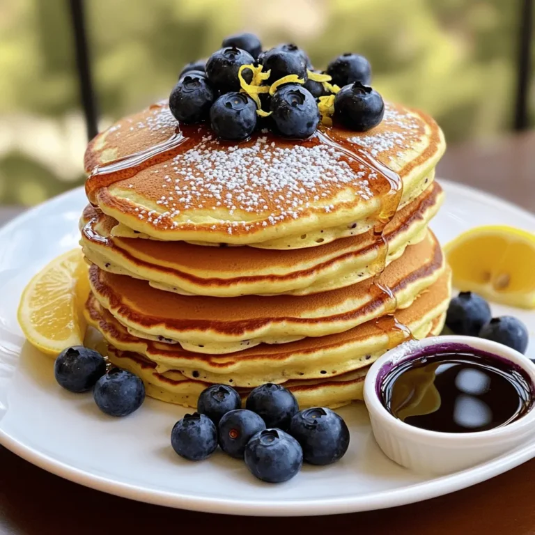 To make these lemon blueberry pancakes, you will need: - 1 cup all-purpose flour - 2 tablespoons sugar - 1 tablespoon baking powder - 1/4 teaspoon salt - 1 cup milk (or a milk alternative) - 1 large egg - 1 teaspoon vanilla extract - 1 tablespoon lemon zest - 2 tablespoons fresh lemon juice - 1 cup fresh blueberries (or frozen, thawed) - 2 tablespoons melted butter (plus extra for cooking) - Optional: powdered sugar for dusting If you need to make swaps for any ingredient, here are some options: - Flour: You can use whole wheat flour or gluten-free flour. - Milk: Almond milk, oat milk, or soy milk work well as alternatives. - Egg: A flax egg or applesauce can replace the egg for a vegan option. - Sugar: Brown sugar or coconut sugar can serve as substitutes. - Blueberries: Any berry like raspberries or blackberries works great too. Fresh blueberries add a nice pop of flavor and texture. They also look great on top. If you use frozen blueberries, thaw them first. This keeps your batter from turning blue. Both options taste delicious, so pick what you have on hand. Start by gathering your ingredients. In one bowl, whisk together 1 cup of flour, 2 tablespoons of sugar, 1 tablespoon of baking powder, and 1/4 teaspoon of salt. In another bowl, mix 1 cup of milk, 1 egg, 1 teaspoon of vanilla extract, 1 tablespoon of lemon zest, 2 tablespoons of lemon juice, and 2 tablespoons of melted butter. Next, pour the wet mix into the dry mix. Stir gently until combined. It’s okay to have some lumps. Then, fold in 1 cup of fresh blueberries. Make sure they spread evenly through the batter. Preheat your non-stick skillet over medium heat. Lightly grease it with more butter. Pour 1/4 cup of batter for each pancake. Cook for about 2-3 minutes until bubbles form and edges look set. To keep pancakes fluffy, don’t overmix the batter. Leave some lumps in the mix. Also, use fresh ingredients, especially the baking powder. Fresh baking powder makes a big difference. If you want extra fluff, separate the egg. Beat the white until it’s stiff. Then gently fold it into the batter at the end. This adds air and lightness to the pancakes. Timing is key in pancake cooking. After pouring the batter, watch for bubbles. When they start to pop, it's time to flip. Use a spatula to get under the pancake carefully. Cook the other side for another 2-3 minutes. You want them golden brown and cooked through. If they seem too dark, lower the heat. Repeat until all the batter is used. Serve your pancakes warm and enjoy this lemon blueberry treat! For the complete recipe, check out the Full Recipe section. To keep your pancakes warm, place them on a baking sheet. Set your oven to 200°F (93°C). This low heat will keep them warm without cooking them more. Cover the pancakes with foil to prevent them from drying out. You can stack them neatly, but make sure not to pile too high, so they stay fluffy. You can easily customize your lemon blueberry pancakes. Add a pinch of cinnamon for warmth. Try mixing in chopped nuts for a nice crunch. For more zest, add more lemon juice or zest. You can also swap blueberries for other fruits like strawberries, raspberries, or even chocolate chips for a sweeter twist. These pancakes pair well with many sides. Fresh fruit or yogurt adds a nice touch. You can also serve them with crispy bacon or sausage for a savory bite. For syrup, maple syrup is classic, but lemon curd or honey brings a unique twist. Dusting with powdered sugar makes for a lovely finish. For the complete recipe, check out the Full Recipe section. {{image_2}} You can change up the flavor of your pancakes easily. For a chocolate twist, add chocolate chips to the batter. The rich chocolate pairs well with the tart lemon and sweet blueberries. You can also try adding nuts or spices like cinnamon for extra flavor. These simple changes can make each pancake experience unique and fun. If you want to make vegan pancakes, swap the egg for a flaxseed or chia seed mix. Use a non-dairy milk like almond or oat milk. Replace melted butter with coconut oil or a vegan butter substitute. This way, you still enjoy fluffy pancakes while keeping it plant-based. For gluten-free pancakes, use a gluten-free flour blend instead of all-purpose flour. Many blends work well, so choose one that you like. You may need to adjust the liquid in the recipe, as gluten-free flours can absorb more moisture. Add a bit of baking soda for extra fluffiness. This allows everyone to enjoy delicious lemon blueberry pancakes, no matter their dietary needs. For the complete recipe, check out the Full Recipe link. To store leftover pancakes, let them cool on a wire rack. This keeps them from getting soggy. Once cool, stack them in an airtight container. You can also place parchment paper between layers to prevent sticking. Keep them in the fridge if you plan to eat them in 2-3 days. To reheat pancakes, use a microwave or skillet. For the microwave, place pancakes on a plate. Heat for 20-30 seconds. Check if they are warm enough and add more time if needed. For the skillet, heat it on low and add a little butter. Warm each pancake for about 1 minute on each side. This will keep them soft. If you want to save pancakes for a longer time, freezing is great. First, cool the pancakes completely. Then, place them in a single layer on a baking sheet. Freeze them for about 1 hour. Once frozen, stack them in a freezer bag or container. Remove as much air as possible before sealing. They can last up to 2 months in the freezer. When you’re ready to eat, just reheat them as mentioned above. For more detail, check the Full Recipe. Yes, you can. Feel free to swap blueberries for other fruits. Raspberries, strawberries, or bananas work great too. Each fruit brings a unique taste. For example, strawberries add sweetness, while raspberries give a tart punch. Just dice them small so they mix well. You can even try a mix of fruits for added fun. To make your pancakes fluffier, focus on two things: batter and technique. First, don’t overmix the batter. Mix until the wet and dry ingredients unite. Lumps are fine! Second, use fresh baking powder. This helps the pancakes rise well. If you want extra fluff, whisk the egg whites separately and fold them in gently. This adds more air, making them light. If your batter is too thick, you can easily fix it. Just add a splash of milk or milk alternative. Stir gently until you reach your desired consistency. The batter should be pourable but not too runny. A good test is to let it drop from a spoon. It should flow slowly but hold its shape. In this post, we covered all you need for perfect blueberry pancakes. We discussed ingredients and substitutions, cooking steps, and tips for texture. I shared ways to keep pancakes warm and customize flavors. You learned about variations, storage, and answers to common questions. By following these tips, you can create delicious pancakes that everyone will love. Enjoy your cooking and happy eating!