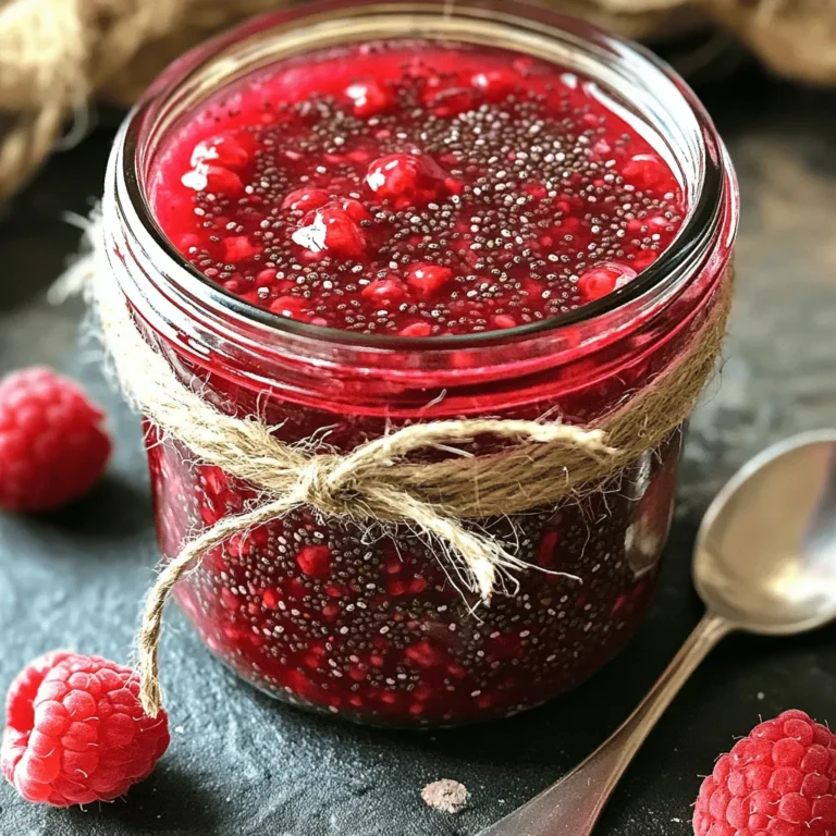 - 2 cups fresh raspberries - 1/4 cup honey or maple syrup (sweetness preference) - 2 tablespoons chia seeds - 1 tablespoon lemon juice - 1/2 teaspoon vanilla extract (optional) This recipe for raspberry chia seed jam is simple and tasty. You start with fresh raspberries. They give the jam a bright color and a sweet flavor. You can use honey or maple syrup for sweetness. The amount depends on how sweet you like it. A little acidity comes from the lemon juice. This balances the sweetness well. Chia seeds are key to the jam's texture. They swell up and help thicken your jam. If you want, you can add vanilla extract for a hint of flavor. - Flavor variations: Try adding mint or basil for a fresh twist. - Add-ins for nutrition: You can mix in ground flaxseed or hemp seeds for extra health benefits. - Sweetener substitutes: If you prefer not to use honey or maple syrup, consider using agave nectar or stevia. These optional ingredients let you customize the jam. Feel free to get creative! To make raspberry chia seed jam, start by combining the raspberries and sweetener. In a medium saucepan, put 2 cups of fresh raspberries. Add 1/4 cup of honey or maple syrup. You can adjust the sweetener based on your taste. Next, you need to mash the mixture for consistency. Cook this mixture over medium heat for about 5-7 minutes. Stir it gently, and watch as the raspberries break down and release their juices. When they are soft, use a fork or potato masher to mash them. You can make it smooth or keep some chunks for texture. Now it's time to add chia seeds and control the cooking duration. Add 2 tablespoons of chia seeds, along with 1 tablespoon of lemon juice and 1/2 teaspoon of vanilla extract if you like. Stir well to mix everything. Cook the jam for another 2-3 minutes. This lets the chia seeds soak up the liquid and thicken the jam. After cooking, you need to cool the jam and store it properly. Remove the saucepan from heat and let the jam cool to room temperature. Once it cools, pour it into a clean jar and put it in the fridge. The jam will thicken more as it cools. There are many ways to enjoy raspberry chia seed jam. You can spread it on toast or pancakes. It also tastes great on yogurt or in smoothies. For pairing ideas, think of other foods to mix with your jam. It goes well with cheese on a charcuterie board. You can also use it in desserts or as a topping for ice cream. This versatile jam adds flavor to many dishes. Check out the Full Recipe for more tips on serving this delicious jam. To get the right texture for your jam, focus on sweetness and thickness. If your jam tastes too tart, add more honey or maple syrup. Start with a little and taste as you go. For thicker jam, let it sit longer after cooking. The chia seeds will help it thicken as it cools. Common mistakes include overcooking or undercooking the mixture. If you cook it too long, the jam can become too thick. If you don’t cook it long enough, the chia seeds may not absorb enough liquid. Always check the texture before removing it from heat. You can boost your jam's flavor with herbs and spices. A pinch of cinnamon or a sprig of mint can create a fun twist. You can also add a splash of orange zest for a bright taste. If you want to add more layers of flavor, try infusing it with other fruits. Mixing in strawberries or blueberries can create a delightful blend. Just remember to adjust the sweetness to balance the flavors. Chia seeds are little powerhouses. They are high in fiber and protein, making them great for digestion. They also provide omega-3 fatty acids, which are good for your heart. Raspberries are packed with antioxidants. These help fight inflammation and keep your body healthy. They are low in calories but rich in vitamins, especially vitamin C. So, enjoying this jam not only satisfies your sweet tooth but also boosts your health. For the full recipe and detailed steps, check out the [Full Recipe]. {{image_2}} You can use other berries like blueberries or strawberries in this jam. Each berry adds a unique taste. Mixing fruits can create fun flavors. Try combining raspberries with strawberries for a berry medley. You get a sweet and tangy jam that everyone will love. You can also use blackberries for a deeper flavor. Be creative and mix different fruits to find your favorite blend! If you want a sugar-free jam, there are great alternatives. You can use stevia or monk fruit sweetener. These options keep your jam sweet without adding sugar. You can also make the jam without any sweeteners. Just use ripe fruits and let their natural sweetness shine. This keeps the jam healthy and tasty. You can add a twist to your jam with seasonal spices. In fall, add cinnamon or nutmeg for a warm flavor. This gives your jam a cozy touch. In winter, add a bit of orange or lemon zest. This brightens the jam and adds a fresh kick. Seasonal twists make your jam unique and exciting! To keep your raspberry chia seed jam fresh, store it in a clean jar. Seal it tightly with a lid. After opening, always keep the jam in the fridge. This helps prevent spoilage and keeps it tasty. Use it within two weeks for the best flavor. You can freeze your jam for later use. Use a freezer-safe jar with a tight lid. Leave some space at the top for expansion. This jam can freeze well for up to six months. Just remember to label your jar with the date. Homemade jam lasts about two weeks in the fridge after opening. Signs of spoilage include mold or an off smell. If you see any signs, it’s best to throw it away. Always trust your senses when checking food safety. Homemade Raspberry Chia Seed Jam lasts about 1 to 2 weeks in the fridge. Store it in a clean jar with a tight lid. You can also freeze it for up to 3 months. Just make sure to leave space in the jar. This lets the jam expand as it freezes. Yes, you can use frozen raspberries! They work well in this jam. Just thaw them before cooking. Frozen fruit may create a bit more liquid, so you might need to cook it a little longer. Be sure to adjust your cooking time so the jam thickens properly. Chia seeds are tiny powerhouses. They are rich in fiber, omega-3 fatty acids, and protein. Raspberries are full of vitamins and antioxidants. They help your body fight free radicals. Together, they make this jam not only tasty but also a healthy treat. To adjust the sweetness, simply add more or less honey or maple syrup. Start with a little and taste as you go. If you want it sweeter, add more sweetener. If it's too sweet, try adding a touch of lemon juice to balance the flavors. Yes, you can make this jam without honey or maple syrup. Try using agave syrup or coconut sugar. You can also use mashed bananas or applesauce for sweetness. Just remember, this may change the flavor and texture a bit. In this blog post, we explored how to make delicious raspberry chia seed jam using fresh ingredients. You learned the key steps to prepare, cook, and store this jam, along with tips for perfecting its consistency. I shared flavor variations and health benefits of the ingredients. Enjoy your jam on toast, in yogurt, or with desserts. Making jam at home is fun and rewarding, and it allows you to customize flavors to fit your taste. Now, go ahead and make your own tasty creation!