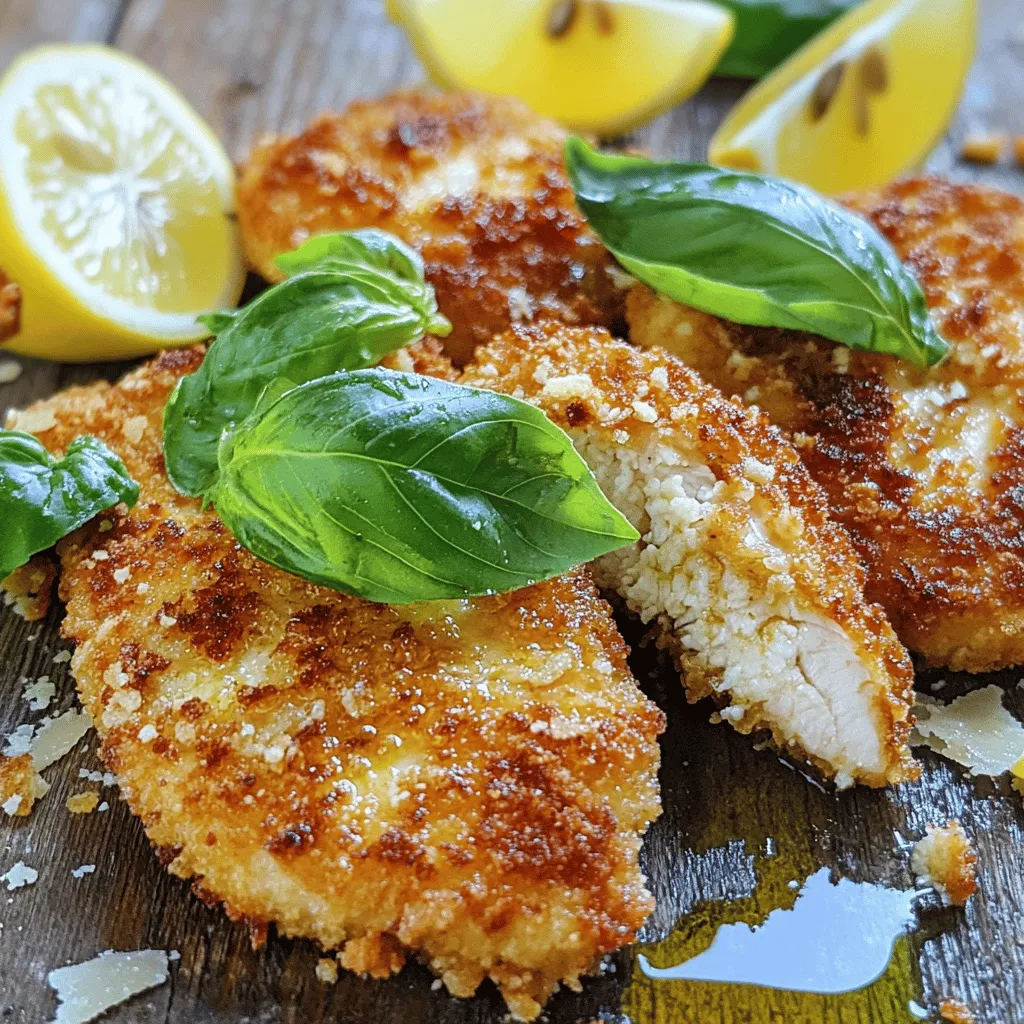 To make these tasty Italian basil chicken cutlets, you will need the following: - 4 boneless, skinless chicken breasts - 1/2 cup fresh basil leaves, finely chopped - 1 cup breadcrumbs (preferably Italian-style) - 1/2 cup grated Parmesan cheese - 2 cloves garlic, minced - 2 large eggs - 1/4 cup all-purpose flour - Salt and pepper to taste - Olive oil for frying - Lemon wedges for serving These ingredients create a blend of flavors. The basil adds freshness, while the Parmesan gives a rich taste. While the required ingredients work great, you can add a few optional items to boost the flavor: - Red pepper flakes for a spicy kick - Fresh thyme leaves for an earthy note - A splash of white wine for added depth These additions can make the dish even more exciting. You will need some basic tools to prepare this dish: - Meat mallet or rolling pin - Three shallow dishes for breading - Large skillet for frying - Paper towels for draining - Tongs for flipping the cutlets These tools make the process easier and help you cook like a pro. For the full recipe, check out the detailed instructions. To start, you want to prepare the chicken breasts. Take four boneless, skinless chicken breasts. Place them between two sheets of plastic wrap. Use a meat mallet or a rolling pin to pound them gently. Aim for about 1/2-inch thickness. This step helps the chicken cook evenly. Next, set up your breading station. You will need three shallow dishes. In the first dish, add 1/4 cup of all-purpose flour. In the second dish, beat two large eggs with a sprinkle of salt and pepper. In the third dish, mix one cup of breadcrumbs with 1/2 cup of grated Parmesan cheese and half of the chopped basil. This mix adds a lot of flavor. Now, it’s time to cook. Heat enough olive oil in a large skillet. You want the oil to cover the bottom, about 1/4 inch deep. Once the oil is hot, take each chicken breast. First, coat it in the flour and shake off any extra. Next, dip it into the egg mixture, letting the excess drip off. Finally, coat it in the breadcrumb mix, pressing gently to make it stick. Carefully place the breaded chicken cutlets in the skillet. Cook for about 4-5 minutes on each side. They should turn golden brown and reach an internal temperature of 165°F. If your skillet is small, you may need to cook them in batches. Once cooked, transfer the cutlets to a paper towel-lined plate to drain the extra oil. Serve them warm, garnished with fresh basil leaves and lemon wedges for a bright touch. For the full recipe, check out the earlier sections! To get golden cutlets, the heat is key. Use medium heat when frying. Make sure your oil is hot before adding the chicken. If the oil isn’t hot enough, the cutlets will soak up oil and become greasy. You can test the oil by dropping in a small piece of bread. If it sizzles, you’re ready to go! Cook each side for about 4 to 5 minutes. Look for a nice golden color. If the cutlets are too dark, your heat may be too high. After frying, let the cutlets rest on paper towels. This helps remove extra oil and keeps them crispy. These Italian basil chicken cutlets pair well with many sides. Here are some ideas: - Garlic Mashed Potatoes: Creamy and smooth, they balance the crunch of the cutlets. - Roasted Vegetables: Carrots, zucchini, and bell peppers add color and flavor. - Pasta Salad: A light pasta with fresh veggies and a vinaigrette complements the dish. - Caesar Salad: Crisp romaine and tangy dressing make a great match. Feel free to mix and match! You can also serve with lemon wedges for a bright touch. Each serving of the Italian basil chicken cutlets offers a tasty and balanced meal. Here’s a quick look: - Calories: About 350 - Protein: Approximately 30g - Fat: Around 15g - Carbohydrates: Roughly 30g These cutlets provide a good source of protein and can fit into a healthy meal plan. For a lighter option, consider baking them instead of frying. You can find the full recipe for a detailed guide on making these delicious cutlets. {{image_2}} While basil shines in this dish, you can try other herbs too. Oregano adds a nice, earthy taste. Thyme brings a subtle hint of lemon. Use rosemary for a strong flavor. Mix and match to find your favorite. Fresh or dried herbs work well. Just remember that dried herbs are stronger. So, use less if you choose them. You can easily make these chicken cutlets gluten-free. Replace regular breadcrumbs with gluten-free ones. You can also use crushed gluten-free crackers. For the flour, swap it with almond flour or coconut flour. This keeps the cutlets crispy and tasty without gluten. Just be careful to check all labels to avoid hidden gluten. Serve these cutlets with a side of pasta. A simple marinara sauce pairs well with the chicken. You can also try a fresh salad with a light vinaigrette. Roasted veggies, like zucchini or bell peppers, add color and flavor. For a heartier meal, serve with mashed potatoes or rice. Don’t forget the lemon wedges. They brighten up each bite. For the full recipe, check out the details above. After you enjoy your Italian Basil Chicken Cutlets, store any leftovers properly. Let the cutlets cool down first. Then, place them in an airtight container. You can keep them in the fridge for up to three days. To keep the flavor fresh, make sure they are covered well. When you're ready to eat the leftover cutlets, reheating is key. The best way to do this is on the stove. Heat a little olive oil in a skillet over medium heat. Place the cutlets in the pan and heat for about 3-4 minutes on each side. This keeps them crispy. You can also use the oven. Preheat it to 350°F (175°C) and bake for about 10-15 minutes. Make sure the chicken reaches 165°F (75°C) for safety. If you want to save your cutlets for later, freezing is a great option. First, let the cutlets cool completely. Next, wrap each cutlet in plastic wrap tightly. Then, place them in a freezer-safe bag or container. You can freeze them for up to three months. When you're ready to enjoy them, thaw them in the fridge overnight. Reheat them as mentioned above for the best taste. For the full recipe, don’t forget to check out the rest of this article! Yes, you can make these cutlets ahead of time. Prepare the chicken and coat it in the breadcrumbs. Store them in the fridge for up to one day. When ready to cook, simply fry them as directed. This makes meal prep easy and quick. If you need a substitute for breadcrumbs, try crushed crackers or cornflakes. Ground oats also work well. For a low-carb option, use almond flour or ground nuts. These alternatives still give a nice crunch and flavor to your cutlets. Check the chicken with a meat thermometer. The center should reach 165°F (75°C). If you don’t have a thermometer, cut into the thickest part. The meat should be white, not pink. Juices should run clear. These methods ensure your chicken is safe to eat. For the full recipe, check out the Italian Basil Chicken Cutlets section. In this blog post, we covered how to make Italian Basil Chicken Cutlets. You learned about the key ingredients, kitchen tools, and step-by-step cooking instructions. I shared tips for golden cutlets and suggested sides to enjoy with your meal. We also explored variations, storage tips, and answered common questions. These cutlets are simple yet tasty, perfect for any table. Try them out and enjoy a delightful dish at home!