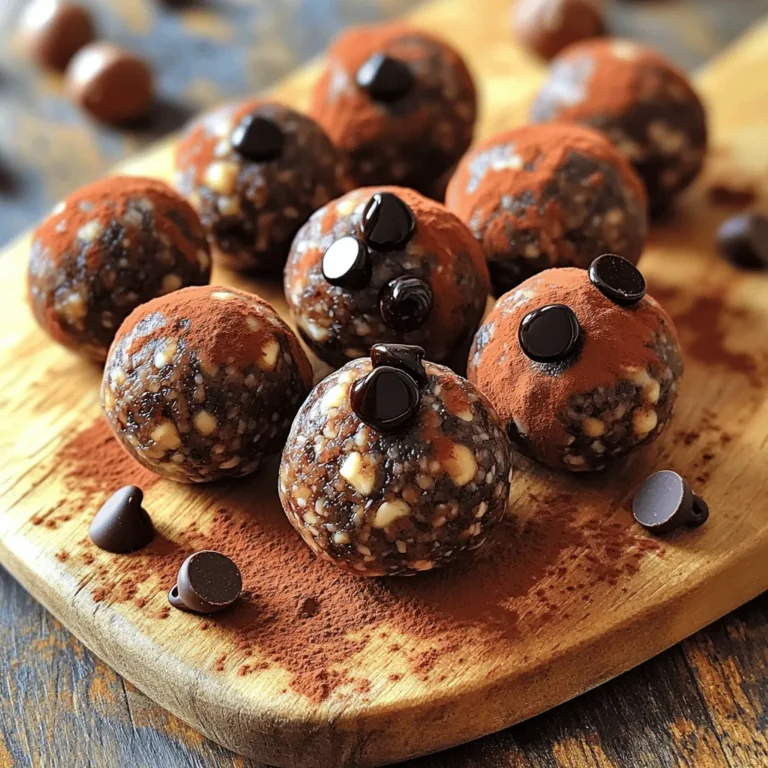 - 1 cup hazelnuts, roasted - 1 cup Medjool dates, pitted - 1/2 cup rolled oats - 2 tablespoons cocoa powder - 1 tablespoon almond butter - 1 teaspoon vanilla extract - Pinch of sea salt - Optional: 1/4 cup mini dark chocolate chips Gather these simple ingredients. Each one plays a key role in making the energy balls tasty and energizing. Hazelnuts add a rich, nutty flavor. Roasting them brings out their natural oils. Medjool dates are sweet and sticky. They help bind the mixture and add natural sweetness. Rolled oats give texture and help with energy. They are a great source of fiber. Cocoa powder adds a deep chocolate flavor. Choose unsweetened for a healthier option. Almond butter adds creaminess. It also provides healthy fats and protein. Vanilla extract gives a warm, inviting aroma. It enhances the overall flavor profile. A pinch of sea salt balances the sweetness and brings out all the flavors. For a little extra fun, add mini dark chocolate chips. They are not necessary, but they do add sweetness and texture. You can find the full recipe for Chocolate Hazelnut Energy Balls in the recipe section. To prepare the hazelnuts, start with roasted ones. You can buy them or roast raw hazelnuts yourself in the oven. Just spread them on a baking sheet and toast at 350°F for about 10 minutes. Let them cool before using. Next, process the dates. Use Medjool dates for the best flavor. Remove the pits and place them in a food processor. Add the rolled oats, cocoa powder, almond butter, vanilla extract, and a pinch of sea salt. Blend until the mixture gets sticky and holds together when pressed. This step is key for the energy balls to stick well. Now, combine the chopped hazelnuts with the sticky mixture. Pulse it a few times in the food processor. This ensures the hazelnuts mix evenly throughout the energy balls. If you like a bit of chocolate, fold in mini dark chocolate chips at this stage. Next, it’s time to form the energy balls. Use your hands to scoop out small portions. Roll them into about 1-inch balls. Keep your hands slightly damp if the mixture sticks too much. This makes rolling easier and more fun! Once you have rolled all your energy balls, place them on a baking sheet lined with parchment paper. Refrigerate them for at least 30 minutes. This helps them firm up nicely. For storage, transfer the energy balls to an airtight container. They will stay fresh in the fridge for up to two weeks. Enjoy your healthy treat anytime you need a boost! For the complete recipe, check out the [Full Recipe]. To adjust for stickiness, you can add more oats. If the mixture feels too wet, a little extra cocoa powder helps too. You want it sticky but not gooey. For the right consistency, pulse the hazelnuts just enough to chop, not turn into paste. When you mix the dates and oats, process until it holds together. If it crumbles, add a splash of water or almond butter. You can add seeds like chia or flax for extra nutrition. A pinch of cinnamon or nutmeg can also boost flavor. If you need a nut-free version, try sunflower seeds instead. For dietary tweaks, use maple syrup instead of dates for sweetness. This way, you can cater to your needs without losing taste. To serve, roll the energy balls in cocoa powder or shredded coconut for a fun look. You can even place them in mini cupcake liners for a nice touch. For storage, use glass jars or airtight containers. This keeps them fresh and makes them easy to grab. You can also freeze them for later, just remember to thaw before serving. For the full recipe, check out the details above. Enjoy your tasty energy balls! {{image_2}} You can change up the nuts and seeds in this recipe. Try using almonds, cashews, or walnuts. Each nut adds a unique taste and texture. If you want to use seeds, consider sunflower or pumpkin seeds. Mixing and matching flavors can create new favorites. For example, pair hazelnuts with almonds for a rich, nutty blend. If you like it sweeter, add more dates or use honey. You can also reduce the sweetness by cutting back on the dates. Natural sweeteners like maple syrup or agave work well too. Remember to adjust the other ingredients to keep the right texture. Taste as you mix to find your perfect balance. To satisfy a chocolate craving, try different types of chocolate. Dark, milk, or white chocolate can change the flavor. You can also create a chocolate coating by melting chocolate and dipping the balls. This adds a delicious crunch and makes them look fancy. Just let the coating cool before serving. For a complete guide on making these delightful treats, check the Full Recipe. To keep your Chocolate Hazelnut Energy Balls fresh, use airtight containers. Glass jars work well, but plastic containers are also fine. Make sure the lid seals tightly to keep air out. Store them in the refrigerator. This keeps them firm and tasty for longer. You can freeze these energy balls for up to three months. To freeze, place them on a baking sheet in a single layer. Once frozen, transfer them to an airtight bag or container. For thawing, take out a few balls and let them sit at room temperature for about 15 minutes. This way, they taste fresh and soft. In the fridge, these energy balls can last up to two weeks. If you see any mold or a change in smell, it’s best to throw them out. Signs of spoilage include a dry, crumbly texture or off flavors. Enjoy your tasty treat while it’s fresh! For the full recipe, check the section above. It takes about 15 minutes to prep and 30 minutes to chill. So, in 45 minutes, you can enjoy these tasty bites. First, gather your ingredients. Then, mix them in a food processor. After that, roll them into balls. Finally, let them chill in the fridge. This helps the flavors blend and makes them firm. Yes, you can make these energy balls vegan. Just use maple syrup or agave instead of honey. Make sure your chocolate chips are dairy-free if you add them. The rest of the ingredients are already vegan-friendly. This way, everyone can enjoy these treats. Energy balls are packed with nutrition. They are rich in fiber, healthy fats, and protein. Hazelnuts add good fats and vitamin E. Dates give you natural sweetness and fiber. Oats provide lasting energy and help with digestion. These energy balls can help keep you full and satisfied. Yes, you can use other fruits if you want. Dried figs or apricots work well as substitutes. They will change the taste a bit, but that’s okay! Just remember to pit them if needed. This might change the texture too, making it less sticky. Feel free to experiment with your favorite dried fruits! You’ve learned how to make tasty Chocolate Hazelnut Energy Balls. We covered the ingredients, step-by-step prep, and storage tips. You can adjust sweetness, swap nuts, or enhance flavors too. This recipe is flexible and fun. Enjoy experimenting with it! Whether for a quick snack or a sweet treat, these energy balls fit many needs. Make them your own and share them with friends. Enjoy the energy boost these snacks bring to your day!