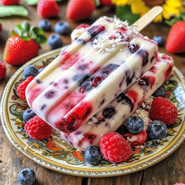 - 1 cup mixed berries (strawberries, blueberries, raspberries) - 1 cup coconut milk (canned for a creamier texture) - 2 tablespoons honey or maple syrup - 1 teaspoon vanilla extract - 1 tablespoon lime juice - A pinch of sea salt The main ingredients for your berry coconut popsicles are simple and fresh. The mixed berries give the popsicles a vibrant color and a sweet-tart flavor. You can choose any combination of berries you like. I often use strawberries, blueberries, and raspberries for a good balance of taste. Coconut milk adds a creamy texture. I recommend using canned coconut milk for an extra rich taste. The honey or maple syrup serves as the sweetener, but you can adjust it to your taste. The vanilla extract enhances the flavor, while lime juice adds a bright zing. A pinch of sea salt rounds it all out. - Whole berries for texture - Shredded coconut for serving For added fun, consider using whole berries as an add-in. They create little surprises in each bite. Shredded coconut can be a great topping when you're ready to serve. It adds a nice crunch and visual appeal. - Alternative sweeteners (agave syrup, stevia) - Dairy-free options for coconut milk If you want to change the sweetness, feel free to use agave syrup or stevia. Both work well in this recipe. You can also find dairy-free coconut milk options at most stores if you prefer those. This berry coconut popsicle recipe is flexible and allows you to get creative. You can find the full recipe for easy reference. First, rinse your mixed berries under cold water. Use strawberries, blueberries, and raspberries for the best flavor. After rinsing, pat them dry with a clean towel. Next, measure out 1 cup of coconut milk. Canned coconut milk gives a creamy texture. Then, get your sweeteners ready. You can use either 2 tablespoons of honey or maple syrup, depending on your taste. Now, it's time to blend! Combine the berries, coconut milk, sweeteners, 1 teaspoon of vanilla extract, 1 tablespoon of lime juice, and a pinch of sea salt in your blender. Blend it all together on high speed until you achieve a smooth consistency. After blending, taste the mixture. If you want it sweeter, add more honey or maple syrup. Get your popsicle molds ready. Pour half of the berry mixture into the molds, filling them halfway. Insert wooden sticks into each mold. Freeze this first layer for 1-2 hours until it starts to set but is not completely frozen. While that layer freezes, pour the remaining mixture into a separate bowl. You can add whole or sliced berries to this mix for fun texture. Once the first layer is set, pour the remaining mixture over it. Fill the molds to the top and return them to the freezer. Freeze for 4-6 hours until the popsicles are solid. To remove them, run warm water over the molds for a few seconds. Gently pull the popsicles out and enjoy! To achieve a creamy texture, always use canned coconut milk. This type has more fat, which gives your popsicles a rich feel. Blend the coconut milk well with the berries. This step breaks down any clumps and helps mix the flavors. Layering is key for great taste. Pour half of the berry mixture into the molds, then freeze it for a short time. This creates a nice base. When you add the second layer, you get a fun visual and flavor mix. For a fun presentation, serve the popsicles on a bright plate. Scatter fresh berries around them for color. A sprinkle of shredded coconut adds a nice touch, too. You can also wrap the base of the popsicle in parchment paper. This gives a playful look and makes it easy to hold. Pair your popsicles with more fresh fruits. Slices of bananas or mangoes work well. You can also drizzle honey or yogurt on top for extra flavor. To stop popsicles from sticking in the molds, run warm water over the outside. This helps loosen them. Make sure to freeze them long enough, too. Aim for at least six hours. If they are not frozen enough, they may break when you try to remove them. Always check the freezing time. If you want firm popsicles, let them freeze overnight. This way, you will have a solid treat ready for hot days. {{image_2}} You can get creative with flavors in your Berry Coconut Popsicles. For a tropical twist, add pineapple or mango. These fruits blend well with coconut milk, giving you a refreshing treat. If you want something richer, try a chocolate coconut swirl. Simply melt some dark chocolate and swirl it into the berry mixture before freezing. This adds depth and a delightful surprise. If you follow a vegan diet, swap honey for maple syrup. This keeps the popsicles sweet without any animal products. For those watching sugar intake, use a low-sugar sweetener like stevia. Remember to adjust the amount based on your taste. These small changes make the popsicles suit your diet without sacrificing flavor. Using seasonal fruits can take your popsicles to the next level. Fresh strawberries in summer or apples in fall can enhance the taste. You can also add herbs like mint or basil for a fresh kick. Just chop them finely and mix them in. This adds an exciting layer of flavor that makes your popsicles unique and delicious. For the complete recipe, check out the [Full Recipe] and enjoy experimenting with these variations! To freeze your berry coconut popsicles properly, follow these simple steps: - Use high-quality molds. Silicone molds work best. - Pour the mixture into the molds, leaving a little space at the top. - Insert sticks when the mixture is partially frozen. This helps them stay upright. - Freeze for at least 4 to 6 hours. They will stay fresh for up to 2 months in the freezer. When you want to enjoy your popsicles, defrost them safely. Here’s how: - Run warm water over the outside of the molds for a few seconds. - Gently pull the popsicles out. This method keeps the texture smooth and creamy. - Avoid using a knife or any tool to pry them out. That can ruin the shape. Taking care of your popsicle molds is easy. Here are some tips: - Clean them with warm soapy water after each use. - Let them dry completely before storing. - Get creative! Use leftover molds for yogurt bites or mini ice cubes for drinks. These easy storage tips will help you enjoy your berry coconut popsicles longer and keep your kitchen tools in great shape. For the full recipe, check out the earlier section. Berry coconut popsicles should freeze for about 4 to 6 hours. This time ensures they become firm and solid. If you want a softer texture, you can check them after 4 hours. For best results, leave them in the freezer overnight. This way, they stay ready for a hot day. Yes, you can use fresh berries. Fresh berries add a bright taste and lovely texture. However, frozen berries make it easier to blend smoothly. If you use fresh berries, they might not create the same creamy texture. To compensate, you may need to add a little more coconut milk for smoothness. To remove popsicles easily, run warm water over the outside of the molds. This warms the sides, loosening the popsicles. Make sure to do this for a few seconds. After that, gently pull the popsicles out. If they stick, give them a little twist while pulling. You can make these popsicles healthier by reducing the sweetener. Try using less honey or maple syrup. You can also add more berries to increase fiber and vitamins. Another option is to use unsweetened coconut milk. This keeps the flavor rich without extra sugar. Making berry coconut popsicles is simple and fun. You only need a few key ingredients, like mixed berries and coconut milk. I shared steps to blend, mold, and freeze to create creamy treats. You can even personalize your popsicles with different flavors or toppings. Explore seasonal fruits and swaps to fit your diet. Remember, freezing them properly ensures a smooth texture. Enjoy trying new variations, and soon you’ll have delicious popsicles ready in your freezer!