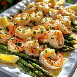 To make garlic butter shrimp and asparagus, we need a few key items: - 1 pound large shrimp, peeled and deveined - 1 bunch of asparagus, trimmed and cut into 2-inch pieces - 4 tablespoons unsalted butter - 4 cloves garlic, minced - Salt and freshly ground black pepper, to taste These ingredients create a fresh and tasty dish. The shrimp provides protein, while the asparagus adds crunch and color. You can enhance the dish with some optional ingredients: - 1 tablespoon lemon juice and 1 teaspoon lemon zest for brightness - 1 teaspoon red pepper flakes for heat - Fresh parsley, chopped, for garnish Adding lemon makes the dish bright and fresh. Red pepper flakes give it a nice kick. The parsley adds a pop of color and flavor. For the full recipe, check out the detailed steps that follow! Start by preparing your shrimp and asparagus. For the shrimp, make sure they are peeled and deveined. This means taking off the shell and the dark vein that runs along the back. Next, get your asparagus ready by trimming the ends and cutting them into 2-inch pieces. Now, melt the butter in a large skillet over medium heat. Use unsalted butter for the best flavor. Once the butter has melted, add the minced garlic. Cook it for about one minute, just until it smells amazing. Be careful not to burn the garlic, as it can turn bitter. Next, add the asparagus to the skillet. Sauté the asparagus for about 3 to 4 minutes. You want them tender but still bright green. This keeps them crunchy and fresh. Now, push the asparagus to one side of the skillet. On the other side, add the shrimp. Sprinkle the shrimp with salt, black pepper, and red pepper flakes for a little heat if you like. Cook the shrimp for about 2 to 3 minutes on each side. They should turn pink and opaque when done. Once the shrimp are cooked, mix everything together in the skillet. Add the lemon juice and lemon zest to brighten up the flavors. Stir well to combine all the ingredients. Taste and adjust the seasoning if needed. When it’s time to serve, use a large platter. Arrange the shrimp and asparagus neatly on it. Drizzle any remaining garlic butter sauce from the skillet over the top. This adds extra flavor. For a fresh touch, garnish with lemon wedges on the side. The wedges not only look great but also add a burst of flavor when squeezed over the dish. Enjoy your Garlic Butter Shrimp and Asparagus Delight! For the complete recipe, check the Full Recipe. To ensure your shrimp is cooked to perfection, you want to watch the color closely. Once the shrimp turns pink and opaque, it is done. Overcooking makes shrimp tough, so be mindful of timing. Cook shrimp for only 2-3 minutes on each side. This quick cook keeps shrimp tender and juicy. When sautéing asparagus, keep it bright and crisp. Start with a hot skillet and add the asparagus pieces to the pan. Sauté for 3-4 minutes until they are tender but still green. This way, they stay crunchy and vibrant. Push the asparagus to one side when adding shrimp. This helps both cook evenly. For seasoning, don’t hesitate to adjust to your taste. You can add more lemon juice or zest for a bolder citrus flavor. If you love heat, increase the red pepper flakes. Fresh herbs like parsley make a big difference, adding freshness to your dish. Using fresh ingredients is key. Fresh shrimp and asparagus will elevate your meal's flavor. Avoid frozen shrimp if possible. Fresh ingredients not only taste better but also bring out the best in dishes like this Garlic Butter Shrimp and Asparagus Delight. For the full recipe, check the provided link. {{image_2}} You can switch shrimp with chicken or tofu. Chicken adds a nice texture and flavor. Use bite-sized pieces for even cooking. Tofu offers a plant-based option. Choose firm or extra-firm tofu for the best results. Another great choice is scallops. They cook quickly and have a sweet taste. Just sauté them like the shrimp. They will soak up the garlic butter flavor well. Feel free to add other veggies to your dish! Bell peppers and snap peas are excellent choices. They add color and crunch. You can also try zucchini or broccoli for more variety. Mix different herbs and spices for unique flavors. Basil or dill can brighten the dish. A pinch of smoked paprika gives a warm touch. Get creative! The more you experiment, the more fun cooking becomes. For the full recipe, you can find it [here](#). To store leftovers safely, let the dish cool down first. Place the shrimp and asparagus in a shallow container. This helps cool them faster. Cover the container with a tight lid. You can keep it in the fridge for up to three days. Use clear containers if you want to see what's inside. The best way to reheat this dish is on the stovetop. Heat a skillet on low. Add a splash of water or a bit of butter to keep it moist. Stir gently until heated through. This helps keep the shrimp and asparagus from becoming tough. If you want to refresh the dish, squeeze a little fresh lemon juice on top. It adds brightness and flavor. Enjoy your garlic butter shrimp and asparagus from the fridge just like the first time! For the full recipe, check the section above. How to tell when shrimp are fully cooked? You can tell shrimp are cooked when they turn pink and opaque. They should curl into a C shape. If they are still gray or have a straight shape, they need more time. Cooking shrimp usually takes about 2-3 minutes per side. Can you use frozen shrimp for this recipe? Yes, you can use frozen shrimp. Just make sure to thaw them first. Place the shrimp in cold water for about 15-20 minutes. This will help them cook evenly and keep them tender. How many servings does this recipe yield? This recipe yields 4 servings. It is perfect for a family meal or a small gathering. Suggestions for side dishes to complement the meal I recommend serving this dish with rice or quinoa. A fresh green salad also pairs well. You can even add some crusty bread to soak up the delicious garlic butter sauce. This blog post guided you through a tasty shrimp and asparagus dish. You learned about key ingredients and easy steps to prepare the meal. We also covered tips for perfect cooking, variations, and smart storage. In the end, this dish is not just delicious but also quick to make. Feel free to explore your creativity with flavors and ingredients. Enjoy each bite of this delightful meal!
