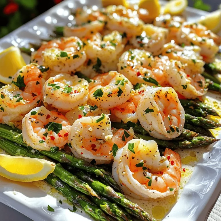 To make garlic butter shrimp and asparagus, we need a few key items: - 1 pound large shrimp, peeled and deveined - 1 bunch of asparagus, trimmed and cut into 2-inch pieces - 4 tablespoons unsalted butter - 4 cloves garlic, minced - Salt and freshly ground black pepper, to taste These ingredients create a fresh and tasty dish. The shrimp provides protein, while the asparagus adds crunch and color. You can enhance the dish with some optional ingredients: - 1 tablespoon lemon juice and 1 teaspoon lemon zest for brightness - 1 teaspoon red pepper flakes for heat - Fresh parsley, chopped, for garnish Adding lemon makes the dish bright and fresh. Red pepper flakes give it a nice kick. The parsley adds a pop of color and flavor. For the full recipe, check out the detailed steps that follow! Start by preparing your shrimp and asparagus. For the shrimp, make sure they are peeled and deveined. This means taking off the shell and the dark vein that runs along the back. Next, get your asparagus ready by trimming the ends and cutting them into 2-inch pieces. Now, melt the butter in a large skillet over medium heat. Use unsalted butter for the best flavor. Once the butter has melted, add the minced garlic. Cook it for about one minute, just until it smells amazing. Be careful not to burn the garlic, as it can turn bitter. Next, add the asparagus to the skillet. Sauté the asparagus for about 3 to 4 minutes. You want them tender but still bright green. This keeps them crunchy and fresh. Now, push the asparagus to one side of the skillet. On the other side, add the shrimp. Sprinkle the shrimp with salt, black pepper, and red pepper flakes for a little heat if you like. Cook the shrimp for about 2 to 3 minutes on each side. They should turn pink and opaque when done. Once the shrimp are cooked, mix everything together in the skillet. Add the lemon juice and lemon zest to brighten up the flavors. Stir well to combine all the ingredients. Taste and adjust the seasoning if needed. When it’s time to serve, use a large platter. Arrange the shrimp and asparagus neatly on it. Drizzle any remaining garlic butter sauce from the skillet over the top. This adds extra flavor. For a fresh touch, garnish with lemon wedges on the side. The wedges not only look great but also add a burst of flavor when squeezed over the dish. Enjoy your Garlic Butter Shrimp and Asparagus Delight! For the complete recipe, check the Full Recipe. To ensure your shrimp is cooked to perfection, you want to watch the color closely. Once the shrimp turns pink and opaque, it is done. Overcooking makes shrimp tough, so be mindful of timing. Cook shrimp for only 2-3 minutes on each side. This quick cook keeps shrimp tender and juicy. When sautéing asparagus, keep it bright and crisp. Start with a hot skillet and add the asparagus pieces to the pan. Sauté for 3-4 minutes until they are tender but still green. This way, they stay crunchy and vibrant. Push the asparagus to one side when adding shrimp. This helps both cook evenly. For seasoning, don’t hesitate to adjust to your taste. You can add more lemon juice or zest for a bolder citrus flavor. If you love heat, increase the red pepper flakes. Fresh herbs like parsley make a big difference, adding freshness to your dish. Using fresh ingredients is key. Fresh shrimp and asparagus will elevate your meal's flavor. Avoid frozen shrimp if possible. Fresh ingredients not only taste better but also bring out the best in dishes like this Garlic Butter Shrimp and Asparagus Delight. For the full recipe, check the provided link. {{image_2}} You can switch shrimp with chicken or tofu. Chicken adds a nice texture and flavor. Use bite-sized pieces for even cooking. Tofu offers a plant-based option. Choose firm or extra-firm tofu for the best results. Another great choice is scallops. They cook quickly and have a sweet taste. Just sauté them like the shrimp. They will soak up the garlic butter flavor well. Feel free to add other veggies to your dish! Bell peppers and snap peas are excellent choices. They add color and crunch. You can also try zucchini or broccoli for more variety. Mix different herbs and spices for unique flavors. Basil or dill can brighten the dish. A pinch of smoked paprika gives a warm touch. Get creative! The more you experiment, the more fun cooking becomes. For the full recipe, you can find it [here](#). To store leftovers safely, let the dish cool down first. Place the shrimp and asparagus in a shallow container. This helps cool them faster. Cover the container with a tight lid. You can keep it in the fridge for up to three days. Use clear containers if you want to see what's inside. The best way to reheat this dish is on the stovetop. Heat a skillet on low. Add a splash of water or a bit of butter to keep it moist. Stir gently until heated through. This helps keep the shrimp and asparagus from becoming tough. If you want to refresh the dish, squeeze a little fresh lemon juice on top. It adds brightness and flavor. Enjoy your garlic butter shrimp and asparagus from the fridge just like the first time! For the full recipe, check the section above. How to tell when shrimp are fully cooked? You can tell shrimp are cooked when they turn pink and opaque. They should curl into a C shape. If they are still gray or have a straight shape, they need more time. Cooking shrimp usually takes about 2-3 minutes per side. Can you use frozen shrimp for this recipe? Yes, you can use frozen shrimp. Just make sure to thaw them first. Place the shrimp in cold water for about 15-20 minutes. This will help them cook evenly and keep them tender. How many servings does this recipe yield? This recipe yields 4 servings. It is perfect for a family meal or a small gathering. Suggestions for side dishes to complement the meal I recommend serving this dish with rice or quinoa. A fresh green salad also pairs well. You can even add some crusty bread to soak up the delicious garlic butter sauce. This blog post guided you through a tasty shrimp and asparagus dish. You learned about key ingredients and easy steps to prepare the meal. We also covered tips for perfect cooking, variations, and smart storage. In the end, this dish is not just delicious but also quick to make. Feel free to explore your creativity with flavors and ingredients. Enjoy each bite of this delightful meal!