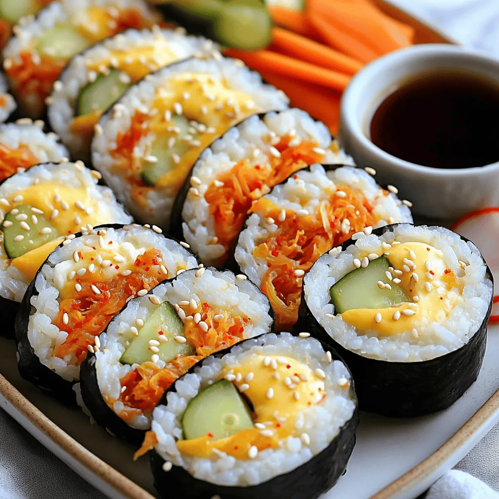 To make Korean cheese kimchi kimbap, you need some key ingredients. Here’s what you’ll need: - 2 cups cooked short-grain rice - 1 tablespoon sesame oil - 1 teaspoon salt - 4 sheets of nori seaweed - 1 cup kimchi, well-drained and chopped - 1 cup mozzarella cheese, shredded - 1 small cucumber, julienned - 1 small carrot, julienned - 2 eggs, beaten - 2 tablespoons vegetable oil - Sesame seeds, for garnish Each item plays a role in making this dish tasty and fun. The cooked rice gives the kimbap its base. Sesame oil adds a nutty taste, while salt enhances all the flavors. Nori wraps everything together, offering a nice texture. Kimchi brings a spicy kick, and mozzarella adds creaminess. Fresh cucumber and carrot add crunch and color. The eggs, cooked into a thin omelet, provide protein and a soft bite. Sesame seeds on top add a final touch of flavor and crunch. These ingredients create a blend of tastes and textures. You can find the full recipe to guide you through the steps to make this delightful dish. To start, you need cooked short-grain rice. I love using rice that is sticky. It helps hold the kimbap together. In a large bowl, mix the rice with sesame oil and salt. Use your hands to combine it well. This step flavors the rice and makes it shine. Next, we will make a simple omelet. Beat two eggs in a bowl until mixed. Heat one tablespoon of vegetable oil in a non-stick skillet. Pour in the eggs and swirl the pan. Cook until just set, then flip it over for a minute. After that, take the omelet out and let it cool. Slice it into thin strips. Now for the fun part! Lay a sheet of nori on a bamboo mat, shiny side down. Wet your hands, then grab about a cup of the rice. Spread it evenly on the nori, leaving an inch at the top. Next, place the kimchi, shredded mozzarella cheese, julienned cucumber, julienned carrot, and omelet strips in the center. Start rolling from the bottom edge, pressing gently but firmly. Don't squish the filling too much. When you reach the top edge, seal it with a bit of water. Repeat this with the other sheets of nori. Finally, use a sharp knife to slice the rolls into bite-sized pieces. Sprinkle sesame seeds on top for extra crunch. For more details, check out the Full Recipe. To roll kimbap well, start with a bamboo mat. Place the nori on the mat, shiny side down. Use wet hands to spread rice evenly. Leave one inch at the top. This space helps seal the roll. When you add fillings, keep them in the center. Start rolling from the bottom edge. Roll tightly but gently to avoid squishing. Seal the edge with a little water. Texture is key for great kimbap. Use short-grain rice for the best stickiness. After cooking, let the rice cool a bit. Mix in sesame oil and salt while it is still warm. This adds flavor and keeps the rice moist. If the rice is too dry, it won’t stick well. If it’s too wet, it will be mushy. To cut kimbap, use a sharp knife. Wet the knife with water to prevent sticking. Slice through the roll gently, making even cuts. Aim for bite-sized pieces, about an inch thick. If you press too hard, the filling will spill out. Always wipe the knife between cuts for cleaner slices. Following these tips will help you create a beautiful and tasty Korean Cheese Kimchi Kimbap. For more details on making this dish, check the Full Recipe. {{image_2}} You can swap some ingredients in kimbap. If you want a lighter taste, use brown rice instead of white. This gives a nutty flavor and more fiber. For a savory twist, try using avocado in place of cheese. It adds creaminess without the dairy. You can also replace sesame oil with olive oil for a different taste. Feel free to get creative with your fillings. You can add spinach for a fresh crunch or pickled vegetables for extra tang. Cooked shrimp or crab can bring a seafood twist. You can also use tofu for protein. If you like spice, add a bit of gochujang for a kick. To make a vegan kimbap, simply leave out the eggs and cheese. Use marinated tofu or tempeh as a protein source. You can also add more veggies, like bell peppers or zucchini. This way, you still enjoy a tasty and satisfying meal. Check out the Full Recipe for more details on how to make it. To keep your Korean cheese kimchi kimbap fresh, store it in an airtight container. Wrap each roll in plastic wrap to prevent drying. This helps keep the nori crisp and the filling tasty. If you have leftover kimbap, place it in the fridge within two hours of making it. Reheating kimbap can be tricky since you want to avoid sogginess. For best results, unwrap the kimbap and heat it in a pan over low heat. This helps restore some crispness to the nori. If you prefer it warm, microwave for just 10-15 seconds. This warms it without making it mushy. Kimbap is best eaten fresh. However, it can last in the fridge for up to three days. After that, the nori may lose its crunchiness. Always check for freshness before eating. If the smell or texture seems off, it's best to toss it. Enjoy your kimbap within this time for the best taste! For the full recipe, check out the section above. Kimbap comes from Korea. It started as a simple meal for travelers. The dish combines rice and various fillings rolled in seaweed. People made kimbap for picnics or school lunches. Over time, it gained popularity and evolved with new ingredients. Today, you can find many versions, including our cheesy kimchi kimbap. Yes, you can freeze kimbap! Wrap each roll tightly in plastic wrap. Then, place them in a freezer bag. This keeps them fresh for a few months. To eat, thaw in the fridge overnight. You can also microwave them for a quick warm-up. Kimbap pairs well with different dips and sides. Here are some favorites: - Soy sauce for dipping - Pickled radish adds crunch - Kimchi for extra flavor - Spicy gochujang sauce for heat These sides enhance the taste of kimbap and make every bite exciting. Making kimbap without cheese is easy! Just skip the mozzarella in the recipe. You can add more veggies or protein instead. Tofu or cooked meat works great as a substitute. Adjust the flavors with extra kimchi or sauces. Your kimbap will still be tasty and satisfying! For the full recipe, check the section above. Kimbap is a tasty dish that combines simple ingredients like rice and veggies. We explored its essential ingredients, step-by-step instructions, and helpful tips. You learned about variations, storage practices, and answers to common questions. Making kimbap can be fun and easy. Try it out and enjoy your creation. With practice, you can perfect your roll and impress your family and friends. Dive into this delicious adventure!