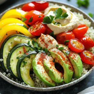 To make a tasty roasted vegetable grain bowl, you need these main ingredients: - 1 cup quinoa, rinsed - 2 cups vegetable broth or water - 1 red bell pepper, chopped - 1 yellow bell pepper, chopped - 1 zucchini, sliced - 1 cup cherry tomatoes, halved - 1 red onion, diced - 3 tablespoons olive oil - 1 teaspoon garlic powder - 1 teaspoon smoked paprika - Salt and pepper to taste These ingredients work well together. The quinoa gives you a nice base. The veggies add color and flavor. Roasting brings out their natural sweetness. You can make your grain bowl even better with these optional toppings: - 1 avocado, sliced - ½ cup hummus - Fresh parsley or cilantro for garnish Adding avocado gives a creamy texture. Hummus adds a rich taste. Fresh herbs bring brightness to your bowl. You can mix and match these toppings based on your taste. This bowl is not only tasty but also healthy. Here’s a quick look at the nutritional benefits: - Quinoa is a great source of protein and fiber. - The colorful vegetables provide vitamins and minerals. - Olive oil offers healthy fats. - Avocado adds heart-healthy nutrients. One serving gives you energy and keeps you full. Eating this bowl can help you feel good all day. For the full recipe, check out the details above. To start, rinse your quinoa in cold water. This helps remove any bitter taste. In a medium pot, combine 1 cup of quinoa with 2 cups of vegetable broth or water. Turn the heat to high and bring it to a boil. Once boiling, reduce the heat to low. Cover the pot and let it simmer for about 15 minutes. The quinoa will absorb the broth and become fluffy. After 15 minutes, take it off the heat and let it sit for a few minutes. Then, fluff it with a fork for a light and airy texture. While the quinoa cooks, prepare your vegetables. Preheat your oven to 400°F (200°C). On a large baking sheet, spread out the chopped red bell pepper, yellow bell pepper, sliced zucchini, halved cherry tomatoes, and diced red onion. Drizzle 3 tablespoons of olive oil on top. Then, sprinkle 1 teaspoon of garlic powder and 1 teaspoon of smoked paprika over the veggies. Add salt and pepper to taste. Toss everything together until each piece is coated in oil and seasonings. Roast the vegetables in your oven for 20 to 25 minutes. Stir them halfway through to ensure even cooking. They should turn tender and caramelized, adding sweet, rich flavors. Once the quinoa and vegetables are ready, it's time to assemble your grain bowl. Start with a generous scoop of quinoa as your base in each serving bowl. Top it with the roasted vegetables, making sure to spread them evenly. Next, add slices of avocado on top for creaminess. A dollop of hummus adds a nice touch, bringing in extra flavor and texture. Finally, garnish your bowl with freshly chopped parsley or cilantro for a pop of color and freshness. This dish is not only tasty but also bright and inviting. Enjoy your delicious creation! For the complete recipe, refer to the Full Recipe section. To roast vegetables well, you need to cut them into similar sizes. This ensures that they cook evenly. Use fresh veggies for the best flavor. Spread them out on the baking sheet. Avoid crowding, as this can lead to steaming instead of roasting. Drizzle with olive oil and season well with garlic powder, smoked paprika, salt, and pepper. Roast them at 400°F for 20-25 minutes. Stir halfway through to help them brown nicely. The aim is to get tender veggies with a slight caramelization that adds great taste. Cooking quinoa is simple, but it’s important to rinse it first. This removes a bitter coating. Use two cups of vegetable broth or water for every cup of quinoa. Bring it to a boil, then lower the heat. Cover the pot and let it simmer for about 15 minutes. Once done, fluff with a fork and let it sit for a few minutes. This helps it get light and fluffy, making it a perfect base for your bowl. When serving your roasted vegetable grain bowl, think about balance. Start with a base of fluffy quinoa. Add a generous portion of roasted vegetables on top. Slices of creamy avocado will add healthy fats. A dollop of hummus boosts the protein and flavor. For a fresh touch, sprinkle chopped parsley or cilantro on top. This not only looks nice but also adds a brightness that ties the dish together. You can also customize your bowl with nuts or seeds for extra crunch. Remember, the goal is to create a colorful and nutritious meal. For a full recipe, check out Roasted Rainbow Vegetable Grain Bowl. {{image_2}} You can switch things up with different grains. Quinoa is great, but try brown rice or farro. Both bring a nice chew and flavor. You might even enjoy barley for a nutty taste. Each grain adds a unique touch to your dish. Feel free to mix and match your veggies. Carrots, sweet potatoes, and broccoli roast well, too. You can use eggplant or asparagus for a different flavor. The key is to choose colors and textures that you love. Roasting brings out the natural sweetness in all vegetables. This bowl is naturally vegan and gluten-free. Use gluten-free grains like rice or millet. For a protein boost, add chickpeas or black beans. They make the bowl hearty and satisfying. You can also swap hummus with a nut-based dip for variety. These options keep your meal healthy and tasty. For the full recipe, check out the Roasted Rainbow Vegetable Grain Bowl. To store your roasted vegetable grain bowl, let it cool first. Place leftovers in an airtight container. You can keep it in the fridge for up to three days. The quinoa and veggies will stay fresh. Make sure to cover them well to avoid moisture loss. When you want to eat your leftovers, take them out of the fridge. You can reheat them in the microwave. Use a microwave-safe dish and cover it loosely. Heat for about one to two minutes. Stir halfway through to ensure even warmth. You can also reheat in a skillet over medium heat. Add a splash of water and cover it to steam. If you want to save your grain bowl for later, freezing is a good option. Pack the cooled bowl in a freezer-safe container. You can store it for up to three months. When you're ready to eat, thaw it overnight in the fridge. Reheat using the guidelines above. This method keeps your meal tasty and healthy. For the full recipe, check out the earlier section. To make a Roasted Vegetable Grain Bowl from scratch, you need a few key steps. First, cook the quinoa. Use one cup of quinoa and two cups of vegetable broth or water. Bring it to a boil, then lower the heat and let it simmer until fluffy. For the veggies, you’ll roast colorful bell peppers, zucchini, cherry tomatoes, and red onion. Toss them with olive oil, garlic powder, smoked paprika, salt, and pepper. Roast these veggies in a hot oven until tender. Finally, layer the quinoa with the roasted vegetables, add avocado, and a scoop of hummus for creaminess. Check the Full Recipe for all the details! You can customize this grain bowl in many ways! Add your favorite veggies or grains. Swap quinoa for brown rice or farro if you want. You can also mix in beans for extra protein. Try adding nuts or seeds for crunch. Herbs like basil or mint can give a fresh taste. If you like spice, add some jalapeños or hot sauce. The fun part is making it your own! Yes, you can prepare this grain bowl in advance! Cook the quinoa and roast the veggies ahead of time. Store them in separate containers in the fridge. When ready to eat, just assemble your bowl. You can also add avocado and hummus right before serving. This makes it easy to enjoy a healthy meal on busy days! In this post, I explored how to make a tasty roasted vegetable grain bowl. I covered key ingredients, from quinoa to your favorite veggies. You learned step-by-step instructions to prepare, roast, and assemble your bowl. I also shared helpful tips to make roasting easier and various ways to mix it up. Remember, you can store leftovers and even freeze portions for later. This dish is flexible and perfect for meal prep or family dinner. Enjoy creating your own unique grain bowl that is both healthy and satisfying.