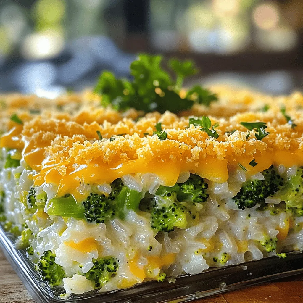 To make a delightful Cheesy Broccoli Rice Casserole, gather these ingredients: - 2 cups cooked white or brown rice - 2 cups fresh broccoli florets - 1 cup shredded cheddar cheese - 1 cup cream of mushroom soup - 1/2 cup milk - 1/2 teaspoon garlic powder - 1/2 teaspoon onion powder - 1/4 teaspoon black pepper - 1/2 teaspoon salt - 1/2 cup crispy breadcrumbs (optional, for topping) - 2 tablespoons olive oil or butter (for greasing) These ingredients bring together comfort and flavor. Using fresh broccoli adds a nice crunch. The cheese makes it creamy and rich. The cream of mushroom soup binds everything together. If you want a crispy top, the breadcrumbs are a great choice. You can also swap in different types of cheese if you prefer. Each ingredient plays a role, making this dish a favorite for many. For the full recipe, check the details above. - Preheat oven to 350°F (175°C). - Grease the casserole dish with olive oil or butter. - In a large mixing bowl, combine the cooked rice, broccoli florets, shredded cheddar cheese, cream of mushroom soup, and milk. - Add garlic powder, onion powder, black pepper, and salt. Mix well until everything is fully combined. - Pour the mixture into the greased casserole dish. Spread it evenly. - If you want a crunchy top, sprinkle crispy breadcrumbs over the mixture. - Bake in the oven for 25-30 minutes until the top is golden brown. This is how you create a delicious cheesy broccoli rice casserole. For the Full Recipe, check the ingredients above. Enjoy your cooking! - Ensure rice is fully cooked beforehand. - Mix well to ensure even distribution of ingredients. Cooking rice is key for this dish. If the rice is undercooked, it can ruin the texture. Always check the rice before mixing. A quick taste test lets you know if it’s good. When mixing the ingredients, don’t rush. Stir until every bit is coated. This step helps each bite taste great. - Serve garnished with parsley or extra cheese. - Suggest pairing options like salads or proteins. For a bright touch, add fresh parsley on top. Extra cheese can also make it tempting. Pair this casserole with a crisp salad or grilled chicken. These sides bring balance to your meal. You can also serve it with roasted veggies for color and flavor. - Avoid overcooking broccoli. - Ensure even baking for optimal texture. Broccoli cooks quickly, so watch it closely. Overcooking can make it mushy. You want the broccoli tender but still crisp. Also, make sure to spread the mixture evenly in the dish. This helps it bake evenly. An even bake gives the best texture and taste. Following these tips will make your casserole shine. Enjoy the full recipe for detailed steps. {{image_2}} If you want to change the cream of mushroom soup, you can make your own. Simply blend cooked mushrooms, milk, and a bit of flour. This creates a great base for the casserole. You can also try using different cheeses. Gouda adds a rich flavor, while mozzarella gives a nice stretch. Mixing these cheeses can give you a fun twist on the classic taste. For a gluten-free option, use gluten-free breadcrumbs on top. This keeps the crunch without the gluten. If you want a vegan version, swap out the milk and cheese for plant-based alternatives. Almond milk or oat milk works well. Vegan cheeses melt nicely and can take your dish to the next level. To boost flavor, consider adding cooked chicken or sausage. This turns the casserole into a hearty meal. You can also add more veggies like bell peppers or carrots. They bring color and extra nutrients to the dish. Mixing in these ingredients makes it even more satisfying. To keep your Cheesy Broccoli Rice Casserole fresh, store leftovers in an airtight container. This helps prevent moisture loss and keeps flavors intact. Allow the casserole to cool down before sealing it. If you have a large batch, consider dividing it into smaller portions. This makes it easier to reheat later. Freezing this casserole is simple. Here’s how you do it: 1. Cool Completely: Let the casserole cool to room temperature. 2. Wrap It Up: Use plastic wrap or aluminum foil to wrap the dish tightly. 3. Choose a Container: Place the wrapped casserole in a freezer-safe container for extra protection. 4. Label It: Write the date on the container. This helps you track how long it's been frozen. When you’re ready to eat, thaw the casserole overnight in the fridge. For reheating, put it in a preheated oven at 350°F (175°C) until hot, about 20-25 minutes. You can also microwave it on medium heat, stirring occasionally. In the refrigerator, your Cheesy Broccoli Rice Casserole lasts about 3-4 days. If you freeze it, it can last up to 2-3 months. Make sure to check for signs of freezer burn if stored longer. For the best taste, enjoy it sooner rather than later. You can prepare the casserole a day before. Simply follow the recipe up to the baking step. Cover the dish and store it in the fridge. When ready to bake, preheat your oven and add about 10 minutes to the baking time. This helps it heat evenly. This casserole pairs well with many dishes. You can serve it with grilled chicken or fish. A fresh salad adds a nice crunch too. If you want something simple, crusty bread works great. Yes, you can use frozen broccoli. Just thaw and drain it first. This helps avoid excess water in the casserole. Frozen broccoli is a great time-saver and still tastes good in the dish. Check for a golden brown top and bubbly edges. You can also insert a knife in the center. If it comes out hot, the casserole is ready. It usually takes about 25 to 30 minutes at 350°F. If you lack cream of mushroom soup, you have options. You can use cream of chicken soup or a homemade mix of milk and flour. A mix of yogurt and broth also works well. This keeps the dish creamy and delicious. For the full recipe, check the earlier section! You now have a simple recipe for Cheesy Broccoli Rice Casserole. We reviewed the key ingredients, preparation steps, and baking tips. Remember to avoid overcooking the broccoli for the best taste. You can also switch ingredients to make this dish your own. Store leftovers in airtight containers for up to a week. This casserole is easy to prepare and fun to share. Enjoy making a dish that brings smiles and warmth to your table.
