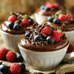 - 2 ripe avocados, peeled and pitted - 1/2 cup unsweetened cocoa powder - 1/2 cup maple syrup (or agave syrup) - 1/4 cup almond milk (or any milk of choice) - 1 teaspoon vanilla extract - A pinch of sea salt - Fresh berries (for garnish) - Shaved dark chocolate (for garnish) - Nut butters - Sweeteners alternatives - Flavor enhancers (like espresso or cinnamon) Using ripe avocados is key. They give this mousse a smooth and creamy texture. Cocoa powder adds rich chocolate flavor. Maple syrup sweetens the mix naturally. You can choose almond milk or any milk you like. Vanilla extract enhances the taste. A pinch of sea salt balances the sweetness. You can also get creative with add-ins. Try mixing in nut butters for extra creaminess. You can swap sweeteners if you prefer. Adding espresso or cinnamon can give a unique twist. This mousse is versatile and fun to make. For the full recipe, check the guidelines above. Enjoy personalizing this delicious dessert! To make Chocolate Avocado Mousse, you blend some tasty ingredients together. You want to achieve a smooth and creamy texture. This dessert feels rich and velvety on your tongue. Let's dive into the details. - Step 1: Combine ingredients in a blender Start by adding the ripe avocados, cocoa powder, maple syrup, almond milk, vanilla extract, and sea salt into your blender. Use ripe avocados for the best flavor and creaminess. - Step 2: Blend until smooth Blend on high speed. Keep blending until everything is completely smooth. Stop the blender and scrape down the sides if needed. This helps mix all the ingredients well. - Step 3: Taste and adjust flavors After blending, taste your mousse. If you want it sweeter, add a bit more maple syrup. Blend again if you adjust the sweetness. This step makes sure it fits your taste perfectly. - Step 4: Transfer and refrigerate Once you have your smooth mousse, transfer it into serving bowls or cups. Cover them and place them in the fridge for at least 30 minutes. This chilling time helps the flavors blend and the mousse to set. For serving, it's best to scoop the mousse into nice bowls. You can add fresh berries on top for color and flavor. Sprinkling shaved dark chocolate adds a lovely touch. This will make your dessert look as good as it tastes! For the full recipe, check out the details above. To make the best chocolate avocado mousse, start with ripe avocados. Ripe avocados are soft and creamy, which helps create a smooth texture. If they are too hard, your mousse will not blend well. To check ripeness, gently press the skin. If it gives slightly, it’s ready. For a creamy texture, blend the ingredients well. Use a high-speed blender or food processor. Scrape the sides down to ensure all is mixed. This step is key to avoiding lumps. Once blended, taste the mousse. If it needs more sweetness, add maple syrup and blend again. Sweetness is important in this dessert. You can adjust it easily. If your mousse tastes too bitter, add more maple syrup. Start with a tablespoon, blend, and taste again. This way, you can control the sweetness level to fit your taste. You can also add flavors that complement chocolate. A pinch of espresso powder can boost the chocolate taste. Alternatively, try a touch of cinnamon for warmth. These additions can elevate your mousse and impress your guests. Presentation matters when serving chocolate avocado mousse. For garnishing, fresh berries are a great choice. Strawberries, raspberries, or blueberries add color and a burst of flavor. You can also sprinkle shaved dark chocolate on top for a nice touch. When serving, consider using clear cups or jars. This allows guests to see the rich, dark color of the mousse. Layering it with berries and chocolate looks stunning. You can also serve it alongside a dollop of whipped cream for added richness. For the full recipe, check the detailed instructions above. {{image_2}} You can easily make this mousse vegan. Just use different sweeteners. Try coconut sugar or agave syrup. Both work great. For milk, use almond or coconut milk. These choices keep the mousse creamy and tasty. Want to spice things up? Add a dash of chili powder for warmth. If you love mint, toss in some fresh mint leaves. You can also swap cocoa for carob powder. Carob gives a unique twist. It makes the mousse taste a bit different. Serve your mousse in jars for a fun parfait. Layer it with fruit or granola for texture. You can also use small cups for a neat presentation. This way, everyone gets their own treat. The mousse looks great topped with berries and dark chocolate shavings. For the full recipe, check out the Chocolate Avocado Mousse section above! To keep your chocolate avocado mousse fresh, store it in an airtight container. This method prevents air from spoiling the mousse. You can also place a piece of plastic wrap directly on the mousse. This extra layer blocks air and helps keep it creamy. To prevent browning, use lemon juice on the surface before covering. The acid in lemon juice slows down the browning process. In the fridge, your mousse lasts about 3 to 5 days. If you need more time, you can freeze it. To freeze, scoop the mousse into ice cube trays. Once frozen, transfer the cubes to a freezer bag. This method allows you to take out small amounts as needed. The frozen mousse can last for about 2 months. You don’t need to reheat chocolate avocado mousse. If it’s too firm, let it sit at room temperature for about 10 minutes. This will restore its creamy texture. You can serve it cold for a refreshing treat or at room temperature for a softer taste. Always add fresh berries and shaved chocolate just before serving. This keeps them looking fresh and tasty. Can I use other sweeteners instead of maple syrup? Yes, you can use other sweeteners. Agave syrup works great. Honey is another option. Adjust the amount based on your taste. How long does Chocolate Avocado Mousse last in the fridge? This mousse can last about 3 to 5 days in the fridge. Make sure to cover it well. Use an airtight container to keep it fresh. Is this mousse suitable for vegans? Yes, this mousse is vegan-friendly. It has no dairy products. The ingredients are all plant-based. What are the health benefits of avocado? Avocados are full of good fats. They are high in fiber and vitamins. They can help lower bad cholesterol. This makes them heart-healthy. How does this dessert compare to traditional chocolate mousse? Chocolate avocado mousse is healthier. It has less sugar and no heavy cream. You still get rich chocolate flavor. It offers creaminess without the guilt. What to do if the mousse is too thick? If your mousse is too thick, add a bit more milk. Blend again until it reaches your desired consistency. This helps make it smooth and creamy. How can I enhance the chocolate flavor? To boost the chocolate flavor, add a bit of espresso powder. You can also use a higher quality cocoa powder. This adds depth to the taste. For the full recipe, check out the details above! You can whip up a tasty chocolate avocado mousse with simple steps. We explored fresh ingredients and optional add-ins to enhance flavor. I provided tips to achieve perfect texture and visual appeal. Remember, you can adjust sweetness and try different flavors. Store it well to keep it fresh. This dessert is a great vegan choice that’s both healthy and delicious. Dive in, enjoy, and get creative with your own variations!