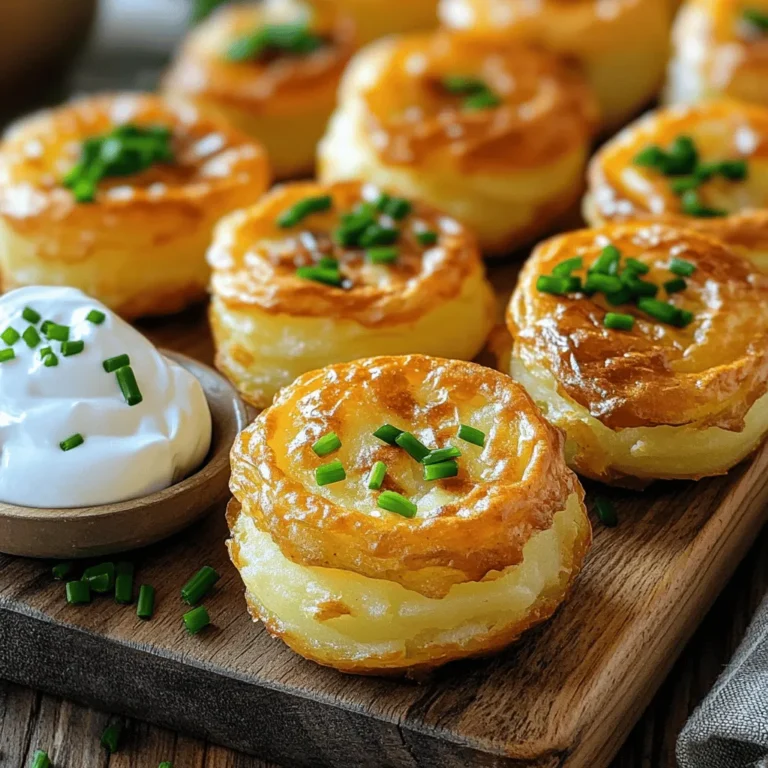 - 2 large russet potatoes, peeled and cubed - 1/2 cup cream cheese, softened - 1/4 cup grated Parmesan cheese - 1/4 cup sour cream - 1/2 teaspoon garlic powder - 1/2 teaspoon onion powder - 1/4 teaspoon black pepper - Salt to taste - 1/2 cup all-purpose flour - 1/2 teaspoon baking powder - 1/4 cup chopped chives (for garnish) - Oil for frying When making creamy potato puffs, start with fresh ingredients. Fresh potatoes give the best taste. I love russet potatoes for their fluffy texture. Cream cheese adds a rich and creamy feel. Parmesan cheese provides a nice sharp flavor. Sour cream gives a tangy twist that brightens the dish. You can swap out some ingredients if you want. For instance, use ricotta cheese instead of cream cheese. Cheddar or mozzarella cheese also works well. If you need a gluten-free option, try almond flour instead of all-purpose flour. Each serving of creamy potato puffs has about 300 calories. You will get around 15 grams of fat. Each serving also has 35 grams of carbs and 6 grams of protein. Knowing this helps you manage your diet while enjoying delicious food. For the full recipe, check out the detailed steps to create these yummy puffs. - Boil the potatoes in salted water until tender. - Drain and cool slightly. Start by filling a large pot with water. Add salt to the water. Bring it to a boil. Once boiling, add the cubed potatoes. Cook them for about 15 minutes or until they are tender. You can check this by poking them with a fork. When they are soft, drain the water and let the potatoes cool for a few minutes. - Mash the potatoes thoroughly. - Mix in cream cheese and other ingredients. Next, take the cooled potatoes and place them in a mixing bowl. Use a potato masher to mash them until smooth. This step is key for a creamy texture. Now, add in the cream cheese, Parmesan cheese, sour cream, garlic powder, onion powder, black pepper, and salt. Mix everything together until well blended. The mixture should be creamy and flavorful. - Prepare the dough with flour and baking powder. - Shape the puffs and fry until golden brown. In another bowl, combine the all-purpose flour and baking powder. Gradually add this flour mix to the potato mixture. Stir until a soft dough forms. It should be slightly sticky but easy to handle. With floured hands, take small pieces of dough and shape them into balls or ovals. Aim for golf ball-sized portions. Next, heat about 2 inches of oil in a deep frying pan over medium heat. You want the oil to be hot, around 350°F (175°C). Carefully drop a few puffs into the oil, making sure not to crowd the pan. Fry each puff for about 3-4 minutes on each side. They should turn golden brown and crispy. Use a slotted spoon to take them out and set them on paper towels to drain excess oil. Enjoy these tasty bites! How to tell when the potatoes are done You can tell when the potatoes are done by poking them with a fork. If the fork goes in easily, they are ready. This usually takes around 15 minutes of boiling. Don’t rush this step; it’s key for a creamy texture. Importance of mixing without overworking the dough When you mix the potatoes and other ingredients, do it gently. Overworking the dough can make the puffs tough. You want a light and airy texture. Aim for just enough mixing to combine everything well. Ideal oil temperature for frying The oil should be about 350°F (175°C). You can test this by dropping a small piece of dough into the oil. If it sizzles and rises to the top, you’re good to go. Hot oil ensures a crispy outer layer while keeping the inside creamy. Avoiding soggy puffs To prevent soggy puffs, don’t overcrowd the frying pan. Fry only a few at a time. If you add too many, the oil temperature drops, and this makes them soggy. Frying them in small batches keeps them crispy and delicious. Best dips to accompany creamy potato puffs Creamy potato puffs pair well with a variety of dips. Sour cream is a classic choice. You can also try ranch dressing or a spicy aioli. These dips add flavor and make the puffs even more enjoyable. Presentation tips for enhancing appeal Presentation matters! Serve the puffs on a rustic wooden board. Add a small bowl of sour cream for dipping. Sprinkle extra chives on top for color. This not only looks great but also makes your dish stand out. For the full recipe, check the section above. {{image_2}} You can easily change the taste of creamy potato puffs. Adding spices can make them pop. For a smoky flavor, try paprika. If you want some warmth, cumin works well. Both spices can take your puffs to the next level. You can also add vegetables for extra flavor and color. Spinach and chives mix well with the creamy base. They add a nice touch and boost nutrition. If you're looking for vegetarian options, you can keep the recipe as is. Just skip any meat-based toppings. For a low-carb or keto-friendly version, swap out the flour. Use almond flour instead. This change keeps the puffs light but still tasty. You can enjoy your creamy potato puffs without guilt. You have choices when it comes to cooking methods. Frying gives you that crisp outside. But baking is a great option for a lighter version. Baking uses less oil, making it a healthier alternative. If you own an air fryer, you're in luck! You can make creamy potato puffs with even less oil. Just set it to 375°F and cook until golden brown. Each method offers a unique texture and flavor, so try them all! For the detailed recipe, check out the Full Recipe. To keep your creamy potato puffs fresh, use the fridge. Place them in an airtight container. This helps maintain their texture and flavor. They will last for about 3 days. If you want to store them longer, freezing is a great option. To freeze, first cool the puffs completely. Then, arrange them in a single layer on a baking sheet. Once frozen, transfer them to a freezer bag. This way, they won’t stick together. They can stay in the freezer for up to 3 months. When it comes to reheating, the oven is best. Preheat your oven to 375°F (190°C). Place the puffs on a baking sheet. Heat for about 10-15 minutes until they are warm and crispy. The microwave is quicker but may make them soggy. If you use the microwave, heat them in small bursts. Check every 30 seconds. To keep their texture, consider placing a paper towel under them. This absorbs moisture and helps them stay tasty. How do I prevent potato puffs from falling apart? To keep your potato puffs from falling apart, make sure to mash the potatoes well. Mix in the cream cheese and other ingredients thoroughly. When shaping the puffs, keep your hands floured to prevent sticking. Finally, do not skip the flour and baking powder; they help bind the dough. Can I prepare the dough in advance? Yes, you can prepare the dough in advance. Shape the puffs and place them on a baking sheet. Cover them with plastic wrap and store in the fridge for up to 24 hours. When you are ready to fry, just heat the oil and cook them straight from the fridge. What can I serve with creamy potato puffs? Creamy potato puffs pair well with many dips. I suggest serving them with sour cream or a spicy aioli. You can also add a fresh salad on the side for a balanced meal. These puffs are great for parties or as a snack. What makes this recipe unique compared to others? This recipe stands out due to its creamy filling. The mix of cream cheese, sour cream, and Parmesan cheese creates a rich taste. Many recipes use just mashed potatoes, but this one has added creaminess and flavor. The combination of garlic and onion powder also gives it a special twist. Are there any famous variations on creamy potato puffs? Yes, there are many variations. In some cultures, people add herbs or spices like dill or paprika. Others include chopped vegetables like spinach or cheese varieties like cheddar. Each version brings a unique flavor, but the core idea remains the same: delicious potato puffs. Can I make these puffs in advance for a party? Absolutely! You can prepare and shape the puffs ahead of time. Just keep them in the fridge until your guests arrive. Fry them fresh right before serving for the best taste and texture. This way, you can enjoy the party without rushing. How do I make them spicier? To spice up your creamy potato puffs, add some cayenne pepper or chili flakes to the mix. You can also serve them with a spicy dipping sauce. If you want a stronger flavor, try adding jalapeños or hot sauce to the filling. You now have all the tools to make delicious creamy potato puffs. We covered the key ingredients, cooking steps, and helpful tips. You can also explore many variations to suit your taste. Remember, storing leftovers properly helps maintain their crispy texture. Enjoy serving these tasty treats at your next gathering or family meal. With practice, you'll master this recipe and impress everyone. Now, get cooking and make those puffs shine!