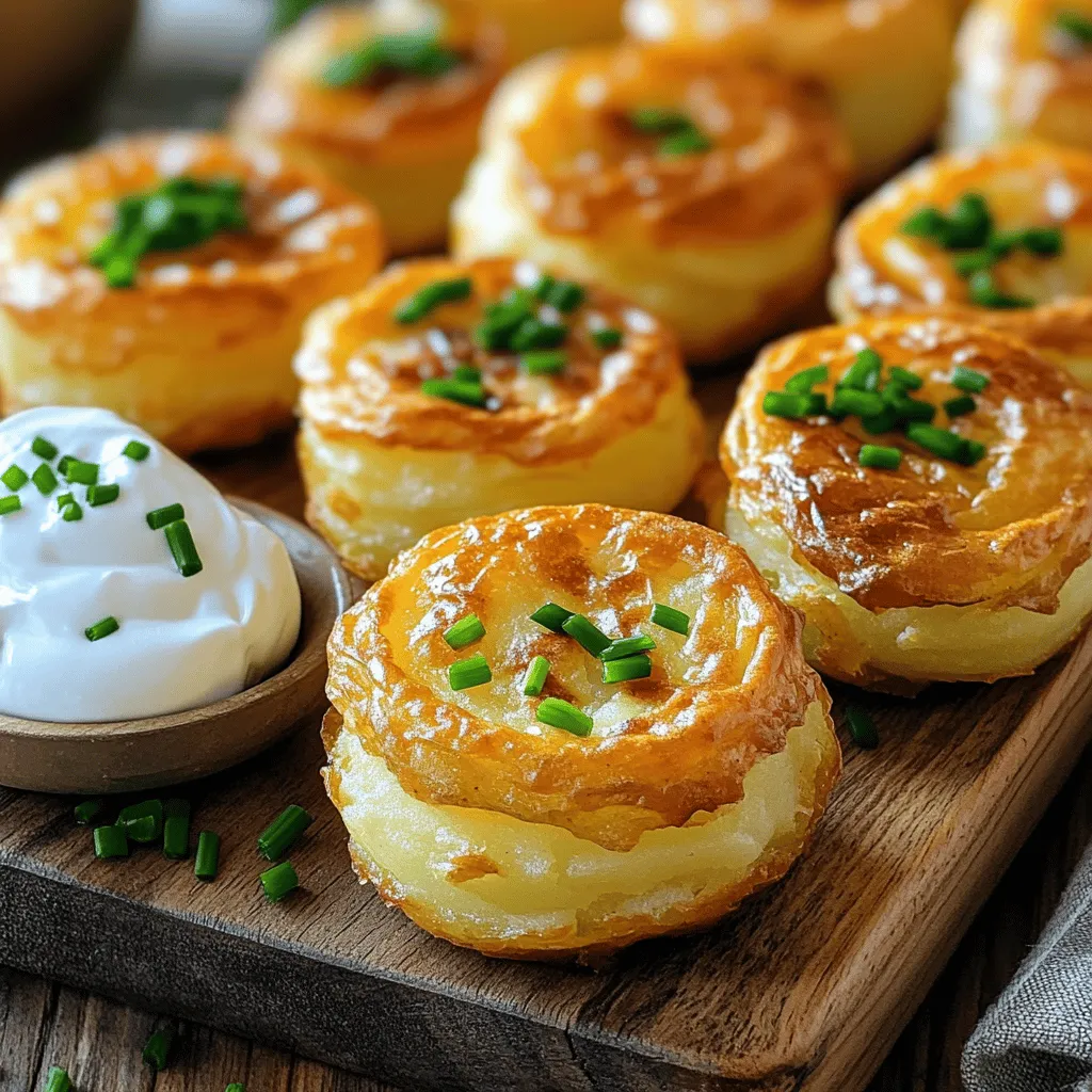 - 2 large russet potatoes, peeled and cubed - 1/2 cup cream cheese, softened - 1/4 cup grated Parmesan cheese - 1/4 cup sour cream - 1/2 teaspoon garlic powder - 1/2 teaspoon onion powder - 1/4 teaspoon black pepper - Salt to taste - 1/2 cup all-purpose flour - 1/2 teaspoon baking powder - 1/4 cup chopped chives (for garnish) - Oil for frying When making creamy potato puffs, start with fresh ingredients. Fresh potatoes give the best taste. I love russet potatoes for their fluffy texture. Cream cheese adds a rich and creamy feel. Parmesan cheese provides a nice sharp flavor. Sour cream gives a tangy twist that brightens the dish. You can swap out some ingredients if you want. For instance, use ricotta cheese instead of cream cheese. Cheddar or mozzarella cheese also works well. If you need a gluten-free option, try almond flour instead of all-purpose flour. Each serving of creamy potato puffs has about 300 calories. You will get around 15 grams of fat. Each serving also has 35 grams of carbs and 6 grams of protein. Knowing this helps you manage your diet while enjoying delicious food. For the full recipe, check out the detailed steps to create these yummy puffs. - Boil the potatoes in salted water until tender. - Drain and cool slightly. Start by filling a large pot with water. Add salt to the water. Bring it to a boil. Once boiling, add the cubed potatoes. Cook them for about 15 minutes or until they are tender. You can check this by poking them with a fork. When they are soft, drain the water and let the potatoes cool for a few minutes. - Mash the potatoes thoroughly. - Mix in cream cheese and other ingredients. Next, take the cooled potatoes and place them in a mixing bowl. Use a potato masher to mash them until smooth. This step is key for a creamy texture. Now, add in the cream cheese, Parmesan cheese, sour cream, garlic powder, onion powder, black pepper, and salt. Mix everything together until well blended. The mixture should be creamy and flavorful. - Prepare the dough with flour and baking powder. - Shape the puffs and fry until golden brown. In another bowl, combine the all-purpose flour and baking powder. Gradually add this flour mix to the potato mixture. Stir until a soft dough forms. It should be slightly sticky but easy to handle. With floured hands, take small pieces of dough and shape them into balls or ovals. Aim for golf ball-sized portions. Next, heat about 2 inches of oil in a deep frying pan over medium heat. You want the oil to be hot, around 350°F (175°C). Carefully drop a few puffs into the oil, making sure not to crowd the pan. Fry each puff for about 3-4 minutes on each side. They should turn golden brown and crispy. Use a slotted spoon to take them out and set them on paper towels to drain excess oil. Enjoy these tasty bites! How to tell when the potatoes are done You can tell when the potatoes are done by poking them with a fork. If the fork goes in easily, they are ready. This usually takes around 15 minutes of boiling. Don’t rush this step; it’s key for a creamy texture. Importance of mixing without overworking the dough When you mix the potatoes and other ingredients, do it gently. Overworking the dough can make the puffs tough. You want a light and airy texture. Aim for just enough mixing to combine everything well. Ideal oil temperature for frying The oil should be about 350°F (175°C). You can test this by dropping a small piece of dough into the oil. If it sizzles and rises to the top, you’re good to go. Hot oil ensures a crispy outer layer while keeping the inside creamy. Avoiding soggy puffs To prevent soggy puffs, don’t overcrowd the frying pan. Fry only a few at a time. If you add too many, the oil temperature drops, and this makes them soggy. Frying them in small batches keeps them crispy and delicious. Best dips to accompany creamy potato puffs Creamy potato puffs pair well with a variety of dips. Sour cream is a classic choice. You can also try ranch dressing or a spicy aioli. These dips add flavor and make the puffs even more enjoyable. Presentation tips for enhancing appeal Presentation matters! Serve the puffs on a rustic wooden board. Add a small bowl of sour cream for dipping. Sprinkle extra chives on top for color. This not only looks great but also makes your dish stand out. For the full recipe, check the section above. {{image_2}} You can easily change the taste of creamy potato puffs. Adding spices can make them pop. For a smoky flavor, try paprika. If you want some warmth, cumin works well. Both spices can take your puffs to the next level. You can also add vegetables for extra flavor and color. Spinach and chives mix well with the creamy base. They add a nice touch and boost nutrition. If you're looking for vegetarian options, you can keep the recipe as is. Just skip any meat-based toppings. For a low-carb or keto-friendly version, swap out the flour. Use almond flour instead. This change keeps the puffs light but still tasty. You can enjoy your creamy potato puffs without guilt. You have choices when it comes to cooking methods. Frying gives you that crisp outside. But baking is a great option for a lighter version. Baking uses less oil, making it a healthier alternative. If you own an air fryer, you're in luck! You can make creamy potato puffs with even less oil. Just set it to 375°F and cook until golden brown. Each method offers a unique texture and flavor, so try them all! For the detailed recipe, check out the Full Recipe. To keep your creamy potato puffs fresh, use the fridge. Place them in an airtight container. This helps maintain their texture and flavor. They will last for about 3 days. If you want to store them longer, freezing is a great option. To freeze, first cool the puffs completely. Then, arrange them in a single layer on a baking sheet. Once frozen, transfer them to a freezer bag. This way, they won’t stick together. They can stay in the freezer for up to 3 months. When it comes to reheating, the oven is best. Preheat your oven to 375°F (190°C). Place the puffs on a baking sheet. Heat for about 10-15 minutes until they are warm and crispy. The microwave is quicker but may make them soggy. If you use the microwave, heat them in small bursts. Check every 30 seconds. To keep their texture, consider placing a paper towel under them. This absorbs moisture and helps them stay tasty. How do I prevent potato puffs from falling apart? To keep your potato puffs from falling apart, make sure to mash the potatoes well. Mix in the cream cheese and other ingredients thoroughly. When shaping the puffs, keep your hands floured to prevent sticking. Finally, do not skip the flour and baking powder; they help bind the dough. Can I prepare the dough in advance? Yes, you can prepare the dough in advance. Shape the puffs and place them on a baking sheet. Cover them with plastic wrap and store in the fridge for up to 24 hours. When you are ready to fry, just heat the oil and cook them straight from the fridge. What can I serve with creamy potato puffs? Creamy potato puffs pair well with many dips. I suggest serving them with sour cream or a spicy aioli. You can also add a fresh salad on the side for a balanced meal. These puffs are great for parties or as a snack. What makes this recipe unique compared to others? This recipe stands out due to its creamy filling. The mix of cream cheese, sour cream, and Parmesan cheese creates a rich taste. Many recipes use just mashed potatoes, but this one has added creaminess and flavor. The combination of garlic and onion powder also gives it a special twist. Are there any famous variations on creamy potato puffs? Yes, there are many variations. In some cultures, people add herbs or spices like dill or paprika. Others include chopped vegetables like spinach or cheese varieties like cheddar. Each version brings a unique flavor, but the core idea remains the same: delicious potato puffs. Can I make these puffs in advance for a party? Absolutely! You can prepare and shape the puffs ahead of time. Just keep them in the fridge until your guests arrive. Fry them fresh right before serving for the best taste and texture. This way, you can enjoy the party without rushing. How do I make them spicier? To spice up your creamy potato puffs, add some cayenne pepper or chili flakes to the mix. You can also serve them with a spicy dipping sauce. If you want a stronger flavor, try adding jalapeños or hot sauce to the filling. You now have all the tools to make delicious creamy potato puffs. We covered the key ingredients, cooking steps, and helpful tips. You can also explore many variations to suit your taste. Remember, storing leftovers properly helps maintain their crispy texture. Enjoy serving these tasty treats at your next gathering or family meal. With practice, you'll master this recipe and impress everyone. Now, get cooking and make those puffs shine!