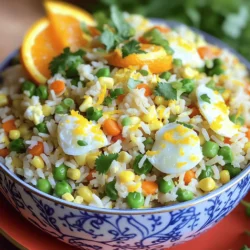 To make this tasty fried rice, you need the following items: - 3 cups cooked jasmine rice (preferably day-old) - 2 tablespoons vegetable oil - 1 medium onion, diced - 2 cloves garlic, minced - 1 cup mixed vegetables (peas, carrots, corn) - 2 large eggs, beaten - 2 tablespoons soy sauce - 1 tablespoon citrus zest (lime or orange) - 2 tablespoons fresh citrus juice (lime or orange) - 1 green onion, sliced - Salt and pepper to taste - Optional: Fresh cilantro for garnish Using day-old rice is key for perfect fried rice. Fresh rice is moist and sticky. This can make your fried rice clump together. Day-old rice has dried out a bit, making it easier to fry. It keeps each grain separate. This means you get that nice texture and the flavors blend better. If you don't have day-old rice, try spreading fresh rice on a tray. Let it cool for about 30 minutes before using. Fried rice is fun because it's easy to customize. You can add extra flavors or ingredients you love. Here are some great options: - Protein: Chicken, shrimp, or tofu add heartiness. - Veggies: Bell peppers, broccoli, or snap peas can add crunch. - Spices: A pinch of chili flakes can spice it up. - Herbs: Fresh basil or mint can bring a unique taste. Feel free to mix and match these ingredients to make the dish your own! For the full recipe, see above. To make fried rice, gather all your ingredients first. Using day-old rice helps to get a great texture. You will need: - 3 cups cooked jasmine rice (preferably day-old) - 2 tablespoons vegetable oil - 1 medium onion, diced - 2 cloves garlic, minced - 1 cup mixed vegetables (peas, carrots, corn) - 2 large eggs, beaten - 2 tablespoons soy sauce - 1 tablespoon citrus zest (lime or orange) - 2 tablespoons fresh citrus juice (lime or orange) - 1 green onion, sliced - Salt and pepper to taste - Optional: Fresh cilantro for garnish 1. Start by heating the vegetable oil in a large skillet or wok over medium-high heat. 2. Add the diced onion. Sauté for 2-3 minutes until it becomes translucent. 3. Stir in the minced garlic, cooking for another 30 seconds until you smell its aroma. 4. Toss in the mixed vegetables. Cook for about 3-4 minutes, stirring often. 5. Move the veggie mix to one side of the skillet. Pour the beaten eggs into the empty side. Scramble the eggs until they are fully cooked, then mix everything together. 6. Add the cooked jasmine rice to the skillet. Break up any clumps with a spatula. Pour in the soy sauce, citrus zest, and fresh citrus juice. Stir well to mix all the ingredients. 7. Cook for an additional 3-5 minutes. This helps the rice crisp slightly at the bottom. Optionally, you can cover the skillet with a lid to steam the rice a bit. 8. Season with salt and pepper to taste. Adjust the flavors based on your liking. 9. Just before serving, stir in the sliced green onion. Using day-old rice is crucial. Fresh rice can get mushy. The high heat helps create a nice texture. Stir it often but let it sit for a minute to get a little crispy. This adds a great crunch to your dish. For best results, use a large skillet or wok. This allows even cooking and prevents steaming. Always have your ingredients ready to go. This keeps the cooking process quick and fun. Enjoy making your fried rice! To get the best flavor in your fried rice, use day-old jasmine rice. Fresh rice can be too wet and sticky. The dry grains fry better and soak up flavors well. Add some citrus zest and juice for a bright taste. It makes the dish pop! Use fresh garlic and onion for a nice base. Sauté them until soft, but don’t burn them. This adds great depth to your dish. One common mistake is overcrowding the pan. If you put too much rice at once, it can steam instead of fry. This makes it soggy. Stir often to keep things moving. Another mistake is not seasoning enough. Taste as you cook. Adjust the salt and pepper to your liking. This ensures each bite is tasty. Lastly, don’t skip the green onion. It adds a fresh crunch! You can use either a wok or a skillet for this dish. A wok heats evenly and allows for great tossing. This helps everything cook fast. However, a large skillet works just as well. Both can achieve a nice crisp on the rice. Choose what you have! Just make sure the pan is hot before adding the oil. This helps to seal in flavors right from the start. For the full recipe, check out the Sizzling Citrus Fried Rice above! {{image_2}} You can make fried rice vegetarian by using fresh veggies. Try bell peppers, broccoli, and zucchini. You can also add more green peas or carrots. For more flavor, toss in some mushrooms or spinach. This way, you keep it colorful and tasty. A sprinkle of sesame oil can add a nice touch too. Adding protein makes fried rice more filling. You can use chicken, shrimp, or tofu. If you use chicken, cook it first, then set it aside. For shrimp, just add it when the veggies are almost done. If you choose tofu, press it to remove water, then cut it into cubes. Sauté the tofu until golden. Mix your protein back in before serving for a hearty meal. Fried rice changes with each culture. In Thai fried rice, you can add basil and fish sauce. This gives it a unique flavor. Chinese fried rice uses soy sauce and green onions for depth. You can also try Indian influences by adding peas and spices like cumin. Each style brings something new to the table. You can create your own twist on this classic dish. For the complete recipe, check out the Full Recipe section. Storing your fried rice is easy. First, let it cool to room temperature. Then, place it in an airtight container. This keeps moisture out and helps the rice stay fresh. You can store it in the fridge for up to four days. If you want to keep it longer, freezing is a great option. When you’re ready to eat the leftovers, you can reheat them on the stove or in the microwave. For the stove, add a splash of water or oil to a skillet. Heat over medium heat, stirring often. This helps the rice warm evenly. In the microwave, cover the bowl with a damp paper towel. This keeps the rice from drying out. Heat it in short bursts, stirring in between. Freezing fried rice is a smart way to save it for later. After cooling, scoop portions into freezer-safe bags. Remove as much air as possible before sealing. Flatten the bags for easy stacking. Your fried rice can last up to three months in the freezer. When you’re ready to eat, thaw it in the fridge overnight before reheating. Enjoy your delicious meal anytime! For the full recipe, check the section above. The best rice for fried rice is jasmine rice. This rice has a nice texture and flavor. It is soft and sticky, which helps it hold together. Using day-old rice is even better. It dries out a bit, making it less sticky. This helps your fried rice stay fluffy and not clump together. You want each grain to shine! Yes, you can make fried rice without soy sauce. Soy sauce adds salt and flavor, but there are good swaps. You can use coconut aminos for a sweet, salty taste. You could also try tamari if you need a gluten-free option. For a tangy twist, add lemon or lime juice. Just remember to adjust salt to keep the flavor balanced. You can make fried rice in a large skillet or frying pan. The key is to use a pan with a wide base. This allows the rice to cook evenly and get that nice crisp. Heat your pan over medium-high heat and add oil. Then, follow the same steps as you would in a wok. Stir often to prevent burning and to get that delicious flavor. This article showed how to make great fried rice. We discussed key ingredients and why day-old rice matters. You learned step-by-step cooking tips for perfect results. We also explored ways to customize your dish, like adding proteins and different flavors from around the world. Don't forget to store and reheat your leftovers properly. Fried rice is easy and fun to make at home. Use this info to create tasty meals that you and others will love. Happy cooking!
