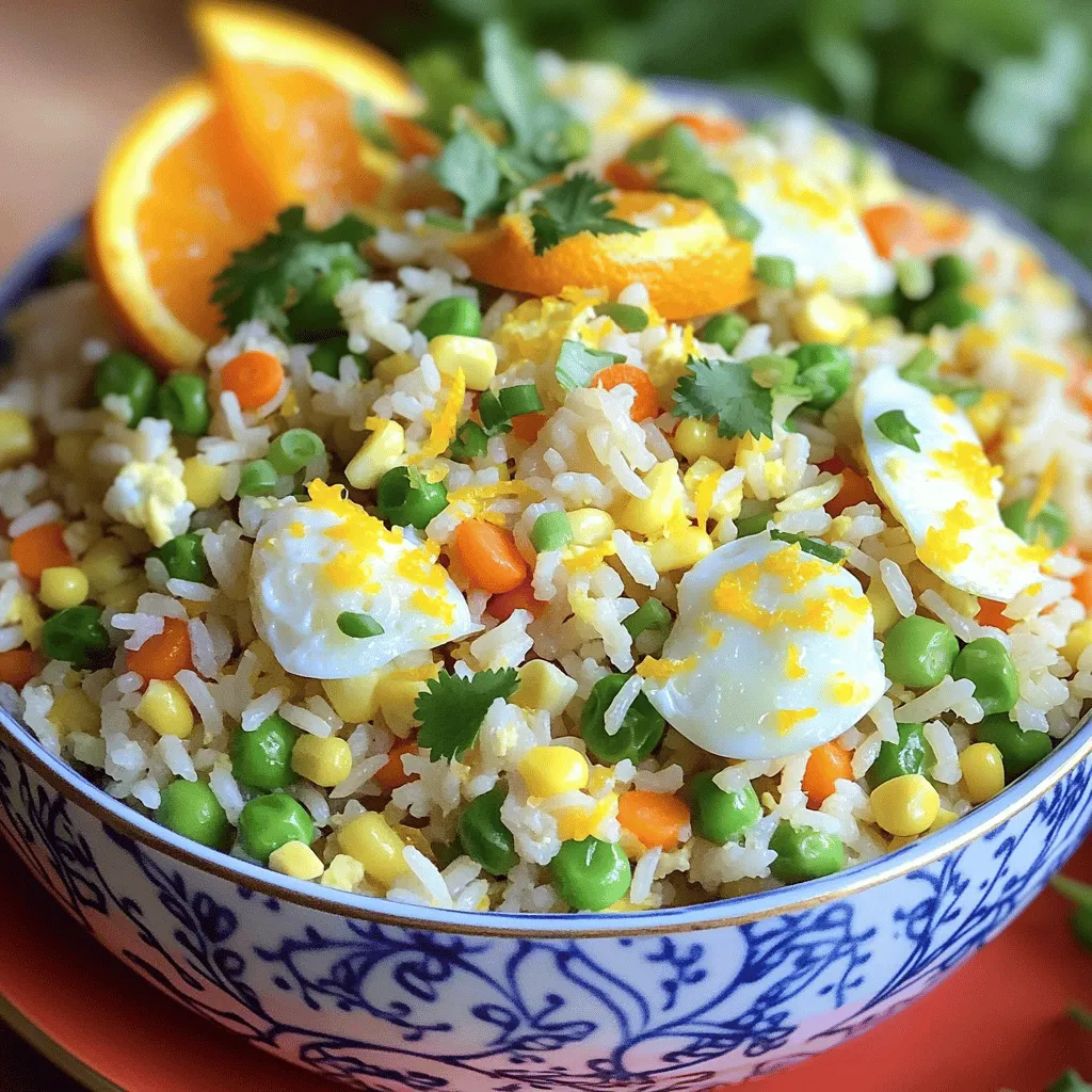 To make this tasty fried rice, you need the following items: - 3 cups cooked jasmine rice (preferably day-old) - 2 tablespoons vegetable oil - 1 medium onion, diced - 2 cloves garlic, minced - 1 cup mixed vegetables (peas, carrots, corn) - 2 large eggs, beaten - 2 tablespoons soy sauce - 1 tablespoon citrus zest (lime or orange) - 2 tablespoons fresh citrus juice (lime or orange) - 1 green onion, sliced - Salt and pepper to taste - Optional: Fresh cilantro for garnish Using day-old rice is key for perfect fried rice. Fresh rice is moist and sticky. This can make your fried rice clump together. Day-old rice has dried out a bit, making it easier to fry. It keeps each grain separate. This means you get that nice texture and the flavors blend better. If you don't have day-old rice, try spreading fresh rice on a tray. Let it cool for about 30 minutes before using. Fried rice is fun because it's easy to customize. You can add extra flavors or ingredients you love. Here are some great options: - Protein: Chicken, shrimp, or tofu add heartiness. - Veggies: Bell peppers, broccoli, or snap peas can add crunch. - Spices: A pinch of chili flakes can spice it up. - Herbs: Fresh basil or mint can bring a unique taste. Feel free to mix and match these ingredients to make the dish your own! For the full recipe, see above. To make fried rice, gather all your ingredients first. Using day-old rice helps to get a great texture. You will need: - 3 cups cooked jasmine rice (preferably day-old) - 2 tablespoons vegetable oil - 1 medium onion, diced - 2 cloves garlic, minced - 1 cup mixed vegetables (peas, carrots, corn) - 2 large eggs, beaten - 2 tablespoons soy sauce - 1 tablespoon citrus zest (lime or orange) - 2 tablespoons fresh citrus juice (lime or orange) - 1 green onion, sliced - Salt and pepper to taste - Optional: Fresh cilantro for garnish 1. Start by heating the vegetable oil in a large skillet or wok over medium-high heat. 2. Add the diced onion. Sauté for 2-3 minutes until it becomes translucent. 3. Stir in the minced garlic, cooking for another 30 seconds until you smell its aroma. 4. Toss in the mixed vegetables. Cook for about 3-4 minutes, stirring often. 5. Move the veggie mix to one side of the skillet. Pour the beaten eggs into the empty side. Scramble the eggs until they are fully cooked, then mix everything together. 6. Add the cooked jasmine rice to the skillet. Break up any clumps with a spatula. Pour in the soy sauce, citrus zest, and fresh citrus juice. Stir well to mix all the ingredients. 7. Cook for an additional 3-5 minutes. This helps the rice crisp slightly at the bottom. Optionally, you can cover the skillet with a lid to steam the rice a bit. 8. Season with salt and pepper to taste. Adjust the flavors based on your liking. 9. Just before serving, stir in the sliced green onion. Using day-old rice is crucial. Fresh rice can get mushy. The high heat helps create a nice texture. Stir it often but let it sit for a minute to get a little crispy. This adds a great crunch to your dish. For best results, use a large skillet or wok. This allows even cooking and prevents steaming. Always have your ingredients ready to go. This keeps the cooking process quick and fun. Enjoy making your fried rice! To get the best flavor in your fried rice, use day-old jasmine rice. Fresh rice can be too wet and sticky. The dry grains fry better and soak up flavors well. Add some citrus zest and juice for a bright taste. It makes the dish pop! Use fresh garlic and onion for a nice base. Sauté them until soft, but don’t burn them. This adds great depth to your dish. One common mistake is overcrowding the pan. If you put too much rice at once, it can steam instead of fry. This makes it soggy. Stir often to keep things moving. Another mistake is not seasoning enough. Taste as you cook. Adjust the salt and pepper to your liking. This ensures each bite is tasty. Lastly, don’t skip the green onion. It adds a fresh crunch! You can use either a wok or a skillet for this dish. A wok heats evenly and allows for great tossing. This helps everything cook fast. However, a large skillet works just as well. Both can achieve a nice crisp on the rice. Choose what you have! Just make sure the pan is hot before adding the oil. This helps to seal in flavors right from the start. For the full recipe, check out the Sizzling Citrus Fried Rice above! {{image_2}} You can make fried rice vegetarian by using fresh veggies. Try bell peppers, broccoli, and zucchini. You can also add more green peas or carrots. For more flavor, toss in some mushrooms or spinach. This way, you keep it colorful and tasty. A sprinkle of sesame oil can add a nice touch too. Adding protein makes fried rice more filling. You can use chicken, shrimp, or tofu. If you use chicken, cook it first, then set it aside. For shrimp, just add it when the veggies are almost done. If you choose tofu, press it to remove water, then cut it into cubes. Sauté the tofu until golden. Mix your protein back in before serving for a hearty meal. Fried rice changes with each culture. In Thai fried rice, you can add basil and fish sauce. This gives it a unique flavor. Chinese fried rice uses soy sauce and green onions for depth. You can also try Indian influences by adding peas and spices like cumin. Each style brings something new to the table. You can create your own twist on this classic dish. For the complete recipe, check out the Full Recipe section. Storing your fried rice is easy. First, let it cool to room temperature. Then, place it in an airtight container. This keeps moisture out and helps the rice stay fresh. You can store it in the fridge for up to four days. If you want to keep it longer, freezing is a great option. When you’re ready to eat the leftovers, you can reheat them on the stove or in the microwave. For the stove, add a splash of water or oil to a skillet. Heat over medium heat, stirring often. This helps the rice warm evenly. In the microwave, cover the bowl with a damp paper towel. This keeps the rice from drying out. Heat it in short bursts, stirring in between. Freezing fried rice is a smart way to save it for later. After cooling, scoop portions into freezer-safe bags. Remove as much air as possible before sealing. Flatten the bags for easy stacking. Your fried rice can last up to three months in the freezer. When you’re ready to eat, thaw it in the fridge overnight before reheating. Enjoy your delicious meal anytime! For the full recipe, check the section above. The best rice for fried rice is jasmine rice. This rice has a nice texture and flavor. It is soft and sticky, which helps it hold together. Using day-old rice is even better. It dries out a bit, making it less sticky. This helps your fried rice stay fluffy and not clump together. You want each grain to shine! Yes, you can make fried rice without soy sauce. Soy sauce adds salt and flavor, but there are good swaps. You can use coconut aminos for a sweet, salty taste. You could also try tamari if you need a gluten-free option. For a tangy twist, add lemon or lime juice. Just remember to adjust salt to keep the flavor balanced. You can make fried rice in a large skillet or frying pan. The key is to use a pan with a wide base. This allows the rice to cook evenly and get that nice crisp. Heat your pan over medium-high heat and add oil. Then, follow the same steps as you would in a wok. Stir often to prevent burning and to get that delicious flavor. This article showed how to make great fried rice. We discussed key ingredients and why day-old rice matters. You learned step-by-step cooking tips for perfect results. We also explored ways to customize your dish, like adding proteins and different flavors from around the world. Don't forget to store and reheat your leftovers properly. Fried rice is easy and fun to make at home. Use this info to create tasty meals that you and others will love. Happy cooking!
