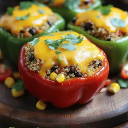 To make Savory Quinoa Stuffed Peppers, you'll need these key items: - 4 large bell peppers (any color) - 1 cup quinoa, rinsed and drained - 2 cups vegetable broth - 1 cup black beans, rinsed and drained - 1 cup corn (fresh, frozen, or canned) - 1 small red onion, finely chopped - 2 cloves garlic, minced - 1 teaspoon ground cumin - 1 teaspoon chili powder - Salt and pepper, to taste - 1 cup diced tomatoes (fresh or canned) - 1 cup shredded cheese (cheddar or mozzarella) - Fresh cilantro, chopped (for garnish) Using good quality ingredients makes a big difference in taste. Here are my top picks: - Choose organic bell peppers for better flavor and nutrition. - Opt for whole grain quinoa for added health benefits. - Use low-sodium vegetable broth to control salt intake. - Fresh garlic and onion add a sharp, bright flavor. - Select aged cheese for a richer taste in your dish. You can easily swap some ingredients based on what you have: - If you don’t have quinoa, use rice or farro instead. - Black beans can be replaced with kidney beans or chickpeas. - For a vegan option, skip the cheese or use vegan cheese. - Canned corn works well, but fresh corn gives a crunchier texture. - If you want it spicier, add jalapeños or cayenne pepper to the mix. These options help you customize the recipe to your taste! For the full recipe, check out the details above. Start by preheating your oven to 375°F (190°C). Take four large bell peppers and cut off the tops. Make sure to scoop out the seeds and membranes inside. Set the peppers aside. They will hold the tasty filling. In a medium saucepan, add one cup of rinsed quinoa and two cups of vegetable broth. Bring this mix to a boil over high heat. Once boiling, lower the heat, cover the pot, and let it simmer. Cooking time is about 15 minutes. The quinoa should become fluffy and all the liquid must absorb. While the quinoa cooks, grab a large skillet. Heat it over medium heat. Add one finely chopped red onion and two cloves of minced garlic. Sauté these for about 3-4 minutes. You want the onion to become soft and clear. Next, stir in one cup of black beans, one cup of corn, and the cooked quinoa. Add one teaspoon of ground cumin and one teaspoon of chili powder for flavor. Toss in one cup of diced tomatoes and season with salt and pepper. Mix well and let the filling simmer for another 5 minutes. Now, stuff each pepper with your quinoa mix. Press down gently to pack it in. Place the stuffed peppers upright in a baking dish. If you have leftover filling, sprinkle it at the bottom of the dish. This adds great taste. Top each pepper with one cup of shredded cheese. Cover the dish with aluminum foil and bake for 25 minutes. After that, remove the foil and bake for another 10-15 minutes. You want the peppers to be soft and the cheese to melt and turn golden. Once done, take them out and let them cool a bit. Garnish with some fresh chopped cilantro. You now have a delightful meal ready to enjoy! For the complete recipe, check out the full recipe. Cooking quinoa well is key. Follow the package instructions. Generally, it takes about 15 minutes to cook. Check your quinoa after 12 minutes. It should be fluffy and the liquid absorbed. For the peppers, bake them covered for 25 minutes. Then, uncover and bake for another 10-15 minutes. This timing makes them soft but not mushy. To boost flavor, add spices. Cumin and chili powder work great in this dish. If you want more heat, add some cayenne pepper or diced jalapeños. Fresh herbs like cilantro add brightness. You can also use lime juice for a zesty touch. Mixing in some diced avocado before serving gives a creamy, fresh taste. For a beautiful presentation, serve the stuffed peppers on a large platter. Drizzle any leftover sauce over the top for color. Add a sprinkle of fresh cilantro for a pop of green. You can also serve them with a side salad or some crusty bread. This adds texture and makes the meal more filling. Check out the Full Recipe for more ideas on how to make your dish stand out! {{image_2}} You can make Savory Quinoa Stuffed Peppers even more filling by adding protein. Some great options include: - Ground turkey or chicken: Cook it in the skillet before adding other ingredients. This adds a nice flavor. - Tofu: Use firm tofu. Crumble it and sauté it with onion and garlic for extra texture. - Chickpeas: Rinse and drain canned chickpeas. They add protein and a nutty taste. These additions keep the dish healthy while boosting protein content. For vegetarian or vegan versions, focus on plant-based ingredients. Here are some tasty ideas: - Use vegetable broth instead of chicken broth for cooking quinoa. - Skip the cheese or use a vegan cheese alternative. Nutritional yeast can also add a cheesy flavor. - Add more veggies: Spinach, zucchini, or mushrooms can enhance taste and nutrition. These swaps ensure the dish remains delicious and suitable for all eaters. If you love heat, try these spicy alternatives: - Add jalapeños: Chop fresh or pickled jalapeños and mix them into the filling. - Use spicy cheese: Pepper jack cheese melts well and packs a punch. - Include hot sauce: Drizzle your favorite hot sauce over the stuffed peppers before serving. These options will delight those who enjoy a kick in their meals. For the full recipe, check out the details above! After you make Savory Quinoa Stuffed Peppers, let them cool. Place them in an airtight container. Store them in the fridge for up to four days. If you want easy meals, this is a great option. Just grab a pepper and enjoy! To freeze stuffed peppers, wrap each one in plastic wrap. Then place them in a freezer-safe bag. This keeps them fresh for about three months. When you are ready to eat, just thaw them in the fridge overnight. Reheat the peppers in the oven for the best taste. Set the oven to 350°F (175°C). Bake for about 20 minutes. You can also use the microwave. Heat for about 2-3 minutes on high. Make sure they are hot all the way through. Enjoy your delicious meal! Yes, you can. Some good options are brown rice, farro, or barley. Each grain has a unique taste and texture. Brown rice adds a chewy bite. Farro offers a nutty flavor. Barley gives a hearty touch. Adjust cooking times based on the grain you choose. Always rinse grains before cooking to remove dust and debris. This step helps improve flavor and texture. The peppers are done when they are tender. A fork should easily pierce the skin. Cheese on top should be melted and golden. You will see some bubbling around the edges. If you want a slight char, bake a bit longer. Keep an eye on them to avoid burning. These stuffed peppers are great on their own. However, you can serve them with a fresh salad or crusty bread. A side of guacamole adds a creamy touch. You might also enjoy a dollop of sour cream or yogurt. These toppings enhance the meal and add flavor. For a refreshing drink, try serving iced tea or lemonade. Want to try a new side? Check out the full recipe for more ideas! In this blog post, we explored the key ingredients for quinoa stuffed peppers. We looked at quality choices and possible substitutions. You learned step-by-step how to prepare, cook, and combine your filling. Tips on timing and flavor added value too. With variations for different diets and storage info, you have all you need. Remember, cooking is about creativity and fun. Try new things and make this recipe your own. Enjoy your culinary journey!