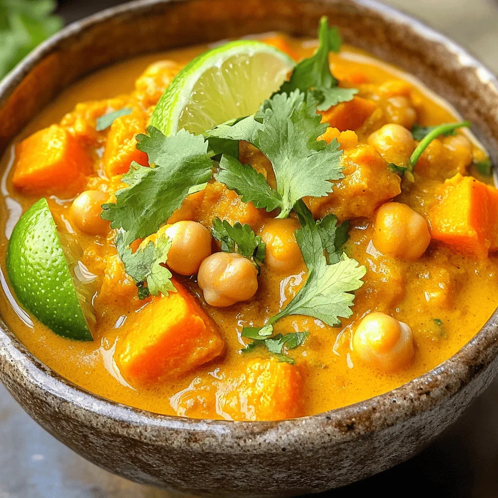 You need fresh ingredients for the best flavor. Here’s what you will use: - 2 medium sweet potatoes, peeled and diced - 1 can (15 oz) chickpeas, drained and rinsed - 1 medium onion, finely chopped - 2 cloves garlic, minced - 1 tablespoon ginger, minced - 1 can (14 oz) coconut milk - 1 cup vegetable broth - 2 tablespoons curry powder - 1 teaspoon cumin - 1 teaspoon turmeric - 1 tablespoon olive oil - Salt and pepper to taste - Fresh cilantro, for garnish - Lime wedges, for serving Sweet potatoes bring a creamy texture. Chickpeas add protein. Coconut milk gives a rich taste. Spices like curry powder, cumin, and turmeric create warmth and depth. You probably have most of these items at home. Look for: - Olive oil - Salt - Pepper - Vegetable broth These staples are key for many recipes. They help build flavor in this dish. Want to make your curry even better? Try adding: - A dash of cayenne for heat - Spinach or kale for greens - Peas for sweetness - A splash of lime juice for brightness These ingredients can enhance flavor. They also add color and nutrition to your meal. For the complete cooking process, check the Full Recipe. First, gather your ingredients. You will need: - 2 medium sweet potatoes, peeled and diced - 1 can (15 oz) chickpeas, drained and rinsed - 1 medium onion, finely chopped - 2 cloves garlic, minced - 1 tablespoon ginger, minced - 1 can (14 oz) coconut milk - 1 cup vegetable broth - 2 tablespoons curry powder - 1 teaspoon cumin - 1 teaspoon turmeric - 1 tablespoon olive oil - Salt and pepper to taste - Fresh cilantro, for garnish - Lime wedges, for serving Next, peel and dice the sweet potatoes. Rinse and drain the chickpeas. Chop the onion, garlic, and ginger. These steps make cooking easier. In a large pot, heat the olive oil over medium heat. Add the chopped onion and sauté for about 5 minutes. You want the onion to look clear. Now, stir in the minced garlic and ginger. Cook this for another 1 to 2 minutes. The smell will be amazing! Add the curry powder, cumin, and turmeric to the pot. Stir well and let the spices cook for about 1 minute. This step brings out the flavors. Next, add the diced sweet potatoes. Stir them well to coat with the spices. Pour in the coconut milk and vegetable broth. Add the rinsed chickpeas to the pot. Season with salt and pepper. Bring this mixture to a gentle boil. After that, reduce the heat to low. Cover the pot and let it simmer for about 20 to 25 minutes. Check the sweet potatoes; they should be tender. Once done, taste the curry. Adjust the seasonings if needed. If you want a thicker curry, mash some sweet potatoes with a fork. Remove from heat and let it sit for a few minutes before serving. If you like your sweet potatoes softer, let the curry simmer a bit longer. If you prefer them firmer, you can check them earlier. Always check the curry for flavor before serving. You can add more salt, pepper, or spices based on your taste. Serving the curry hot with fresh cilantro and lime wedges adds a nice touch. Enjoy your meal! For the full recipe, refer to the main section. When making sweet potato chickpea curry, avoid these common errors: - Not peeling the sweet potatoes: The skin can add a bitter taste. - Skipping the spices: They bring depth and warmth. Always toast them briefly. - Overcooking the chickpeas: This can cause them to break down. Drain them well. - Not adjusting seasoning: Taste your curry before serving. Add salt as needed. To boost flavor, try these simple tips: - Use fresh spices: Ground spices lose flavor over time. Buy small amounts. - Add acidity: A squeeze of lime brightens the dish. Add it before serving. - Incorporate herbs: Fresh cilantro adds freshness. Toss it in just before serving. - Experiment with coconut milk: Use full-fat for creaminess or light for a lighter dish. Texture makes a big difference in your curry. Here’s how to get it just right: - Cut sweet potatoes evenly: This ensures they cook uniformly. Aim for bite-sized pieces. - Mash some potatoes: This thickens the curry and adds creaminess. Use a fork. - Don’t over-simmer: Keep an eye on the time. You want tender, not mushy. - Serve with a side: Fluffy rice or warm naan adds a nice contrast. For the complete recipe, refer to the Full Recipe. {{image_2}} You can swap out sweet potatoes for other veggies. Carrots or butternut squash work great too. If you’re not a fan of chickpeas, try lentils or black beans instead. For a nutty twist, add some chopped peanuts or cashews. You can also use kale or spinach for some greens. These swaps keep the dish fresh and exciting. This sweet potato chickpea curry is already vegan and gluten-free. If you want a nut-free option, make sure you use a coconut milk brand without additives. For a protein boost, add tofu or tempeh. You can also serve the curry with quinoa for a healthy grain option. This makes it friendly for many diets. If you like heat, add jalapeños or red pepper flakes. For a milder curry, reduce the curry powder. You can also use coconut yogurt to cool it down. If you want to experiment, try adding curry pastes from different regions. Each one brings its own unique flavor. Adjust the spice to fit your taste and have fun with it! To store leftover sweet potato chickpea curry, let it cool first. Place it in an airtight container. You can keep it in the fridge for up to three days. Make sure to label the container with the date. This helps you track its freshness. You can freeze the curry for later use. Pour the cooled curry into freezer-safe bags or containers. Remove as much air as possible to prevent freezer burn. It will last for up to three months in the freezer. When you are ready to eat, thaw it in the fridge overnight. When reheating the curry, do it gently. You can use the microwave or a pot on the stove. If using a pot, add a splash of water or broth to keep it moist. Heat it slowly over medium-low heat. Stir often to avoid sticking. This keeps the flavors fresh and the texture smooth. Enjoy your meal! For the full recipe, check out the Full Recipe section. To make Sweet Potato Chickpea Curry from scratch, follow these steps. First, heat olive oil in a pot. Add chopped onion and sauté for about five minutes. Then, stir in minced garlic and ginger. Cook for another minute. Next, add curry powder, cumin, and turmeric. Stir well for one minute. Now, add diced sweet potatoes and mix them with the spices. Pour in coconut milk and vegetable broth. Add rinsed chickpeas, then season with salt and pepper. Bring it to a gentle boil. Reduce heat, cover, and simmer for 20-25 minutes until sweet potatoes are tender. Adjust seasoning to taste. For a thicker curry, mash some sweet potatoes. Serve and enjoy! Yes, you can substitute chickpeas with other ingredients. Some great options include lentils, black beans, or white beans. These alternatives will still give a similar texture and flavor. If you want something different, try using tofu or tempeh for added protein. Each option brings its own taste, so feel free to experiment! Pair Sweet Potato Chickpea Curry with some delicious sides. Fluffy basmati rice is a great choice. Warm naan also complements the curry well. You can add a fresh salad or roasted vegetables for extra nutrition. A dollop of yogurt can also balance the spice and add creaminess. Sweet Potato Chickpea Curry lasts about 3 to 5 days in the fridge. Store it in an airtight container to keep it fresh. Make sure to let it cool before sealing it. If you want to keep it longer, consider freezing it. Yes, Sweet Potato Chickpea Curry is a healthy dish! It has many nutrients. Sweet potatoes are rich in vitamins and fiber. Chickpeas provide protein and healthy fats. Coconut milk offers good fats too. This dish is also vegan and gluten-free, making it great for various diets. Enjoy this tasty and nutritious meal! In this post, we explored how to make a delicious Sweet Potato Chickpea Curry. We covered key ingredients, easy preparation steps, and how to avoid common mistakes. You learned how to store and reheat leftovers, plus tips for customizing to your tastes. Incorporating these ideas will enhance your cooking skills. With practice, you'll impress everyone with your curry. Enjoy the process and the tasty outcome!