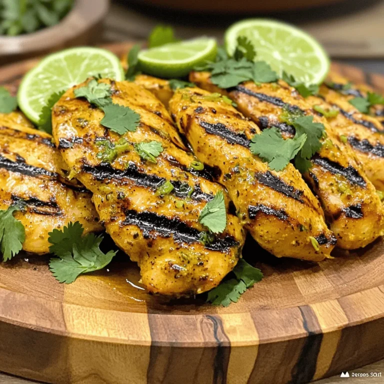 - 4 boneless, skinless chicken breasts - 2 tablespoons fresh ginger, grated - 2 limes (zested and juiced) - 3 tablespoons honey - 3 tablespoons soy sauce - 2 garlic cloves, minced - 1 tablespoon sesame oil - Salt and pepper to taste In this recipe, chicken is the star. You want four boneless, skinless breasts for the best results. The marinade makes this dish shine! We use fresh ginger for a zesty kick. Lime juice and zest add brightness. Honey gives a touch of sweetness, while soy sauce adds depth. Garlic brings in a savory note, and sesame oil rounds it all out. Make sure to season with salt and pepper for a well-balanced flavor. - Fresh cilantro, chopped - Additional lime wedges Garnishes make your dish look pretty and add flavor. Fresh cilantro brings a nice herb taste. Lime wedges offer an extra burst of tang. They make your Ginger Lime Grilled Chicken even more appealing. Don't skip these fun touches! For the full recipe, check the section above. Enjoy cooking! To start, gather your ingredients. You need fresh ginger, lime zest, lime juice, honey, soy sauce, minced garlic, and sesame oil. In a medium bowl, whisk them all together. Mix until everything combines well. This marinade adds a punch of flavor to the chicken. Next, take your chicken breasts. Place them in a resealable bag or a shallow dish. Pour the marinade over the chicken. Make sure each piece is well-coated. Seal the bag or cover the dish. Let it sit in the fridge for at least 30 minutes. For deeper flavor, aim for 4 hours. This step helps the chicken absorb all those tasty flavors. Now, preheat your grill to medium-high heat, around 400°F (200°C). After marinating, take the chicken out. Let any extra marinade drip off. Discard the leftover marinade. Place the chicken on the grill and cook for about 6-7 minutes per side. You want the inside to reach 165°F (75°C). Look for nice grill marks. Once cooked, take it off and let it rest for 5 minutes. This helps keep it juicy. Slice and serve it on a platter. Enjoy the vibrant flavors! For the full recipe, check out the link. To grill chicken perfectly, start by keeping the grill temperature steady. Aim for medium-high heat, around 400°F (200°C). This heat cooks the chicken evenly and gives it nice grill marks. When you place the chicken on the grill, avoid moving it too much. Let it sit for about 6-7 minutes on each side. To check for doneness, use a meat thermometer. The chicken should reach an internal temperature of 165°F (75°C). This ensures it is safe to eat and juicy. Marination is key to flavor. For the best taste, let the chicken soak in the ginger-lime mix for at least 30 minutes. This short time helps the chicken absorb some flavor. If you have time, marinate it for up to 4 hours. This longer period lets the flavors deepen, making each bite even better. For a complete meal, pair your Ginger Lime Grilled Chicken with fresh sides. Consider serving it with a light salad or grilled vegetables. Rice or quinoa also works well to soak up the chicken’s flavors. To drink, a cold lemonade or iced tea complements the dish nicely. These drinks balance the zesty notes of lime and ginger. Enjoy your meal with a touch of freshness! For the full recipe details, check out the [Full Recipe]. {{image_2}} Want to add some heat? You can include chili or red pepper flakes in your marinade. A little heat balances the sweet and sour flavors of the ginger and lime. Start with just a pinch, then taste. You can always add more if you like it spicy! Not a fan of chicken? You can swap it for shrimp or tofu. Both options work great with the ginger lime flavor. Grill shrimp until pink and firm. For tofu, press it to remove extra water, then marinate and grill until golden brown. Herbs can make this dish even better! Try adding fresh basil or mint to your marinade. These herbs add unique flavors that complement ginger and lime. Mix in a tablespoon of chopped herbs before marinating. You’ll be surprised at how fresh and vibrant the dish becomes. For the full recipe, check the [Full Recipe]. To store leftover grilled chicken, let it cool first. Place it in an airtight container. This keeps it fresh. You can also wrap it tightly with plastic wrap. Store it in the fridge. It will last up to four days. Reheat it gently to keep it moist. To freeze grilled chicken, wrap it well. Use plastic wrap or aluminum foil. Then, place it in a freezer bag. This keeps out air and prevents freezer burn. The chicken can stay in the freezer for up to three months. When ready to eat, thaw it overnight in the fridge. Reheat it in the oven or on the grill for best results. For best taste and safety, it’s key to know when to use the chicken. If stored in the fridge, use it within four days. If frozen, use it within three months. After these times, the chicken may lose its flavor and texture. Always check for signs of spoilage before eating. Grilling chicken takes about 40 minutes in total. Here’s a quick breakdown: - Prep time: 10 minutes to mix the marinade. - Marination time: At least 30 minutes, but you can marinate for up to 4 hours for deeper flavor. - Cooking time: Grill the chicken for about 6-7 minutes on each side. This makes it easy to fit into your busy day. Yes, you can bake the ginger lime chicken! Here’s how: 1. Preheat your oven to 400°F (200°C). 2. Place the marinated chicken breasts on a baking sheet. 3. Bake for about 20-25 minutes, or until the chicken reaches an internal temperature of 165°F (75°C). Baking keeps the chicken juicy, and you will still enjoy that great ginger-lime flavor. Pair the ginger lime chicken with tasty sides! Here are some ideas: - Rice: Serve it over jasmine or brown rice for a filling meal. - Salad: A fresh green salad with cucumber and avocado adds crunch. - Vegetables: Grilled or steamed veggies like zucchini and bell peppers complement the dish well. These sides will enhance your meal and keep it balanced. To ensure your chicken is cooked perfectly, follow these tips: - Use a meat thermometer: Check that the internal temperature is 165°F (75°C). - Check the juices: When you cut into the chicken, the juices should run clear, not pink. - Look for firmness: Cooked chicken feels firm to the touch, not squishy. These methods help you serve safe and juicy chicken every time. You can find the full recipe for Ginger Lime Grilled Chicken to enjoy this delicious dish! In this blog post, we explored how to make Ginger Lime Grilled Chicken. We covered the main ingredients, steps for marinating and grilling, and tips for success. You learned about variations, storage tips, and FAQs related to the dish. Cooking can be simple and enjoyable. Keep experimenting with flavors and techniques. With this guide, you’ll impress your friends and family at your next meal. Enjoy your cooking journey!