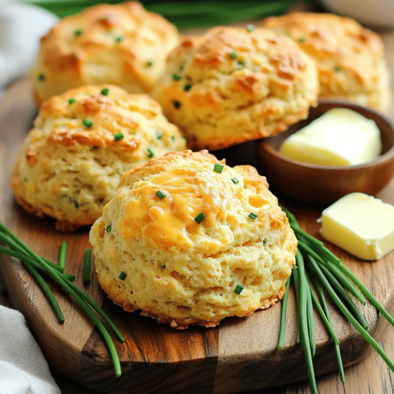 - 2 cups all-purpose flour - 1 tablespoon baking powder - 1/2 teaspoon salt - 1/4 teaspoon black pepper - 1/2 cup cold unsalted butter, cubed - 1 cup sharp cheddar cheese, grated - 1/4 cup fresh chives, chopped - 2/3 cup whole milk - 1 large egg (for egg wash) To make my savory cheddar and chive scones, start with simple, fresh ingredients. Each one plays a key role in creating flavor and texture. The all-purpose flour gives the scones a light base. It helps them rise and stay fluffy. The baking powder is essential for that lift. It makes the dough airy. Don't forget the salt and black pepper. These bring out the flavors in the cheese and chives. Using cold unsalted butter is vital. It creates a flaky texture. I cut the butter into cubes to make mixing easier. Sharp cheddar cheese adds a rich, tangy flavor. I love using fresh chives for a bright, onion-like taste. They add a nice pop of color too. The whole milk binds everything together. It keeps the scones moist. Lastly, a large egg will give the scones a beautiful golden finish when brushed on top. For the full recipe, check out the preparation steps that follow. 1. Preheat the oven to 400°F (200°C). Line a baking sheet with parchment paper. 2. In a large bowl, whisk together these dry ingredients: - 2 cups all-purpose flour - 1 tablespoon baking powder - 1/2 teaspoon salt - 1/4 teaspoon black pepper 3. Now, add the cold butter cubes. Work the butter into the flour until it looks like coarse crumbs. 1. Stir in the grated cheddar cheese and chopped chives. Make sure they mix well with the dough. 2. Slowly pour in the whole milk, mixing gently with a fork. Stop once the dough starts to come together. Avoid overworking it. 1. Move the dough to a floured surface and knead it gently a few times. Flatten it into a circle about one inch thick. 2. Cut the dough into 8 wedges or use a round cutter to shape the scones. Place them on the prepared baking sheet. 3. Beat the egg in a small bowl. Brush it over the tops of the scones for a golden finish. 4. Bake the scones for 15-20 minutes until golden brown. Remove from the oven and let them cool a bit before serving. This simple recipe creates delightful savory cheddar and chive scones. For more details, check the Full Recipe. To get great scones, start with cold butter. Cold butter keeps the scones light and fluffy. When you mix the cold butter into your flour, it should feel crumbly. This step is key for the right texture. Also, avoid over-mixing the dough. When the dough comes together, stop mixing. Over-mixing makes the scones tough. Gently knead the dough only a few times. This keeps them soft and tender. Adding herbs and spices can boost the taste of your scones. Besides chives, you can try adding rosemary or thyme for a fresh twist. A pinch of garlic powder can also add depth to the flavor. Choosing the right cheese variety matters too. Sharp cheddar gives a strong flavor, but you can change it up. Try Gouda for a creamier taste or Gruyere for a nutty flavor. This lets you customize your scones. Serve your warm scones on a rustic wooden board. This adds charm and makes the meal feel special. For a lovely touch, garnish with extra chives. You can also add a small bowl of butter on the side. This makes it easy for everyone to add their desired amount to their scones. Enjoy the delightful presentation as much as the flavor! {{image_2}} You can swap cheddar cheese with other tasty options. Gouda brings a creamy texture. Gruyere offers a nutty flavor. Both melt well and add depth. For chives, try fresh herbs like parsley or dill. Each herb brings its own charm. Basil adds a sweet note, while thyme gives a warm, earthy taste. Mix and match to find your favorite blend. Want to switch things up? Modify the recipe for sweet scones. Replace cheese and chives with fruits like blueberries or cranberries. Add a hint of cinnamon or vanilla for a sweet twist. Pair sweet scones with honey or jam. For savory options, serve with cheese or spreads. Both styles delight the taste buds and suit any occasion. For the full recipe, check the Savory Cheddar and Chive Scones section above. To keep your savory cheddar and chive scones fresh for 1-2 days, store them in an airtight container. Place parchment paper between layers to avoid sticking. This method helps maintain moisture and flavor. If you want a crispy texture, leave them uncovered for a few hours. This allows some air to circulate and keeps the crust firm. If you want to save scones for later, you can freeze them. Wrap each scone in plastic wrap, then place them in a freezer bag. They can last up to three months in the freezer. When you’re ready to enjoy them, you can reheat them straight from the freezer. Preheat your oven to 350°F (175°C) and bake for about 15 minutes. This restores their freshness and warmth without drying them out. Enjoy with a pat of butter or your favorite spread! For the full recipe, make sure to check the earlier sections. Savory cheddar and chive scones pair well with many dishes. For brunch, you can serve them with: - Fresh fruit salad - Creamy scrambled eggs - A light salad with vinaigrette - Smoked salmon or ham - A dollop of butter or cream cheese These scones also shine at afternoon tea. Offer them with: - A selection of herbal teas - Sweet jams or spreads - A cheese platter with assorted cheeses Yes, you can use whole wheat flour. It will change the texture and flavor. Whole wheat is denser and has a nuttier taste. To adjust the recipe, consider these tips: - Use a mix of 1 cup whole wheat and 1 cup all-purpose flour for lighter scones. - Add a bit more milk to keep the dough moist. - Watch the baking time; whole wheat scones may need a few extra minutes. You can tell when the scones are done by looking for a few signs: - They should be golden brown on top. - A toothpick inserted into the center should come out clean. - The edges will feel firm to the touch. Let them cool slightly before serving for the best flavor. For the full recipe, check out the earlier sections. The blog post covered key steps for making delicious savory cheddar and chive scones. We discussed important ingredients, preparation steps, and helpful tips for texture and flavor. I shared fun variations to try and storage tips for keeping your scones fresh. These scones are easy to bake and perfect for any time. Enjoy experimenting with flavors and impressing friends and family with your baking skills!