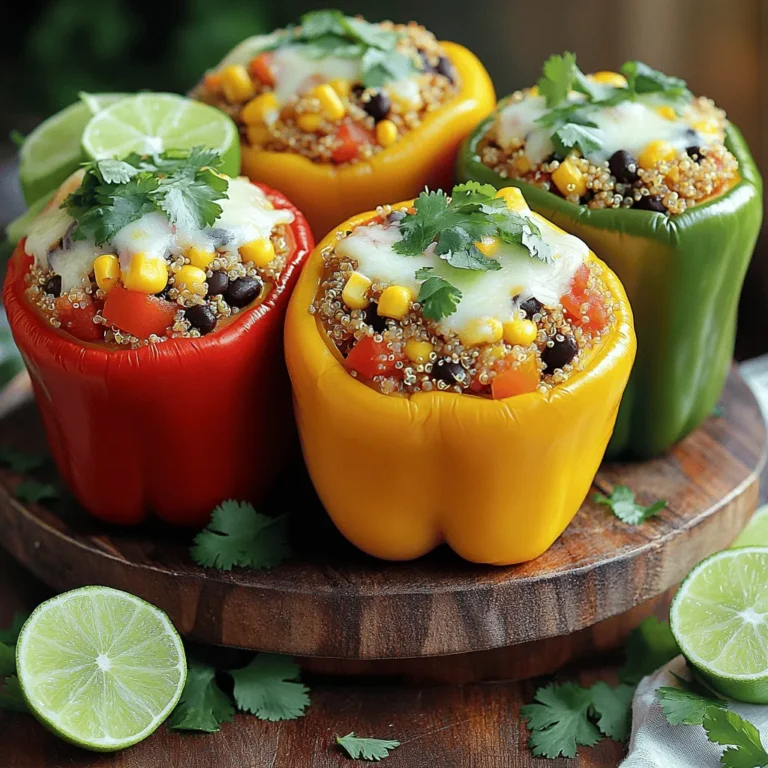 To make stuffed bell peppers, you'll need a few key items. Here is the list of ingredients: - 4 large bell peppers (any color) - 1 cup quinoa, rinsed - 2 cups vegetable broth - 1 can black beans, drained and rinsed - 1 cup corn (fresh or frozen) - 1 small red onion, finely chopped - 2 cloves garlic, minced - 1 teaspoon cumin - 1 teaspoon smoked paprika - ½ teaspoon chili powder - 1 cup diced tomatoes (fresh or canned) - ½ cup cilantro, chopped - Salt and pepper to taste - Olive oil for drizzling - 1 cup shredded cheese (optional) If you have allergies, consider these swaps: - For quinoa, use rice or millet. - Black beans can be swapped for kidney beans or chickpeas. - If you avoid dairy, skip the cheese or use a plant-based alternative. To take your stuffed peppers to the next level, add some optional ingredients: - Cheese options: Try mozzarella, cheddar, or feta for a creamy topping. - Toppings: Consider salsa, guacamole, or sour cream for extra flavor. - Additional spices: Paprika, oregano, or red pepper flakes can enhance the taste. Feel free to mix and match these ingredients for your perfect stuffed bell pepper. For the full recipe, check out the detailed instructions. To start, bring 2 cups of vegetable broth to a boil in a medium saucepan. This broth makes the quinoa rich in flavor. Once boiling, add 1 cup of rinsed quinoa. Lower the heat to a simmer, cover, and let it cook for about 15 minutes. Your quinoa will be fluffy when the broth is absorbed. Tips for ensuring fluffy quinoa: - Rinse the quinoa before cooking to remove bitterness. - Let it steam for a few minutes after cooking, covered, to enhance texture. Next, choose 4 large bell peppers. Cut the tops off and remove the seeds and membranes. This step is crucial for stuffing. Lightly drizzle olive oil on the outside of the peppers. Sprinkle them with salt to enhance their taste. Arrange the peppers upright in a baking dish. Now, heat a drizzle of olive oil in a large skillet over medium heat. Add a finely chopped red onion and 2 minced garlic cloves. Sauté until they soften, about 3-4 minutes. Stir in 1 can of drained black beans, 1 cup of corn, and 1 cup of diced tomatoes. Add the cooked quinoa, 1 teaspoon of cumin, 1 teaspoon of smoked paprika, and ½ teaspoon of chili powder. Mix everything well and let it cook for another 5 minutes. This allows the flavors to blend. Finally, season with salt, pepper, and stir in ½ cup of chopped cilantro. Spoon the quinoa mixture into each prepared bell pepper, packing it tightly. If you like cheese, sprinkle 1 cup of shredded cheese on top. Cover the baking dish with aluminum foil. Bake in a preheated oven at 375°F (190°C) for 25 minutes. Remove the foil and bake for another 10-15 minutes. This helps the peppers become tender and the cheese melt. Let them sit for a few minutes before serving. For more details, check the Full Recipe. To avoid soggy bell peppers, start by not overcooking them. Pre-bake them for about 10 minutes before filling. This helps them stay firm. Also, ensure you remove all seeds and membranes inside. This will give your peppers a better texture. Timing is key for perfect peppers. Bake them covered with foil for the first 25 minutes. Then, uncover for the last 10 to 15 minutes. This allows them to cook through while getting a nice color on top. The best sides to serve with stuffed bell peppers include a fresh salad or crusty bread. You could also pair them with rice or quinoa for a hearty meal. For creative garnishes, try fresh cilantro, lime wedges, or a dollop of sour cream. These add a pop of color and flavor to your dish. The best methods for reheating stuffed peppers are the oven and microwave. In the oven, heat at 350°F (175°C) for about 15-20 minutes. Cover them with foil to keep moisture in. To maintain flavor and texture when reheating, avoid high heat. If using a microwave, heat in short bursts. Check often to ensure they don’t dry out. If you're interested in the full recipe for these colorful quinoa stuffed bell peppers, be sure to check it out! {{image_2}} For a tasty vegetarian version of stuffed bell peppers, you can switch out the meat. Replace it with grains and veggies. Quinoa, rice, or couscous work great. You can also add beans for protein. Black beans or chickpeas give a nice flavor. You can mix in some chopped mushrooms or zucchini for extra texture. You can even use lentils instead of grains. Lentils are high in protein and cook quickly. If you prefer meat, there are many options. Ground beef, turkey, or chicken fits well in stuffed peppers. Each meat brings its own flavor. For beef, add some Italian spices like oregano or basil. For turkey, a pinch of sage adds warmth. Chicken pairs nicely with BBQ sauce or taco seasonings. Mixing in some diced vegetables keeps it fresh. Onions, bell peppers, and corn add crunch and color. For a low-carb option, use cauliflower rice instead of grains. Cauliflower rice is light and absorbs flavors well. You can make it by grating fresh cauliflower or buying it pre-made. Other great low-carb vegetables include zucchini or eggplant. You can hollow out zucchini just like bell peppers. They cook quickly and have a mild taste. This keeps your meal healthy, tasty, and fun! Making these variations lets you enjoy stuffed bell peppers in many ways. Check out the Full Recipe for more details! To keep your cooked stuffed peppers fresh, follow these steps: - Refrigerating Leftovers: Place any leftovers in an airtight container. Store them in the fridge. They will stay good for up to 4 days. Make sure they cool to room temperature first. - Freezing Stuffed Peppers: To freeze, wrap each stuffed pepper tightly in plastic wrap. Then, place them in a freezer-safe bag. Label the bag with the date. Frozen stuffed peppers can last up to 3 months. Thaw them overnight in the fridge before reheating. Stuffed peppers can last quite a while with proper storage: - Fridge: In the fridge, they last about 4 days. After that, the taste and quality may drop. - Freezer: When frozen, they can last up to 3 months. Signs that stuffed peppers are no longer good to eat: - If the peppers have a sour smell or slimy texture, they are bad. - Any discoloration or mold indicates you should not eat them. Always check before enjoying your meal. First, choose fresh bell peppers. Cut the tops off and remove the seeds. Rinse the inside to clean it well. This helps remove any bitterness. Next, lightly drizzle olive oil on the outside. Sprinkle a bit of salt for extra flavor. Seasoning is key to great taste before baking. It makes a big difference in the overall flavor. Yes, you can prep stuffed peppers ahead of time. Make the filling and stuff the peppers. Then, cover them and store in the fridge. They stay fresh for about two days. When ready to eat, bake them straight from the fridge. If they are cold, add a few minutes to the baking time. If you need a substitute for quinoa, consider brown rice or couscous. Brown rice takes about 45 minutes to cook, while couscous cooks in just 10 minutes. You can also use lentils; they cook in about 20 minutes. These grains or legumes work well and give a nice texture. Look for peppers that are soft but still hold their shape. The filling should bubble and be hot throughout. The best way to check is by using a food thermometer. The internal temperature should reach 165°F. This ensures they are safe to eat and fully cooked. Of course! Grilling gives stuffed peppers a nice smoky flavor. Start by preparing the peppers just like you would for baking. Preheat your grill to medium heat. Place the peppers on the grill for about 10-15 minutes. Turn them occasionally. If they are getting too dark, move them to a cooler spot on the grill. Enjoy the rich flavors that grilling adds to your meal! For a detailed recipe, check out the Full Recipe section above. Stuffed bell peppers are easy to make and fun to customize. You learned about the best ingredients, cooking tips, and serving ideas. I shared how to prepare quinoa, mix the filling, and assemble everything. Don't forget joy in creating different variations, too. Store your leftovers right to keep them fresh. With these steps, you'll have stuffed peppers that taste great every time. Enjoy your tasty creation, and share it with friends and family!