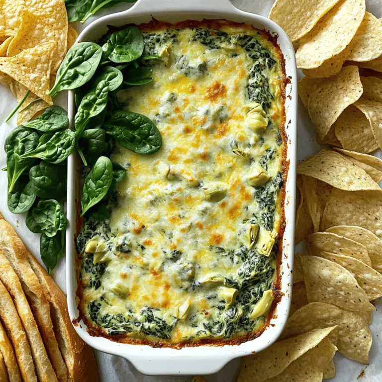 To make a tasty creamy spinach and artichoke dip, gather these main ingredients: - 1 cup fresh spinach, chopped - 1 cup canned artichoke hearts, drained and chopped - 1 cup cream cheese, softened - 1 cup sour cream - 1 cup shredded mozzarella cheese - 1/2 cup grated Parmesan cheese - 2 cloves garlic, minced - 1 teaspoon lemon juice - Salt and pepper to taste These ingredients create a rich and creamy base for your dip. The spinach adds color, while the artichokes provide a unique flavor. Cream cheese and sour cream make it smooth and delicious. To boost the flavor of your dip, consider these optional ingredients: - 1/4 teaspoon red pepper flakes for a kick - Fresh herbs like parsley or basil for garnish Adding red pepper flakes gives your dip a nice heat. Fresh herbs not only enhance the taste but also make your dish look pretty. If you have dietary needs, here are some substitutions you can use: - Swap cream cheese for a dairy-free cream cheese. - Use Greek yogurt instead of sour cream for a healthier option. - Choose low-fat mozzarella and Parmesan to cut calories. These swaps keep your dip delicious while fitting your dietary preferences. You can still enjoy the creamy texture and rich flavors of spinach and artichoke dip with these changes. For the full recipe, check out the details above. To start, preheat your oven to 350°F (175°C). This step is key for a nice bake. In a large bowl, mix 1 cup of softened cream cheese and 1 cup of sour cream. Blend them until they are smooth. This will form the creamy base of our dip. Next, add the good stuff! Stir in 1 cup of chopped fresh spinach and 1 cup of chopped canned artichoke hearts. Both give great flavor and texture. Toss in 1 cup of shredded mozzarella cheese and 1/2 cup of grated Parmesan cheese. Those cheeses make it cheesy and rich! Don't forget to add 2 cloves of minced garlic, 1 teaspoon of lemon juice, and salt and pepper to taste. If you like a bit of heat, mix in 1/4 teaspoon of red pepper flakes. Stir everything until it’s well combined. Now, it’s time to bake! Transfer your mixture to a baking dish and spread it evenly. Place it in the oven and bake for 20-25 minutes. You want it hot and bubbly, with a slightly golden top. Once done, let it cool a bit before serving. Enjoy this creamy spinach and artichoke dip warm. You can find the full recipe for all the details you need! You can prepare this dip in advance. Mix all the ingredients and place them in a baking dish. Cover it with plastic wrap and store it in the fridge. You can bake it when guests arrive. This saves you time and keeps the dip fresh. Serve the dip warm for the best taste. I love using tortilla chips for dipping. You can also use sliced baguette or fresh veggies like carrots and celery. These options add great crunch and flavor. Make it a fun snack by letting everyone choose their favorite dipper. A simple garnish can make a big difference. Sprinkle extra Parmesan on top for a cheesy look. Add a few fresh spinach leaves or a dash of red pepper flakes for color. These touches make the dip stand out on the table and look more inviting. {{image_2}} You can make this creamy spinach and artichoke dip lighter. Substitute low-fat cream cheese and sour cream. Use Greek yogurt instead of sour cream for extra protein. You can also add more spinach for fiber and nutrients. These swaps keep the flavor while cutting calories. If you like heat, add some spice! Mix in diced jalapeños or a dash of hot sauce. You can also include red pepper flakes. This gives the dip a nice kick. Serve it with crunchy tortilla chips to balance the spice. You can enjoy this dip without dairy. Use vegan cream cheese and cashew cream instead of sour cream. Nutritional yeast adds a cheesy flavor without dairy. Blend in some tahini for creaminess. This way, everyone can enjoy this tasty snack. For the full recipe, check out the link above. To store leftovers, let the dip cool first. Place it in an airtight container. This keeps the flavors fresh. Store it in the fridge for up to 3 days. If you use a glass dish, cover it tightly with plastic wrap. This helps prevent any odor transfer in your fridge. When you're ready to enjoy the dip again, preheat your oven to 350°F (175°C). Transfer the dip to an oven-safe dish if needed. Cover it with foil to keep it from drying out. Heat for about 15-20 minutes until hot. You can also use the microwave. Heat in short bursts, stirring in between, until warm. If you want to freeze the dip, use a freezer-safe container. Leave some space at the top for expansion. This dip can last for about 2 months in the freezer. When you are ready to eat it, thaw it in the fridge overnight. Reheat as described above. Enjoy your Creamy Spinach and Artichoke Dip from the Full Recipe! Yes, you can use frozen spinach. Just make sure to thaw it first. Squeeze out any extra water. This helps keep your dip creamy and not watery. Frozen spinach works well and saves time. You have many tasty options! Here are a few favorites: - Tortilla chips - Sliced baguette - Fresh vegetable sticks like carrots or celery - Crackers These pair well with the rich flavors of the dip. You can even create a fun dipping platter for your guests. Creamy Spinach and Artichoke Dip lasts about 3 to 5 days in the fridge. Store it in a sealed container. Reheat it in the oven or microwave before serving. Enjoy it warm for the best taste! In this post, we explored how to make creamy spinach and artichoke dip. I shared the key ingredients and tips that ensure your dip is flavorful. You can adjust for any dietary needs with swaps and variations. Remember, making this dip can be simple and fun with the right steps. Enjoy it fresh, store it well, and try different ways to serve it. Now you have all the tools to impress your friends and family with this tasty dish. Dive in and create your perfect version!