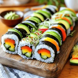 - 1 cup sushi rice - 1 1/4 cups water - 4 sheets of nori (seaweed) - 1/2 cucumber, julienned - 1 small carrot, julienned - 1/2 bell pepper (any color), sliced into thin strips - 1 avocado, sliced - 1/4 cup sprouts (like alfalfa or radish) - 2 tablespoons rice vinegar - 1 tablespoon sugar - 1 teaspoon salt - Soy sauce, for dipping - Pickled ginger (optional) - Wasabi (optional) Gathering these fresh ingredients makes this dish vibrant and fun. The sushi rice is key for a perfect roll. It holds everything together. The nori adds a lovely taste of the sea. Using colorful veggies like cucumber, carrots, and bell peppers makes each bite a delight. The avocado brings creaminess, while sprouts add a nice crunch. For seasoning, rice vinegar gives a tangy touch. Sugar and salt balance the flavor well. These elements work together to create a delicious sushi experience. You can enjoy these sushi rolls with soy sauce, pickled ginger, or wasabi if you like a kick. This recipe not only looks pretty but also tastes amazing! For the full recipe, check the instructions above. Rinsing the rice First, rinse the sushi rice under cold water. Use a fine-mesh strainer for best results. Keep rinsing until the water runs clear. This step removes excess starch and helps the rice cook evenly. Cooking the rice In a medium saucepan, combine the rinsed rice and water. Use 1 1/4 cups of water for every cup of rice. Bring the mixture to a boil over high heat. Once boiling, reduce the heat to low. Cover the pot and let it simmer for 15 minutes. After that, remove it from heat and let it sit for another 10 minutes. Keep the pot covered during this time to trap steam. Mixing vinegar, sugar, and salt While the rice cooks, prepare the seasoning. In a small bowl, mix rice vinegar, sugar, and salt. Stir until the sugar dissolves completely. This mixture gives the rice a nice flavor. Cooling the rice After the rice has rested, fluff it with a fork. Slowly mix in the vinegar mixture. This step adds taste and helps the rice stick together. Let the rice cool to room temperature before rolling. Using a sushi mat Lay a bamboo sushi mat on a clean surface. Cover it with plastic wrap to keep it clean. This mat helps you roll the sushi perfectly. Layering the ingredients Place a sheet of nori, shiny side down, on the mat. Wet your hands to prevent sticking. Grab a handful of sushi rice and spread it evenly over 2/3 of the nori. Leave a small border at the top. Then, layer cucumber, carrot, bell pepper, avocado, and sprouts across the rice. Proper rolling technique Start rolling the sushi away from you. Use the mat to guide your roll. Roll tightly but don't squeeze too hard. Moisten the top edge of the nori to seal the roll. This keeps the filling inside. For more details on making Rainbow Veggie Sushi Rolls, check out the Full Recipe. To make great sushi, you need to start with the rice. Rinse the sushi rice well under cold water. This step removes excess starch and prevents it from being too sticky. Cook the rinsed rice in a pot with the right amount of water. Bring it to a boil, then lower the heat and cover it. Let it simmer until all the water is absorbed. After cooking, let the rice sit for ten more minutes. This resting time helps the rice become fluffy. Once rested, mix rice vinegar, sugar, and salt in a bowl until they dissolve. Gently fold this mixture into the rice. Allow the rice to cool to room temperature before using it. Choosing the right veggies is key to colorful sushi. You want a mix of colors and textures. Great options include: - Cucumber - Carrots - Bell peppers - Avocado - Sprouts For a fresh twist, use seasonal vegetables. In summer, add zucchini or radishes. In fall, try roasted sweet potatoes or beets. These choices add unique flavors and colors. How you serve your sushi matters. Arrange the rolls on a large platter for a vibrant display. Cut each roll into 6-8 pieces for easy serving. To garnish, use sesame seeds or fresh herbs. You can also add small bowls of soy sauce and pickled ginger on the side. This makes for a lovely and inviting meal. For more details on making these rolls, check the Full Recipe. {{image_2}} You can mix and match veggies in your sushi rolls. Try using bright purple cabbage for a pop of color. Add some yellow squash for a sunny twist. You can also slice up radishes for a crunchy bite. For extra flavor, consider adding proteins like tofu or shrimp. They add a nice heartiness to your rolls. If you're vegan, skip the shrimp and use more veggies instead. You can use avocado or even marinated tempeh for protein. If you need gluten-free options, use gluten-free soy sauce. This will keep your sushi tasty and safe for everyone. Always check labels to avoid hidden gluten in sauces. Want to change things up? Try the sushi burrito style. Simply roll your ingredients in a larger sheet of nori. This makes a fun, handheld meal. You can also create sushi salads. Just chop all your ingredients and serve them in a bowl. It’s a fresh take on sushi without the rolling. For a full recipe, be sure to check the detailed instructions above. To store leftover sushi rolls, place them in an airtight container. This helps keep the rolls fresh. You can also wrap them in plastic wrap. This keeps moisture in and prevents drying out. Sushi rolls stay good for about 1-2 days in the fridge. After that, the rice may harden and the veggies lose crunch. Can sushi be reheated? It’s best to eat sushi cold, but you can warm it up. For safe methods, try using a microwave on low power. Heat for about 10-15 seconds at a time. Check often to avoid overheating. If you want to reheat sushi rice, steam it lightly. This keeps the rice fluffy and soft. Enjoy your rainbow veggie sushi with fresh flavors! For the full recipe, check out the section above. To stop sushi rice from sticking, wet your hands. This keeps the rice from clumping. You can also add a little vinegar to the water you rinse the rice in. This helps the rice stay loose when you roll it. Yes, you can use brown rice. However, it will have a different taste and texture. Brown rice takes longer to cook, so adjust your cooking time. Also, it may not stick together as well as sushi rice. You can use many veggies! Try sweet potato, zucchini, or radishes for crunch. Bell peppers and greens like spinach or kale also work well. Feel free to mix and match for more color. You can roll sushi by hand. Use a clean kitchen towel instead of a mat. Lay the nori on a flat surface, add your rice and veggies, and roll tightly. Just be careful to keep the roll tight. Yes, homemade sushi is safe if you use fresh ingredients. Keep your kitchen clean and wash your hands. Use sushi-grade fish if you add seafood. Always store your sushi properly to keep it fresh. For the full recipe, check out the details above. You learned how to make sushi from scratch. We covered the main ingredients, seasoning, and optional sides. You saw step-by-step instructions for preparing the rice and assembling your rolls. I shared tips for perfect sushi, creative variations, and storage advice. Making sushi at home is rewarding and fun. Experiment with flavors and styles to find your favorite. Enjoy sharing your sushi creations with family and friends. Happy rolling!