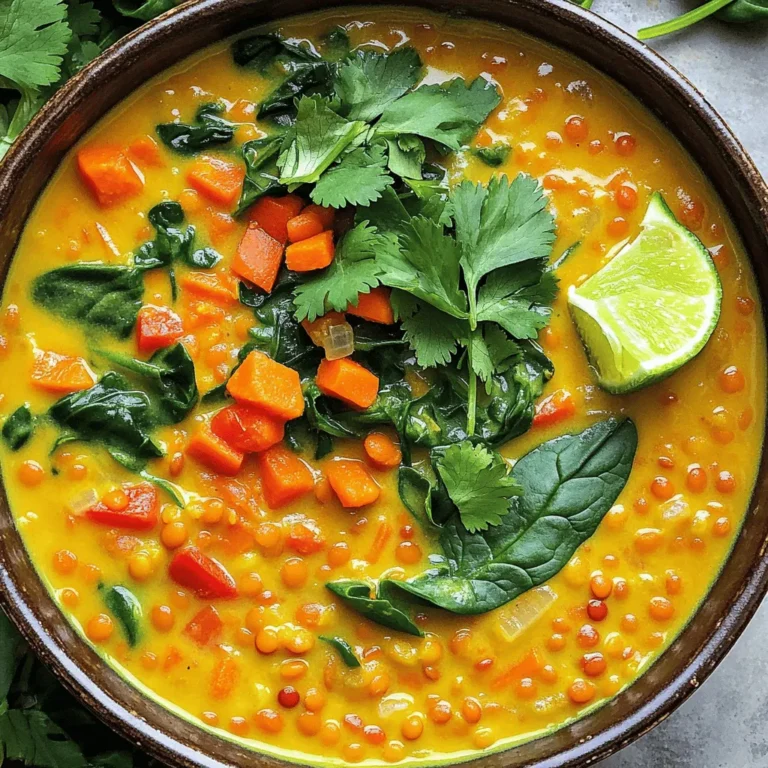 - 1 cup red lentils, rinsed - 1 can (14 oz) coconut milk - 1 cup vegetable broth - 1 medium onion, diced You need red lentils for a rich base. They cook quickly and soak up flavors. Coconut milk adds creaminess and a hint of sweetness. The vegetable broth enhances the taste and keeps it light. Diced onion gives a great aroma and taste to start your soup. - 1 tablespoon ginger, grated - 1 tablespoon curry powder - 1 teaspoon turmeric - Salt and pepper to taste Ginger brings warmth and a nice zing. Curry powder adds a burst of flavor with a mix of spices. Turmeric gives the soup a golden color and health benefits. Salt and pepper are key to balance all the flavors. - 1 medium carrot, diced - 1 red bell pepper, diced - 1 cup spinach, roughly chopped - Fresh cilantro, for garnish - Juice of 1 lime Diced carrot adds natural sweetness and a pop of color. Red bell pepper contributes crunch and freshness. Spinach gives a green boost and extra nutrients. Cilantro brightens the dish while lime juice adds a refreshing tang. This soup is not just filling; it’s a joy to eat. You can find the complete recipe in the Full Recipe section. - Heat olive oil in a pot over medium heat. - Sauté onion until translucent, about 5 minutes. Starting with a strong base is key. I like to use a large pot to get an even cook. Olive oil adds a nice flavor. Let the onion sweat gently until it becomes soft. This step is important to build the soup's depth. - Stir in garlic and ginger; cook for 1 more minute. - Add curry powder and turmeric; toast for a minute. Once the onion is ready, I add garlic and ginger. This mix smells amazing! Next, I toss in curry powder and turmeric. Toasting these spices helps release their oils, boosting the flavor. - Add carrot and red bell pepper; sauté for about 5 minutes. - Pour in lentils, coconut milk, and broth; bring to a boil. - Simmer for 20-25 minutes until lentils are tender. I then add diced carrot and red bell pepper. They add sweetness and color. After a bit of sautéing, in go the rinsed lentils, coconut milk, and vegetable broth. I give it a good stir and bring it to a boil. Red lentils cook quickly, so I watch it and lower the heat after boiling. I let it simmer until the lentils are soft and creamy. - Stir in spinach and lime juice. - Season with salt and pepper; simmer for an additional 5 minutes. At the end, I mix in chopped spinach and a splash of lime juice. This adds freshness and brightness. I finish with salt and pepper to taste. I let it simmer for a few more minutes. This last step warms the spinach and blends all the flavors perfectly. For the full recipe, check out the details above. Enjoy this warm, hearty soup! To make your coconut curry lentil soup even better, try adding new spices. Cumin and chili powder can add warmth and depth. You can also use homemade vegetable broth. It gives the soup a richer taste than store-bought broth. You might want your soup thicker or thinner. If you want a thicker soup, reduce the amount of broth you use. On the other hand, if you like a thinner texture, just add more vegetable broth or water. Adjusting these amounts helps you control the soup's richness. Storing leftovers is easy. Keep them in an airtight container in the fridge. This soup stays good for about five days. When you’re ready to eat, reheat it on the stovetop or in the microwave. Stir it well to ensure even heating. Enjoy your warm bowl of soup any time! For the complete recipe, check out the Full Recipe link. {{image_2}} You can easily add protein to this soup. Chickpeas work well for a plant-based boost. Shredded chicken also adds a nice texture and flavor. If you want to change the lentils, try green or brown lentils. Each type brings a unique taste and texture to the dish. Toppings can make your soup even better. Sliced avocado adds creaminess. Lime wedges give a fresh zing. Toasted nuts add crunch and flavor. Don't stop there—add other veggies too! Zucchini or kale can blend well with the soup. If you like spice, you can adjust the heat. Use more curry powder for a bolder flavor. For extra heat, add fresh chilies or red pepper flakes. This way, you can customize the soup to fit your taste. Enjoy experimenting with these variations to find your perfect bowl of Coconut Curry Lentil Soup! Keep your coconut curry lentil soup in the refrigerator for up to 5 days. Make sure your container is tightly sealed. This helps keep the soup fresh and prevents any odors from the fridge from mixing in. When you're ready to enjoy it again, just open the container and dive in! You can freeze this soup in airtight containers for up to 3 months. This is great if you want to save some for later. To use it, thaw the soup in the fridge overnight before reheating. This slow thawing keeps the texture nice. When you want to eat your soup, reheat it on the stove over medium heat. Stir it until it gets warm all the way through. If you prefer the microwave, use it in intervals. Stir between each interval to heat it evenly. Enjoy warm and comforting soup anytime! Yes, but cooking times may vary for different lentils. Red lentils cook faster than green or brown ones. If you choose green lentils, add about 10 extra minutes to your cooking time. Brown lentils also take longer, roughly 30 minutes. Always check for doneness to get that perfect texture in your soup. Yes, this recipe is completely plant-based and vegan-friendly. You can enjoy this soup without worry about animal products. The coconut milk adds creaminess, while the lentils pack in protein. It’s a great choice for anyone looking for vegan comfort food. Increase the amount of curry powder or add fresh peppers. For a mild kick, try adding a chopped jalapeño. If you love heat, use serrano or Thai chilies. You can always taste as you go to find the right spice level for you. Serve with rice, naan, or a fresh salad for a complete meal. Rice absorbs the soup nicely, while naan adds a wonderful texture. A fresh salad adds a nice crunch and balances the warm flavors of the soup. Yes, this soup can be made and stored for future meals. It keeps well in the fridge for up to five days. You can also freeze it for up to three months. Just thaw and reheat when you’re ready to enjoy a warm bowl of goodness. This blog post provided a simple guide to making Coconut Curry Lentil Soup. You learned about essential ingredients, spices, and vegetables. I shared step-by-step instructions and tips to perfect the flavor and adjust the consistency. Variations can give you more protein or spice. Remember, this soup is easy to store and reheat. Whether you're busy or just want a tasty meal, this soup offers comfort and nutrition in each bowl. Enjoy making it your own, and savor every spoonful!