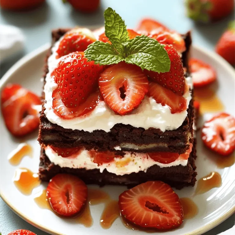 To make this delightful dessert, you will need: - 1 cup unsalted butter (2 sticks) - 2 cups granulated sugar - 4 large eggs - 1 teaspoon vanilla extract - 1 cup all-purpose flour - 1 cup unsweetened cocoa powder - 1/2 teaspoon baking powder - 1/4 teaspoon salt - 2 cups fresh strawberries, hulled and sliced - 1 cup heavy whipping cream - 2 tablespoons powdered sugar - Zest of 1 lemon These ingredients form the base of your brownie strawberry shortcake. The brownies provide a rich, chocolatey foundation, while the strawberries and cream add a fresh, light contrast. For the whipped cream, you need: - 1 cup heavy whipping cream - 2 tablespoons powdered sugar - Zest of 1 lemon These three simple ingredients come together to create a fluffy topping. The lemon zest brings a bright flavor that balances the sweetness of the cream and enhances the whole dessert. When choosing strawberries, look for: - Bright red color - Firm texture - Fresh green leaves Fresh strawberries make a big difference in this dessert. Choose ripe berries for the best flavor. If they are a bit tart, sprinkle them with sugar to enhance their sweetness. Let them sit for a few minutes to release their juices. This step adds a delightful syrup that seeps into the brownies, making each bite a treat. For the full recipe, check out the details above! Start by preheating your oven to 350°F (175°C). This step is key for even baking. While the oven warms up, grab a 9x13-inch baking pan. Grease it well with butter or non-stick spray. A well-greased pan helps the brownies come out easily. Next, you'll make the brownie batter. In a medium saucepan, melt 1 cup of unsalted butter over low heat. Once melted, take it off the heat. Stir in 2 cups of granulated sugar until everything combines well. Add 4 large eggs, one at a time, mixing well after each. Finish by mixing in 1 teaspoon of vanilla extract. In another bowl, whisk together 1 cup of all-purpose flour, 1 cup of unsweetened cocoa powder, 1/2 teaspoon of baking powder, and 1/4 teaspoon of salt. Carefully fold the dry mix into the wet ingredients. Don’t overmix; it can make your brownies tough. Now it's time to whip the cream. In a large mixing bowl, combine 1 cup of heavy whipping cream, 2 tablespoons of powdered sugar, and the zest of 1 lemon. Use an electric mixer on medium-high speed. Whip until soft peaks form. This cream adds a light touch to the dessert. For the strawberries, you’ll need 2 cups of fresh strawberries. Hull and slice them first. Then, place them in a bowl and mix with 1 tablespoon of granulated sugar. Let them sit for about 10 minutes. This draws out their sweet juices, making them even tastier. Once your brownies cool completely, cut them into squares. To assemble, place a brownie square on a plate. Top it with a generous dollop of whipped cream and then add the sweet strawberries. For a taller dessert, layer another brownie square, more whipped cream, and strawberries. This creates a stunning shortcake effect. For full details, refer to the Full Recipe. Enjoy every bite of this delightful treat! To make perfect brownies, focus on your mixing. Mix the wet and dry ingredients just until combined. Overmixing can make your brownies tough. Use a toothpick to check for doneness. You want a few moist crumbs, not clean. Let the brownies cool in the pan. This helps them set and makes cutting easier. When whipping cream, start with cold cream for the best results. Add the powdered sugar and lemon zest before whipping. Use an electric mixer on medium-high speed. Watch for soft peaks to form. This means your cream is ready to dollop on your brownies. Don't overwhip, as that can turn your cream to butter. Add lemon zest for a fresh taste. It brightens the flavors of the strawberries and cream. Just a teaspoon will do. Mix it with the whipped cream. This gives an extra zing to your dessert. The balance of chocolate, cream, and strawberries is key. It makes each bite delightful and refreshing. {{image_2}} You can easily make gluten-free brownies. Use almond flour or a gluten-free flour blend. Just replace the all-purpose flour in the recipe. This change keeps your brownies soft and tasty. They will still pair well with the strawberries and whipped cream. If you want a dairy-free option for whipped cream, try coconut cream. Chill a can of coconut milk overnight. Then scoop out the solid part and whip it. You can sweeten it like regular whipped cream. This option adds a nice coconut flavor to your dessert. Want to spice things up? You can add nuts or chocolate chips to the brownie batter. Walnuts or pecans give a nice crunch. Dark chocolate chips can make the brownie richer. Mix in a cup of your favorite add-ins before baking. This makes your brownie strawberry shortcake even more special. For the full recipe, check out the detailed steps to create this delightful dessert treat! Store any leftover brownie strawberry shortcake in an airtight container. This keeps it fresh. Place the container in the fridge. Enjoy it within three days for the best taste. If you skip the whipped cream, the brownies last longer. Just keep them in the fridge, wrapped well. You can freeze the brownies for later. Cut them into squares before freezing. Wrap each square in plastic wrap. Then, place them in a freezer-safe bag. They stay good for up to three months. When you want to eat them, just thaw the brownies in the fridge overnight. To reheat the brownies, use a microwave. Heat for 10 to 15 seconds at a time. Check if they are warm enough. If you want to enjoy them warm, add fresh whipped cream and strawberries right before serving. This makes each bite a delight! Don't forget to check the [Full Recipe] for the best results. Yes, you can use frozen strawberries. They will soften when thawed. Just drain excess water before using them. This helps keep your dessert from becoming too soggy. Fresh strawberries have a nice crunch and vibrant flavor, but frozen ones are a good substitute. To make brownies more fudgy, use less flour. Make sure to measure accurately. You can also add an extra egg. This adds moisture and richness. Another tip is to bake them for a shorter time. Check for doneness earlier to keep them soft and gooey. For the best serving, stack layers of brownie, whipped cream, and strawberries. Place a brownie on a plate. Top it with whipped cream and sliced strawberries. Repeat this for a fun shortcake effect. Garnish with mint or extra strawberry slices for a pretty touch. This dessert takes about 20 minutes to prepare. Baking the brownies adds another 25-30 minutes. After that, you let them cool before assembling. Overall, you need about 1 hour from start to finish. Yes, you can prepare each part ahead of time. Bake the brownies a day before and store them. You can also whip the cream and slice the strawberries in advance. Just keep everything in the fridge. Assemble your dessert right before serving for the best taste. For the full recipe, refer to the earlier sections. Brownie strawberry shortcake blends rich flavors with a smooth texture. You need good ingredients like fresh strawberries and thick cream. The step-by-step guide shows how to bake brownies and whip cream. Tips help ensure perfect results, while variations offer fun twists. Proper storage keeps leftovers fresh. Remember, you can substitute and customize to fit your taste. Enjoy making this treat, and share it with others. It’s a dessert that brings joy with each bite.