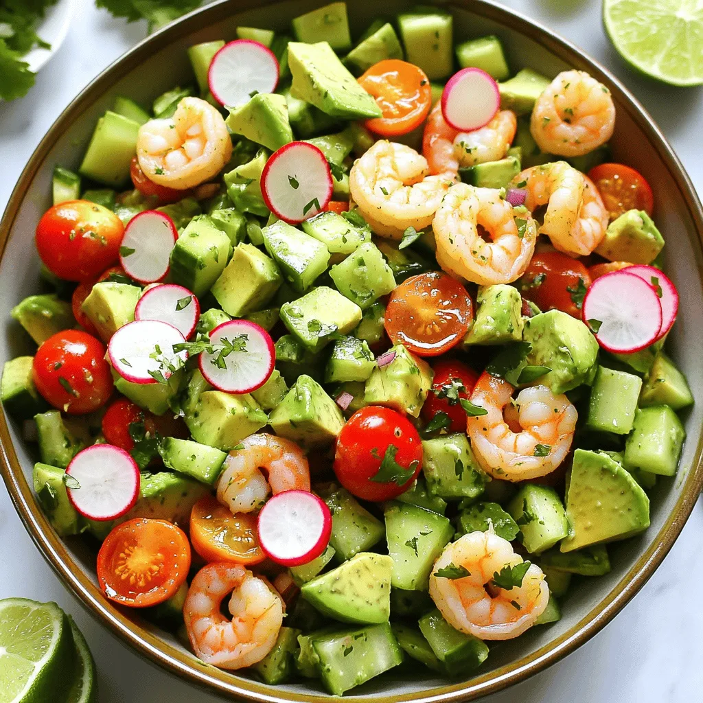 When it comes to making a Healthy Avocado Shrimp Salad, the right ingredients make all the difference. Here's what you'll need to create this fresh and tasty dish: - 1 lb large shrimp, peeled and deveined - 2 ripe avocados, diced - 1 cup cherry tomatoes, halved - 1 cucumber, diced - 1/4 red onion, finely chopped - 1/4 cup fresh cilantro, chopped - 2 tablespoons olive oil - 1 tablespoon lime juice - 1/2 teaspoon garlic powder - Salt and pepper to taste - Optional: Sliced radishes for garnish Each ingredient plays a key role. The shrimp offers a great source of protein. Avocados add healthy fats and a creamy texture. Cherry tomatoes bring a sweet burst of flavor, while cucumbers add crunch. Red onion gives a slight bite, and cilantro adds freshness. Olive oil and lime juice create a bright dressing. Garlic powder enhances the flavor without overpowering the dish. Feel free to adjust the ingredients to suit your taste. For the full recipe, including cooking instructions, check out the [Full Recipe]. Boiling Method To cook the shrimp, start by boiling a pot of salted water. Once it boils, add the shrimp. Cook them for 2 to 3 minutes. They should turn pink and opaque. This shows they are done. Rinsing and Cooling Process After cooking, drain the shrimp in a colander. Rinse them under cold water. This stops the cooking and cools them down quickly. Mixing Ingredients In a small bowl, whisk together olive oil, lime juice, garlic powder, salt, and pepper. Mix well to combine all the flavors. Adjusting Seasoning Taste the dressing and adjust as needed. You can add more salt or lime juice to suit your taste. Merging Key Ingredients In a large mixing bowl, add the cooked shrimp. Then, add diced avocados, cherry tomatoes, cucumber, red onion, and cilantro. Tossing Technique for Avocados Gently toss the mixture together. Be careful not to mush the avocados. You want them to stay whole for a nice presentation. Flavor Melding Time Let the salad chill in the fridge for at least 15 minutes. This allows the flavors to meld and enhances the taste. Garnishing Tips Before serving, consider garnishing with sliced radishes. They add a nice crunch and a pop of color. You can also add more cilantro or lime wedges for an appealing look. You can find the complete recipe [here](#). Avoiding Overcooked Shrimp To cook shrimp perfectly, keep a close eye on them. Shrimp cook fast. In boiling water, they only need 2-3 minutes. When they turn pink and opaque, they are done. Overcooking makes them tough. If you see them curling tightly, you’ve cooked them too long. Alternative Cooking Methods You can grill, sauté, or steam shrimp too. Grilling gives a nice smoky flavor. For sautéing, use a hot pan with a little oil. Just stir until they turn pink. Steaming keeps them juicy and tender. Each method adds a unique taste to your dish. Choosing Ripe Avocados Look for avocados that yield slightly to gentle pressure. A ripe avocado feels soft but not mushy. If it's hard, it needs more time. If it’s too soft, it may be overripe. You can speed up ripening by placing them in a paper bag with a banana. Preventing Browning To keep your avocado fresh, use lime or lemon juice. The acid slows down browning. Cut avocados should be stored with the pit in and wrapped tightly. If you have leftovers, sprinkle some juice on top before sealing the container. Customization Ideas You can change the dressing to suit your taste. Try adding honey for sweetness or mustard for a kick. Fresh herbs like dill or basil can make a big difference too. Experiment with different combinations to find your favorite. Adding Spice or Additional Flavors For those who like heat, add some diced jalapeños or a splash of hot sauce. You can also mix in some feta cheese for a salty twist. These small changes can take your salad to the next level. It’s all about making it your own! For the full recipe, check the Healthy Avocado Shrimp Salad section. {{image_2}} For a twist on your Healthy Avocado Shrimp Salad, consider adding more vegetables. Here are some tasty options: - Bell peppers, diced - Corn, fresh or canned - Spinach or arugula, roughly chopped These vegetables add crunch and color. They also boost nutrition, making your salad even better. If you want different protein options, try these alternatives: - Grilled chicken, diced - Tofu, cubed and sautéed - Canned tuna, drained These proteins can change the flavor and texture of your dish. Each option brings a unique taste to the salad. Changing the dressing can make your salad stand out. Try using different oils or acids: - Avocado oil for a rich flavor - Apple cider vinegar for a tangy kick You can also infuse your dressing with herbs. Here are some great choices: - Fresh basil for a sweet touch - Dill for a fresh, grassy note These variations keep your salad exciting and new each time you make it. If you follow a gluten-free diet, you are in luck! This salad is naturally gluten-free. Just make sure any added ingredients are also gluten-free. For vegan substitutions, swap shrimp with these options: - Chickpeas, for protein - Grilled eggplant, for a hearty texture These swaps make the dish plant-based while still being delicious. Enjoy experimenting with your own variations! For the full recipe, refer to the Healthy Avocado Shrimp Salad section. To keep your healthy avocado shrimp salad fresh, store it in the fridge. Place the salad in an airtight container. This helps keep moisture in and air out. Ideally, consume it within two days for the best taste and texture. If you notice browning on the avocados, it's okay; just scrape off the top layer. Freezing this salad is not recommended. The avocados and shrimp do not freeze well. They can become mushy when thawed. If you have leftover shrimp or diced avocados, you can freeze those separately. To thaw them, place them in the fridge overnight. This keeps them fresh and safe to eat. If you have leftover salad, get creative! You can use it as a filling for tacos or wraps. Just scoop some salad into a tortilla and enjoy. Another option is to mix it with cooked pasta for a hearty meal. You could also add it to omelets for a tasty breakfast. The ingredients in this salad pair well with many dishes, so don't be afraid to experiment! For the full recipe, check back to the main section. This salad has about 300 calories per serving. Here's the breakdown: - Shrimp (1 lb): 240 calories - Avocado (2 ripe): 480 calories - Cherry tomatoes (1 cup): 30 calories - Cucumber (1): 16 calories - Red onion (1/4): 12 calories - Olive oil (2 tablespoons): 240 calories - Lime juice (1 tablespoon): 4 calories - Garlic powder (1/2 teaspoon): 2 calories Total calories: 1,024. Divide by 4 servings gives around 256 calories each. Yes, you can make this salad ahead of time. Prepare it up to 4 hours in advance. Just keep it in the fridge. Wait to add the dressing until right before serving. This keeps the flavors fresh and the avocados from turning brown. You can use several alternatives for shrimp. Some good options include: - Cooked chicken, diced - Firm tofu, cubed - Canned chickpeas, rinsed These choices keep your salad tasty and healthy without shrimp. This salad is quick to make. The prep time is about 15 minutes. Cooking the shrimp takes about 5 minutes. So, the total time is around 30 minutes. This makes it perfect for a quick lunch or dinner. Yes, this salad is gluten-free. All the ingredients are safe for a gluten-free diet. If you follow this diet, you can enjoy this salad without worry. Both avocado and shrimp are very healthy. They offer many benefits: - Avocado: Rich in healthy fats, fiber, and vitamins. Good for heart health. - Shrimp: Low in calories, high in protein. Contains important nutrients like selenium and vitamin B12. Together, they make a great meal for your body and mind. For the full recipe, check out the Healthy Avocado Shrimp Salad section. In summary, we explored the tasty Healthy Avocado Shrimp Salad. We covered the key ingredients, cooking shrimp, and mixing the dressing. I shared tips for perfecting your dish, including handling avocados and customizing flavors. Remember, this salad is versatile and adaptable to your taste. Try adding proteins or herbs to make it your own. With proper storage, you can enjoy leftovers too. This salad isn’t just delicious; it’s full of nutrients. Enjoy your culinary creation and impress your friends with this fresh dish.