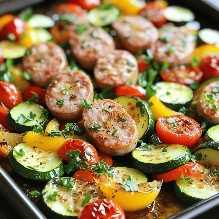 - 1 pound Italian chicken sausage, sliced - 2 medium zucchinis, sliced - 1 bell pepper (any color), chopped - 1 red onion, sliced - 1 cup cherry tomatoes, halved - 3 tablespoons olive oil - 1 teaspoon garlic powder - 1 teaspoon smoked paprika - 1 teaspoon dried oregano - Salt and pepper to taste - Fresh parsley, for garnish I love this recipe because it brings together bright veggies and tasty sausage. The main ingredients are simple but flavorful. You can choose any color of bell pepper to match your taste. The cherry tomatoes add a nice sweetness when they roast. Next, let’s talk about the seasonings. Olive oil is key for flavor and helps everything cook evenly. Garlic powder gives a nice kick. Smoked paprika adds depth, making the dish more exciting. Dried oregano brings an aromatic touch. You can adjust salt and pepper to your liking. Lastly, the fresh parsley adds a pop of color and freshness. It’s a simple touch that makes a big difference. When you combine all these ingredients, you get a colorful and hearty meal. For the complete details, check the Full Recipe. 1. Preheat your oven to 400°F (200°C). This helps cook everything evenly. 2. Line a large sheet pan with parchment paper. This makes cleanup easy. 3. In a large bowl, combine the sliced sausage, zucchinis, bell pepper, red onion, and cherry tomatoes. Mix them well. 1. Drizzle the olive oil over the mixture. 2. Add garlic powder, smoked paprika, dried oregano, salt, and pepper. Toss everything together until coated. 3. Spread the mixture in a single layer on the prepared sheet pan. Avoid overcrowding for even roasting. 4. Roast in the oven for 25-30 minutes. Check that the sausage is browned and the veggies are tender. Toss halfway through for even browning. 1. Once done, remove the sheet pan from the oven. Let it cool for a few minutes. 2. Garnish with freshly chopped parsley before serving. Enjoy your meal! To make your dish shine, adjust the seasonings to your taste. You can add more garlic powder for extra flavor. If you like heat, try adding red pepper flakes. For a fresh touch, squeeze lemon juice over the dish just before serving. To ensure even cooking, cut your veggies into similar sizes. Smaller pieces cook faster, while larger chunks may stay firm. This simple trick helps everything cook at the same rate. Avoid overcrowding the pan. Give each piece space to brown. When you pile everything together, they steam instead of roast. If needed, use two pans for better results. Toss the ingredients halfway through cooking. This step allows all sides to get crispy and browned. You want each bite to be full of flavor. It also helps the veggies soften nicely while keeping the sausage juicy. For the full recipe, check out the Sizzling Sheet Pan Sausage & Veggies. {{image_2}} If you want to change the sausage, there are great options. Turkey sausage works well and has less fat. If you prefer plant-based options, try tofu or tempeh. Both absorb flavors nicely and add protein. You can also use vegan sausage for a meatless meal. Each option brings its own taste and texture. You can swap veggies based on what you have. Broccoli and carrots roast nicely. They add crunch and color. Seasonal veggies are also a great choice. In the fall, use squash or Brussels sprouts. In the summer, bell peppers and eggplant shine. Mix and match to keep things exciting. To boost flavors, try different herbs and spices. Rosemary, thyme, and basil can add depth. A dash of red pepper flakes brings heat. You can also add sauces or marinades for a twist. Teriyaki or BBQ sauce can change the whole dish. Don’t hesitate to experiment and find your favorite combo. For the full recipe, check the Sizzling Sheet Pan Sausage & Veggies section. To store your leftovers, let the dish cool first. Place the sausage and veggies in an airtight container. This keeps them fresh and tasty. You can store them in the fridge for up to three days. After that, the veggies might lose their crunch. For the best texture, heat your leftovers in the oven. Preheat the oven to 350°F (175°C). Spread the sausage and veggies on a baking sheet. Heat them for about 10-15 minutes. This method keeps them crispy. You can also use the microwave. Place the food in a microwave-safe bowl. Cover it with a damp paper towel. Heat it for 1-2 minutes, checking often. The food warms quickly, but it may lose some crispness. For more details, check the Full Recipe. I recommend using Italian chicken sausage for this dish. It brings great flavor without being too heavy. You can also try turkey sausage or pork sausage if you prefer. Each type adds its own unique taste, so feel free to experiment. Yes, you can prepare the ingredients the night before. Just chop the veggies and slice the sausage. Store them in the fridge in an airtight container. When you're ready to eat, just toss everything together and roast it. To make this dish gluten-free, ensure your sausage is gluten-free. For a vegetarian option, use plant-based sausage or tofu. You can also swap out the veggies to include your favorites, like carrots or broccoli, based on your needs. Absolutely! You can freeze the cooked sausage and veggies. Allow them to cool, then store in freezer-safe bags. They will keep well for up to three months. Just thaw overnight in the fridge before reheating. This dish pairs well with a simple side salad or crusty bread. You can also serve it over rice or quinoa for added texture. Drizzle with a bit of balsamic glaze or your favorite sauce for a flavor boost. For the full recipe, check out the details above! This blog post covered a simple sheet pan sausage and veggie recipe. We explored key ingredients like Italian sausage, zucchinis, and cherry tomatoes. I shared step-by-step cooking instructions to ensure great flavor and texture. Tips helped you perfect the dish, with variations for dietary needs. Remember, you can customize this meal however you like. Trust your taste buds and have fun cooking. Enjoy your tasty creation!
