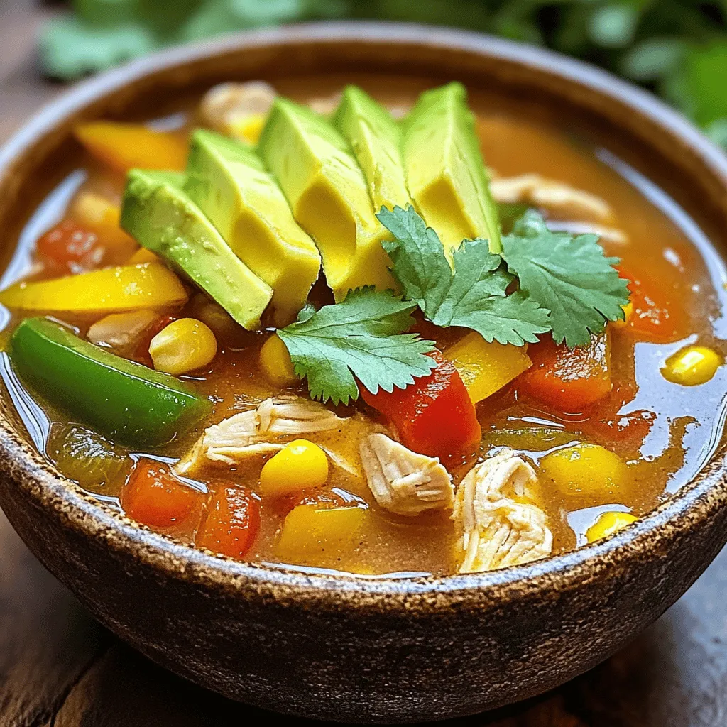 - 1 lb boneless, skinless chicken breasts, diced - 1 large onion, sliced - 1 red bell pepper, sliced - 1 green bell pepper, sliced - 2 cloves garlic, minced - 1 can (15 oz) black beans, drained and rinsed - 1 can (15 oz) diced tomatoes with green chilies - 4 cups chicken broth - 1 cup corn (frozen or canned) For a rich flavor, I use boneless, skinless chicken breasts. They cook quickly and stay juicy. I like to slice my onion and bell peppers thin. This way, they blend well with the soup. Black beans add protein and texture. Diced tomatoes with green chilies give the soup a punch of flavor. Chicken broth makes the base warm and tasty. Corn adds a nice sweetness to the mix. - 1 tablespoon chili powder - 1 teaspoon cumin - 1 teaspoon smoked paprika - Salt and pepper to taste - Juice of 1 lime I love using spices to bring out the flavors. Chili powder gives a nice heat. Cumin adds a warm, earthy taste. Smoked paprika gives a hint of smokiness. I always taste for salt and pepper to make it just right. A splash of lime juice at the end brightens up the soup. - Avocado slices - Fresh cilantro For toppings, I recommend avocado slices for creaminess. Fresh cilantro adds a pop of color and fresh flavor. Both toppings make the soup even more delightful. You can find the full recipe in the article for all steps. Start by heating the olive oil in a large pot over medium heat. Once the oil is hot, add the diced chicken. Cook the chicken until it turns brown on all sides, which takes about 5 to 7 minutes. This step is key to getting great flavor. Next, stir in the sliced onion and bell peppers. Cook them for another 4 to 5 minutes. This will help the vegetables become tender and sweet, adding depth to your soup. Now it's time to add more flavor. Stir in the minced garlic and cook for 1 minute. Garlic gives a wonderful aroma that fills your kitchen. Then, pour in the diced tomatoes with green chilies, chicken broth, black beans, and corn. Stir well to combine everything. Add the chili powder, cumin, smoked paprika, salt, and pepper. These spices bring the fajita flavor to your soup. Mix them in and let the magic happen. Bring the mixture to a boil. This step ensures all the flavors blend well together. Once boiling, reduce the heat to a simmer. Cover the pot and let it cook for about 15 to 20 minutes. This allows the flavors to meld and develop richness. Just before serving, stir in the lime juice. This adds a fresh kick that brightens the soup. Serve it hot, and don't forget to garnish with fresh cilantro and avocado slices for that finishing touch. Enjoy this flavorful dish! - Browning chicken properly: Start with hot oil. Add diced chicken and let it cook. This step gives the chicken a nice color and rich flavor. Don't rush this part; it takes about 5-7 minutes. - Ensuring vegetables are tender: After browning the chicken, add onions and bell peppers. Cook them until soft, about 4-5 minutes. This ensures that your veggies add great taste and texture to the soup. - Adding more veggies or proteins: You can mix in other veggies like zucchini or corn. If you want more protein, try adding shrimp or beans. This makes the soup heartier and more nutritious. - Adjusting spice levels: If you like heat, add more chili powder or jalapeños. For a milder flavor, cut back on the spices. Taste as you go to find your perfect balance. - Best side dishes to accompany the soup: Serve with tortilla chips for crunch. A simple green salad pairs well too. You can also add rice or bread to make it a full meal. - How to serve for gatherings: Present the soup in a big bowl. Offer toppings like avocado and cilantro on the side. This lets everyone customize their bowl, making it fun and interactive. For the complete recipe, check out the [Full Recipe]. {{image_2}} You can switch the chicken for beef or turkey. Both add a hearty touch. Cook the beef just like the chicken. For turkey, use ground turkey for a quick option. If you prefer plant-based meals, tofu works great. Press and cube the tofu before cooking. Sauté it until golden for added flavor. Both swaps keep the soup tasty while offering different protein choices. Spices can change the taste of your soup. Try adding smoked paprika for a deeper flavor. You can also add cayenne for heat. Don't shy away from fresh herbs either. Chopped cilantro or parsley brightens the dish. Seasonal veggies, like zucchini or corn, can add color and nutrition. Just stir them in during the simmering stage to cook through. Toppings make your soup fun and tasty. Sour cream adds creaminess, while shredded cheese brings richness. Avocado slices on top add a creamy texture. You can also serve the soup with tortilla chips. They provide a nice crunch. Each bite can be a new flavor experience. For the full recipe, check out the detailed instructions to make this soup your own! To keep your chicken fajita soup fresh, use airtight containers. Glass or plastic containers work well. Make sure to let the soup cool before sealing. This helps keep moisture in check. Always store leftovers in the fridge. Try to eat them within three to four days for the best taste. When it's time to reheat, you have a few options. You can use the stove, microwave, or slow cooker. For the stove, pour the soup into a pot. Heat on medium until warm, stirring often. In the microwave, place soup in a bowl. Heat for 1-2 minutes, stirring halfway. Avoid overcooking to keep the flavors fresh. If you want to freeze the soup, here's how. First, let it cool completely. Then, pour it into freezer-safe bags or containers. Make sure to leave some space at the top for expansion. Seal tightly and label with the date. The soup can last up to three months in the freezer. To thaw, place it in the fridge overnight. Reheat as mentioned above for the best taste. This chicken fajita soup is not just easy to make; it also stores well. Enjoy this flavorful meal any time! For the full recipe, check out the details above. Yes, you can use frozen chicken. Just make sure to thaw it first for best results. The safest way is to leave it in the fridge overnight. If you need to speed it up, you can use the microwave on defrost mode. After thawing, cut it into small pieces so it cooks evenly in the soup. This keeps the texture nice and tender. This soup lasts about three to four days in the fridge. Store it in an airtight container to keep it fresh. If you're not sure you'll finish it in that time, consider freezing some. When reheating, make sure it’s heated all the way through. This keeps it safe to eat and brings back the flavor. Yes, you can make this soup in a slow cooker! Just add all the ingredients to the slow cooker. Set it on low for 6 to 8 hours or on high for 3 to 4 hours. I like using the slow cooker on busy days. It makes dinner easy and gives the flavors time to blend well. Yes, this soup is gluten-free! All the ingredients are safe for those with gluten allergies. Just check the labels on canned goods like beans and tomatoes to ensure they are gluten-free. You can enjoy it without worry, making it great for everyone at your table. This blog post covered how to make easy chicken fajita soup. We discussed key ingredients, from chicken and veggies to spices. I shared cooking tips to help you create the best flavor. We also explored fun variations and smart storage tips for leftovers. This soup is tasty, simple, and can fit any meal. You can easily make it your own. Enjoy your cooking and make this soup a regular part of your menu!