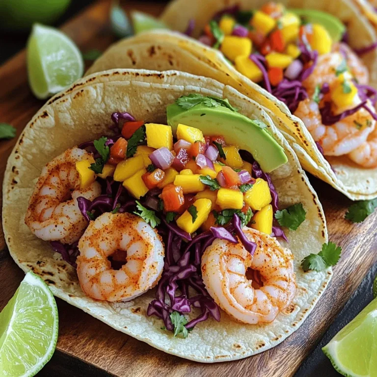 - 1 pound shrimp, peeled and deveined - 2 tablespoons olive oil - 2 teaspoons chili powder - 1 teaspoon cumin - 1 teaspoon garlic powder - 1/2 teaspoon cayenne pepper (adjust to taste) - Salt and pepper to taste - 1 ripe mango, diced - 1/2 red onion, finely chopped - 1 red bell pepper, diced - 1 jalapeño, deseeded and minced (adjust for spice level) - 2 tablespoons cilantro, chopped - Juice of 1 lime - Salt and pepper to taste - 8 small corn tortillas - 1 cup shredded red cabbage - 1 avocado, sliced The ingredients for Spicy Shrimp Tacos are simple yet flavorful. You need fresh shrimp and spices for the shrimp, and ripe mango for the salsa. The corn tortillas are perfect for holding all the goodness inside. When you mix these ingredients, you create a dish full of flavor and texture. I love using fresh mango in the salsa. It adds sweetness that balances the spice of the shrimp. The crunch of the cabbage and creaminess of the avocado make each bite exciting. This recipe is great for a fun dinner or casual get-together. For the full recipe, check out the complete guide to making Spicy Shrimp Tacos with Mango Salsa. To start, grab a medium bowl. Combine diced mango, red onion, red bell pepper, jalapeño, and cilantro. These fresh ingredients give the salsa a bright flavor. Next, add lime juice and season with salt and pepper. Mix everything well. Let the salsa chill in the refrigerator while you prepare the shrimp. This helps the flavors blend together nicely. In a large bowl, toss the shrimp with olive oil. Then add chili powder, cumin, garlic powder, cayenne pepper, salt, and pepper. Make sure each shrimp gets coated well with the spices. This step is key for flavor, so don't rush it! Heat a large skillet over medium-high heat. Once hot, add the seasoned shrimp. Cook for 2-3 minutes on each side. Look for the shrimp to turn pink and opaque. This means they are cooked just right. Avoid overcooking, as shrimp can become tough. While the shrimp cooks, warm the corn tortillas. You can do this in the same skillet or use a separate griddle. Heat each tortilla for about 30 seconds on each side. You want them pliable and lightly toasted for the best texture. Now it's time to build your tacos! On each warm tortilla, layer the cooked shrimp, shredded cabbage, and avocado. The cabbage adds crunch, while the avocado gives creaminess. Finally, top each taco with a generous spoonful of mango salsa. This is where the magic happens! Serve your tacos right away. Add lime wedges on the side for an extra burst of flavor. The fresh lime juice will enhance every bite. For the full recipe, check the details provided earlier. Enjoy your delicious creation! Choose fresh or frozen shrimp. I prefer peeled and deveined shrimp for ease. This saves time and effort. Always check for a firm texture and a clean smell. This ensures you get the best taste possible. If you find shrimp on sale, stock up! You can freeze them for later use. You control the heat in your tacos! If you want less spice, reduce the cayenne and jalapeño. Start with a small amount and taste as you go. You can always add more if you want a kick. Remember, everyone has different spice preferences. Find what works for you and your guests. To cook shrimp perfectly, watch them closely. Heat your skillet to medium-high. Cook shrimp for only 2-3 minutes per side. They should be pink and opaque when done. Overcooking makes shrimp tough and rubbery. If they curl tightly, they might be overcooked. Always aim for that tender, juicy bite. For the Full Recipe, check the earlier section. {{image_2}} You can swap shrimp for chicken, tofu, or fish. Each option brings its own flavor. Chicken offers a hearty bite. Tofu is great for a plant-based choice. Fish adds a fresh taste. Adjust the cooking time for each protein. This lets you enjoy different meals while keeping the same tasty taco style. Get creative with your salsa! Try using pineapple or peach instead of mango. Pineapple brings a sweet and tangy zing. Peach adds a juicy, soft texture. Mix in some jalapeño for heat. These unique salsas make the tacos even more exciting. Don't be afraid to experiment with your favorite fruits! Make your tacos look great on the table. Serve them on a big platter. Add lime wedges and fresh herbs for color. This makes the dish pop and invites everyone to dig in. A nice presentation adds to the fun of your taco night. Enjoy every bite! Store your cooked shrimp and mango salsa separately. Use airtight containers to keep them fresh. This way, the shrimp stays juicy and the salsa keeps its bright flavor. In the fridge, they will last for about three days. To reheat the shrimp, use a skillet. Warm it over medium heat. Cook the shrimp until it is heated through. This keeps it tender and tasty. Avoid using the microwave as it can make the shrimp rubbery. For your tortillas, keep them wrapped in foil. You can also use a tortilla warmer. This helps them stay soft and fresh. If you plan to eat them later, avoid stacking them. Yes, prepare salsa up to 24 hours ahead for better flavor. Making it early lets the ingredients blend well. Store it in the fridge to keep it fresh and tasty. Use kitchen scissors or a knife to remove the shell and veins for easy preparation. Start by cutting along the back to expose the vein. Then, pull off the shell and rinse the shrimp. Yes, use corn tortillas which are naturally gluten-free. This makes the dish safe for those with gluten allergies. Always check the package to ensure there are no added ingredients. Use less oil and add more veggies to increase nutritional value. You can toss in extra bell peppers or a side salad. This adds fiber and vitamins without losing flavor. Cooked shrimp can be frozen, but fresh salsa is best enjoyed fresh. If you freeze shrimp, place it in an airtight bag. For salsa, enjoy it right after making for the best taste. You learned how to make spicy shrimp tacos and mango salsa. Fresh shrimp and bright flavors make these tacos a hit. Feel free to adjust the spice levels to match your taste. You can also switch proteins or try new salsas for fun variations. Don't forget about proper storage and reheating tips to enjoy leftovers later. Dive into these tasty tacos, and enjoy every bite!