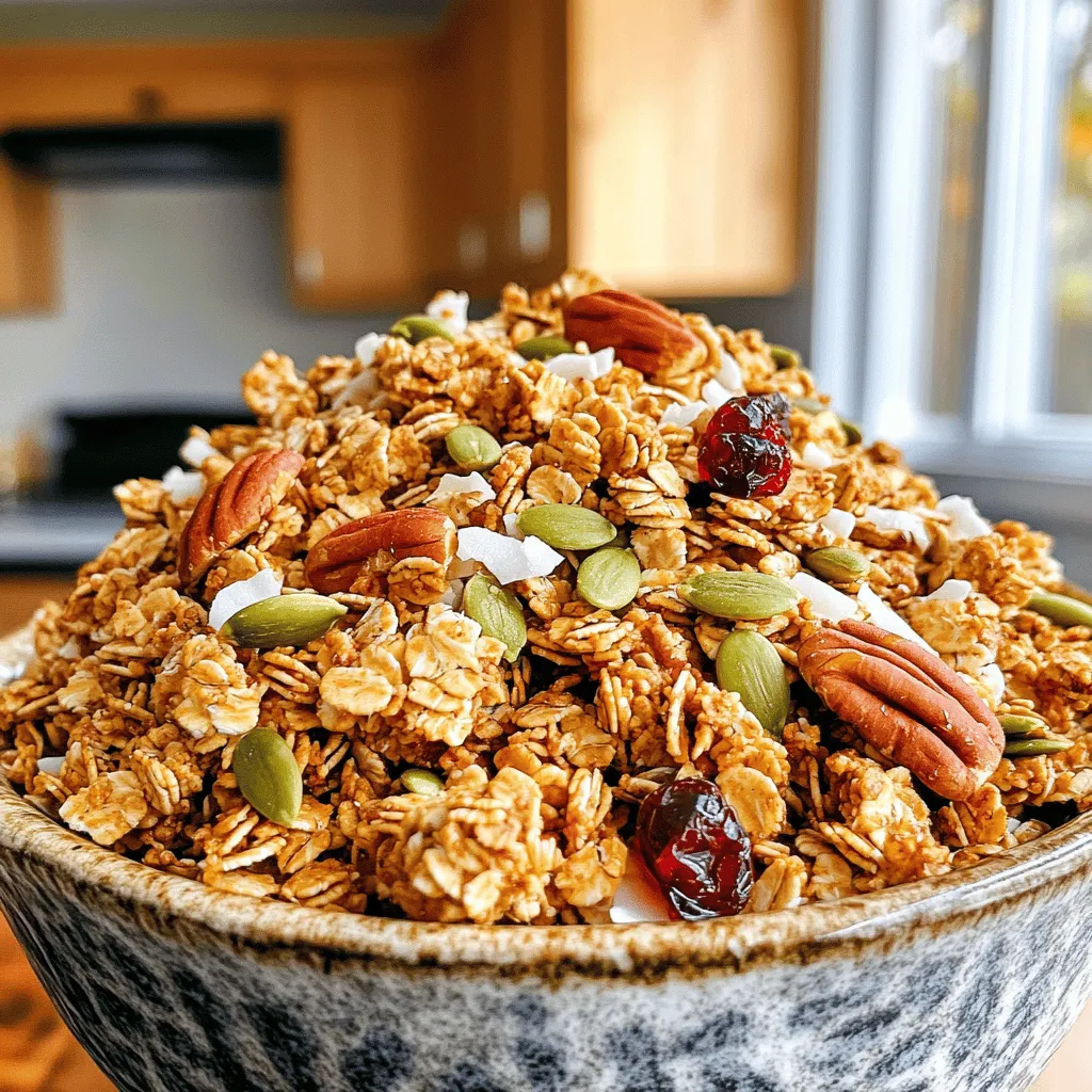 To make this tasty maple pecan granola, you need just a few simple items. Here’s what you’ll need: - 2 cups rolled oats - 1 cup pecans, chopped - 1/2 cup pumpkin seeds - 1/2 cup shredded coconut (unsweetened) - 1/2 cup maple syrup - 1/4 cup coconut oil, melted - 1 teaspoon vanilla extract - 1/2 teaspoon cinnamon - 1/4 teaspoon sea salt - 1/2 cup dried cranberries (or other dried fruits) These ingredients come together to create a crunchy and sweet snack that you can enjoy any time of day. The oats provide fiber, while pecans add protein and healthy fats. Maple syrup gives it a natural sweetness without refined sugars. Feel free to get creative with your granola! Here are some fun add-ins you can try: - Chopped almonds or walnuts - Sunflower seeds for extra crunch - Chocolate chips for a sweet twist - Different dried fruits like apricots or raisins These options allow you to make the granola your own. You can mix and match based on what you like or have at home. Each serving of this maple pecan granola is packed with nutrients. Here’s a quick look at what you get: - Calories: about 250 - Protein: 5 grams - Carbohydrates: 30 grams - Fiber: 4 grams - Sugars: 8 grams - Fats: 12 grams This granola not only tastes good but also fuels your body. It’s a great choice for breakfast or a midday snack. For the full recipe, check out the details above and give it a try! First, preheat your oven to 350°F (175°C). Grab a large baking sheet and line it with parchment paper. This makes cleanup easy. In a large bowl, mix together the rolled oats, chopped pecans, pumpkin seeds, shredded coconut, cinnamon, and sea salt. Make sure to combine everything well. In another bowl, whisk the melted coconut oil, maple syrup, and vanilla extract together. This step adds flavor to your granola. Pour this wet mixture over the dry ingredients and stir until everything is evenly coated. Now, spread the granola mixture in an even layer on the prepared baking sheet. Place it in the oven and bake for about 25-30 minutes. Stir halfway through to keep it from burning. You want the granola to turn golden brown and smell amazing. Once it's done baking, take it out and let it cool completely on the baking sheet. This step is key for crunchiness. After it cools, stir in the dried cranberries. Finally, transfer your granola to an airtight container. Store it in a cool place for the best freshness. For the full recipe, check out the detailed instructions above. Enjoy your tasty, healthy snack! To get crunchy granola, use rolled oats. They provide the best texture. Mix dry and wet ingredients well to coat the oats evenly. Spread the mixture on the baking sheet in a thin layer. Stir halfway through baking. This helps it brown evenly. Let the granola cool completely before storing. This keeps it crispy and tasty. You can easily change this recipe for your needs. For a nut-free version, skip the pecans. Use sunflower seeds instead. If you need a gluten-free option, choose certified gluten-free oats. Replace coconut oil with another oil if you prefer. Maple syrup can also be swapped with agave syrup for a different sweetness. Granola is great for breakfast. Serve it with yogurt and fresh fruit for a lovely bowl. You can also sprinkle it on oatmeal or smoothie bowls. For a snack, eat it plain or with milk. Drizzle some extra maple syrup for more flavor. Enjoy your Maple Pecan Granola as a tasty and healthy treat! For the full recipe, check out the main section. {{image_2}} You can switch up the nuts and seeds in your granola. For example, try using almonds or walnuts instead of pecans. You might also add sunflower seeds or chia seeds for extra crunch and nutrition. These changes can make the granola even more interesting. Just remember to keep the total amount of nuts and seeds close to two cups. Adding spices can take your maple pecan granola to the next level. You can use nutmeg or ginger for a warm touch. A pinch of cardamom can also add a unique flavor. For extra depth, consider using almond or coconut extract instead of vanilla. These small tweaks can change the taste and make it your own. If you want to try different sweeteners, you have options. Honey or agave syrup can replace maple syrup. Each sweetener has its own flavor, so choose one that fits your taste. You can also use mashed bananas or applesauce to add sweetness and moisture. These swaps can help you create a granola that's just right for you. For the full recipe, check out the earlier section. To keep your maple pecan granola fresh, store it in an airtight container. Choose a cool, dry place, like a pantry or cupboard. Avoid areas with heat or moisture, as they can ruin the texture. I suggest using glass jars or plastic containers with tight lids. This way, your granola stays crunchy and tasty for a long time. When stored correctly, granola lasts about two weeks. After that, it may lose its crunch and flavor. Check for signs of spoilage, like an off smell or mold. If you see any, throw it away. Freshness matters, so always trust your senses! For long-term storage, freezing is a great option. Place your granola in a freezer-safe bag or container. Make sure to squeeze out as much air as possible. Granola can last up to three months in the freezer. When you're ready to eat, thaw it overnight in the fridge. You can also warm it in the oven for a few minutes to bring back its crunch. Enjoy your maple pecan granola anytime with this easy method! For the complete recipe, check out the Full Recipe. To make maple pecan granola gluten-free, use certified gluten-free oats. Regular oats may contain gluten from processing. Always check labels when shopping. This ensures your granola is safe for those with gluten sensitivities. You can still enjoy the same great flavor while being health-conscious. Yes, you can use different nuts in your granola. Almonds, walnuts, or hazelnuts are great options. Just chop them up and mix them in. This allows you to add your favorite flavors. Each nut brings its unique taste and texture. Feel free to experiment with what you love the most! Absolutely! To make granola vegan, substitute honey with maple syrup. Use coconut oil instead of butter, which is already vegan. All the other ingredients in the recipe are plant-based. This makes it easy to create a tasty, vegan snack. Enjoy your delicious granola without any animal products! For the full recipe, check out the Maple Pecan Granola section above. You now understand how to make maple pecan granola. We covered the main ingredients, optional add-ins, and nutritional info. I shared step-by-step instructions for preparation and baking, plus tips for perfect texture. We even explored variations, storage tips, and answered common questions. Experiment with flavors and ingredients to find your favorite mix. Making granola is simple and fun, so enjoy your tasty, homemade snack!