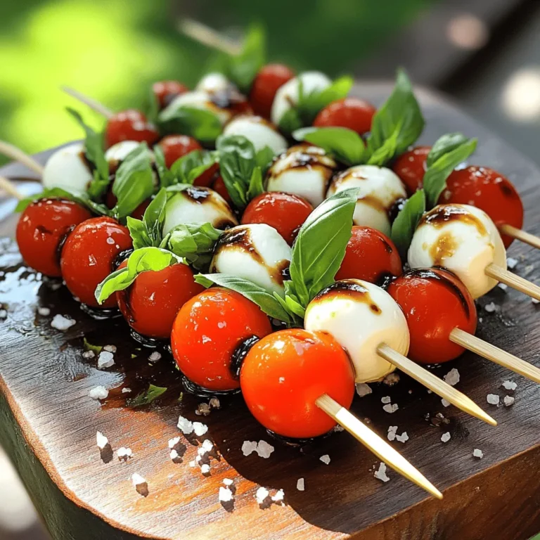 - Cherry tomatoes - Fresh mozzarella balls (bocconcini) - Fresh basil leaves - Balsamic glaze - Extra virgin olive oil - Salt and pepper - Skewers or toothpicks Gather these ingredients to make your mini Caprese skewers shine. Start with fresh cherry tomatoes. They should be firm and vibrant. Next, select fresh mozzarella balls, known as bocconcini. These little gems hold the perfect creamy texture. Don’t forget fresh basil leaves; they add a burst of aroma and flavor. For the finishing touch, you’ll need balsamic glaze. It gives a sweet tang that elevates the dish. Extra virgin olive oil adds richness and depth. Finally, salt and pepper enhance all the flavors. - Best mozzarella brands - Choosing the freshest basil - Types of balsamic glaze For mozzarella, look for brands like BelGioioso or Galbani. They offer great taste and quality. When picking basil, go for bright green leaves with no browning. Freshness really matters here. As for balsamic glaze, consider brands like Colavita or Figoni. They balance sweetness and tang perfectly. These choices help your skewers taste amazing and elevate your appetizer game. For the full recipe, check out the details above! First, wash the cherry tomatoes and basil leaves under cold water. This step is key for freshness. After washing, dry them gently with a kitchen towel. Removing excess water helps the flavors shine. Now, grab your skewer or toothpick. Start by threading a cherry tomato onto it. Next, add a mozzarella ball. Follow this with a fresh basil leaf. Repeat this until the skewer is filled but leave some space at the ends. This space makes it easy to hold and eat. Keep the colors bright and the arrangement neat for a fun look. Once your skewers are ready, it’s time for flavor. Drizzle extra virgin olive oil over them. Then, add balsamic glaze for a sweet and tangy hit. Sprinkle a pinch of salt and pepper to enhance the taste. For a fun twist, consider adding crushed red pepper flakes for some heat. Serve them right away, or chill until it’s time to enjoy. For the full recipe, check out the details above. To keep your skewers neat, choose the right size. Use small cherry tomatoes and mozzarella balls. This way, they fit well together. When you thread them, leave space at the ends. This space helps with holding and eating. For a fun look, alternate colors. Place a tomato, then mozzarella, then a basil leaf. Repeat this pattern. It makes each skewer pop with color. Arrange them on a platter in rows or circles. This adds to the visual appeal. To boost the flavors, add spices or herbs. A sprinkle of crushed red pepper can add a kick. You might also try dried oregano or thyme. Fresh herbs like basil or parsley enhance the taste too. Alternative dressings can change the game. Instead of balsamic glaze, try a honey mustard mix. A simple vinaigrette can also work well. Experiment with different flavors to find your favorite. Mini Caprese skewers shine at any gathering. They are perfect for parties, picnics, or family dinners. Serve them as an appetizer or a snack. Pair these skewers with light drinks. A crisp white wine or sparkling water works great. You can also serve them with a refreshing lemonade. These drinks complement the flavors beautifully. {{image_2}} You can easily switch the cheese in mini Caprese skewers. Try using feta or goat cheese for a tangy taste. If you want something creamier, burrata works well too. You can also add fun fruits or veggies. Try using cucumber slices or peaches for a fresh twist. For an Italian-style variation, add slices of prosciutto. This adds a salty and savory note. You can also drizzle some Italian herbs like oregano or thyme for extra flavor. For a Mediterranean twist, try adding olives or artichoke hearts. These will bring a new depth to your skewers. If you need vegetarian options, your skewers are already great! Just skip the meat and stick with the classic ingredients. For gluten-free choices, make sure your balsamic glaze is gluten-free. Most brands are, but it’s good to check. This way, everyone at your gathering can enjoy these tasty bites. For the full recipe, check out the [Full Recipe]. To keep your mini Caprese skewers fresh, refrigerate them right after serving. Place them in an airtight container. This step helps keep the flavors vivid. Try to avoid stacking them too tightly to prevent squishing. If you have leftover skewers, use plastic wrap to cover them tightly. This way, they won’t dry out. You can freeze mini Caprese skewers, but they may lose some texture. If you choose to freeze them, wrap each skewer in plastic wrap. Then, place them in a freezer-safe bag. When ready to eat, thaw them overnight in the fridge. Reheat them gently in a warm oven for a few minutes. Avoid using a microwave as it can make the cheese rubbery. Mini Caprese skewers are best enjoyed fresh. Consume them within 2-3 days if stored in the fridge. Look for signs of spoilage, like a change in color or smell. If the tomatoes look wrinkled or the cheese is slimy, it's best to toss them. Always trust your senses when it comes to food safety. For the full recipe, check out the Mini Caprese Skewers Delight . To keep mini Caprese skewers fresh, use fresh ingredients. Choose firm cherry tomatoes and mozzarella. Avoid dipping them in the balsamic glaze too early. Instead, drizzle the glaze just before serving. You can also store the skewers in the fridge in a sealed container. This helps keep moisture away and keeps them crisp. Yes, you can make mini Caprese skewers ahead of time. Prepare them a few hours before your event. Just remember to store them in the fridge. If you plan to make them a day earlier, keep the basil leaves separate. Add them right before serving to keep them fresh and green. If you want a different flavor, try using a fruit-based vinegar. A fig balsamic or raspberry vinegar works well. You can also use lemon juice for a bright touch. A simple olive oil drizzle with herbs can be tasty too. Feel free to experiment with flavors that you love. Mini Caprese skewers last about two days in the fridge. After that, the tomatoes may start to lose their crunch. Always check for any signs of spoilage before eating. If they smell off or look slimy, it's best to toss them out. Enjoy the freshness while you can! For a complete guide, check out the Full Recipe. Mini Caprese skewers bring fresh flavors to any table. You learned essential ingredients, impactful assembly tips, and fun variations. Remember, quality ingredients like fresh mozzarella and basil make a big difference. Storing them well keeps your skewers looking great longer. From enjoying them at parties to savoring them on a picnic, these skewers shine in any setting. With the right knowledge and creativity, you can impress anyone. Try these tips, and make your next dish a hit!