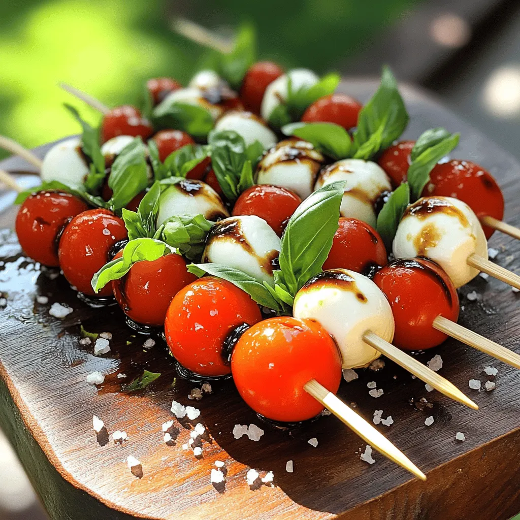 - Cherry tomatoes - Fresh mozzarella balls (bocconcini) - Fresh basil leaves - Balsamic glaze - Extra virgin olive oil - Salt and pepper - Skewers or toothpicks Gather these ingredients to make your mini Caprese skewers shine. Start with fresh cherry tomatoes. They should be firm and vibrant. Next, select fresh mozzarella balls, known as bocconcini. These little gems hold the perfect creamy texture. Don’t forget fresh basil leaves; they add a burst of aroma and flavor. For the finishing touch, you’ll need balsamic glaze. It gives a sweet tang that elevates the dish. Extra virgin olive oil adds richness and depth. Finally, salt and pepper enhance all the flavors. - Best mozzarella brands - Choosing the freshest basil - Types of balsamic glaze For mozzarella, look for brands like BelGioioso or Galbani. They offer great taste and quality. When picking basil, go for bright green leaves with no browning. Freshness really matters here. As for balsamic glaze, consider brands like Colavita or Figoni. They balance sweetness and tang perfectly. These choices help your skewers taste amazing and elevate your appetizer game. For the full recipe, check out the details above! First, wash the cherry tomatoes and basil leaves under cold water. This step is key for freshness. After washing, dry them gently with a kitchen towel. Removing excess water helps the flavors shine. Now, grab your skewer or toothpick. Start by threading a cherry tomato onto it. Next, add a mozzarella ball. Follow this with a fresh basil leaf. Repeat this until the skewer is filled but leave some space at the ends. This space makes it easy to hold and eat. Keep the colors bright and the arrangement neat for a fun look. Once your skewers are ready, it’s time for flavor. Drizzle extra virgin olive oil over them. Then, add balsamic glaze for a sweet and tangy hit. Sprinkle a pinch of salt and pepper to enhance the taste. For a fun twist, consider adding crushed red pepper flakes for some heat. Serve them right away, or chill until it’s time to enjoy. For the full recipe, check out the details above. To keep your skewers neat, choose the right size. Use small cherry tomatoes and mozzarella balls. This way, they fit well together. When you thread them, leave space at the ends. This space helps with holding and eating. For a fun look, alternate colors. Place a tomato, then mozzarella, then a basil leaf. Repeat this pattern. It makes each skewer pop with color. Arrange them on a platter in rows or circles. This adds to the visual appeal. To boost the flavors, add spices or herbs. A sprinkle of crushed red pepper can add a kick. You might also try dried oregano or thyme. Fresh herbs like basil or parsley enhance the taste too. Alternative dressings can change the game. Instead of balsamic glaze, try a honey mustard mix. A simple vinaigrette can also work well. Experiment with different flavors to find your favorite. Mini Caprese skewers shine at any gathering. They are perfect for parties, picnics, or family dinners. Serve them as an appetizer or a snack. Pair these skewers with light drinks. A crisp white wine or sparkling water works great. You can also serve them with a refreshing lemonade. These drinks complement the flavors beautifully. {{image_2}} You can easily switch the cheese in mini Caprese skewers. Try using feta or goat cheese for a tangy taste. If you want something creamier, burrata works well too. You can also add fun fruits or veggies. Try using cucumber slices or peaches for a fresh twist. For an Italian-style variation, add slices of prosciutto. This adds a salty and savory note. You can also drizzle some Italian herbs like oregano or thyme for extra flavor. For a Mediterranean twist, try adding olives or artichoke hearts. These will bring a new depth to your skewers. If you need vegetarian options, your skewers are already great! Just skip the meat and stick with the classic ingredients. For gluten-free choices, make sure your balsamic glaze is gluten-free. Most brands are, but it’s good to check. This way, everyone at your gathering can enjoy these tasty bites. For the full recipe, check out the [Full Recipe]. To keep your mini Caprese skewers fresh, refrigerate them right after serving. Place them in an airtight container. This step helps keep the flavors vivid. Try to avoid stacking them too tightly to prevent squishing. If you have leftover skewers, use plastic wrap to cover them tightly. This way, they won’t dry out. You can freeze mini Caprese skewers, but they may lose some texture. If you choose to freeze them, wrap each skewer in plastic wrap. Then, place them in a freezer-safe bag. When ready to eat, thaw them overnight in the fridge. Reheat them gently in a warm oven for a few minutes. Avoid using a microwave as it can make the cheese rubbery. Mini Caprese skewers are best enjoyed fresh. Consume them within 2-3 days if stored in the fridge. Look for signs of spoilage, like a change in color or smell. If the tomatoes look wrinkled or the cheese is slimy, it's best to toss them. Always trust your senses when it comes to food safety. For the full recipe, check out the Mini Caprese Skewers Delight . To keep mini Caprese skewers fresh, use fresh ingredients. Choose firm cherry tomatoes and mozzarella. Avoid dipping them in the balsamic glaze too early. Instead, drizzle the glaze just before serving. You can also store the skewers in the fridge in a sealed container. This helps keep moisture away and keeps them crisp. Yes, you can make mini Caprese skewers ahead of time. Prepare them a few hours before your event. Just remember to store them in the fridge. If you plan to make them a day earlier, keep the basil leaves separate. Add them right before serving to keep them fresh and green. If you want a different flavor, try using a fruit-based vinegar. A fig balsamic or raspberry vinegar works well. You can also use lemon juice for a bright touch. A simple olive oil drizzle with herbs can be tasty too. Feel free to experiment with flavors that you love. Mini Caprese skewers last about two days in the fridge. After that, the tomatoes may start to lose their crunch. Always check for any signs of spoilage before eating. If they smell off or look slimy, it's best to toss them out. Enjoy the freshness while you can! For a complete guide, check out the Full Recipe. Mini Caprese skewers bring fresh flavors to any table. You learned essential ingredients, impactful assembly tips, and fun variations. Remember, quality ingredients like fresh mozzarella and basil make a big difference. Storing them well keeps your skewers looking great longer. From enjoying them at parties to savoring them on a picnic, these skewers shine in any setting. With the right knowledge and creativity, you can impress anyone. Try these tips, and make your next dish a hit!