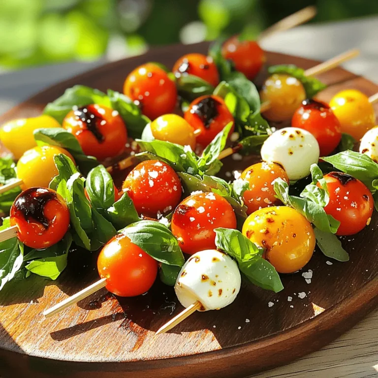 To make Caprese salad skewers, you'll need these key items: - 10 cherry tomatoes - 10 fresh basil leaves - 10 small mozzarella balls (bocconcini) - 2 tablespoons balsamic glaze - 1 tablespoon extra virgin olive oil - Salt and pepper to taste - 10 small wooden skewers These ingredients create a fresh and vibrant snack full of flavor. The cherry tomatoes bring sweetness, while the mozzarella adds creaminess. The basil gives a nice herbal note, and the balsamic glaze adds a tangy finish. You can easily swap some ingredients if needed: - Use grape tomatoes instead of cherry tomatoes for a similar taste. - If fresh basil is not available, try using fresh mint. - For a different cheese, use feta or goat cheese. - Substitute balsamic glaze with lemon juice for a brighter flavor. - If you want a lighter version, skip the olive oil. These substitutions keep the spirit of the dish while adding your own twist. You don't need fancy tools to make these skewers. Here’s what you will need: - A cutting board for chopping. - A sharp knife for slicing tomatoes and cheese. - A serving platter to display your skewers. - Small wooden skewers for assembling the ingredients. With just a few simple pieces of equipment, you can whip up these delicious Caprese salad skewers in no time. For the full recipe, check [Full Recipe]. Start by gathering all your ingredients. You need: - 10 cherry tomatoes - 10 fresh basil leaves - 10 small mozzarella balls (bocconcini) - 2 tablespoons balsamic glaze - 1 tablespoon extra virgin olive oil - Salt and pepper to taste - 10 small wooden skewers First, wash the cherry tomatoes and basil leaves. Use cold water to rinse them well. After washing, gently pat them dry with a kitchen towel. This step keeps the ingredients fresh and clean. Grab a wooden skewer. Slide on one cherry tomato first. Next, add a fresh basil leaf. After that, place a mozzarella ball on the skewer. Repeat this process until you have three sets of each ingredient on the skewer. You can mix the order for fun! Lay the finished skewers on a serving platter. Next, drizzle balsamic glaze and olive oil over the skewers. This adds flavor and makes them look fancy! Finally, sprinkle salt and pepper on top to enhance the taste. Serve these skewers right after making them. They taste best fresh! You can also chill them in the fridge for a short time if needed. For a fun twist, serve with a small bowl of extra balsamic glaze for dipping. These Caprese salad skewers are perfect for parties or picnics. Enjoy the fresh flavors! For the full recipe, check out the earlier section. To make great Caprese salad skewers, pick fresh ingredients. Look for bright red cherry tomatoes. They should feel firm and smell sweet. Choose basil leaves that are vibrant and green. They should also feel soft to the touch. For mozzarella, go for small balls called bocconcini. These should be creamy and fresh. When you mix these flavors, it creates a bright and tasty experience. You can prep the skewers in advance. Just keep the assembly simple. Wash your tomatoes and basil ahead of time. You can also prepare the mozzarella. Assemble the skewers up to two hours before serving. Store them in the fridge to keep them fresh. This way, you save time when guests arrive. Just drizzle with balsamic glaze before serving for extra flavor. Make your skewers look fun and appealing. Use a nice platter to display them. Arrange the skewers in a circle or in rows. Drizzle balsamic glaze over the top for a glossy finish. Add some extra basil leaves around the platter for color. This makes the dish pop and draws the eye. You want your guests to be excited to try them! Try the Full Recipe for more details on making these tasty bites. {{image_2}} You can mix up the classic Caprese salad to suit your taste. Try adding different veggies or fruits. Think about using bell peppers or cucumbers for a crunch. You can also swap mozzarella for feta cheese for a tangy twist. If you want a sweet touch, try using strawberries or peaches. Each new ingredient adds a unique flavor to your skewers. The way you stack your ingredients can change the look and taste. Start with a tomato, then basil, and end with mozzarella. You can create layers by alternating ingredients. For a fun twist, try a rainbow pattern with different colors. This makes your skewers pleasing to the eye and fun to eat. Remember to leave a bit of space between items for better flavor. Dipping sauces can take your Caprese skewers to the next level. While balsamic glaze is a classic, consider trying pesto or a spicy aioli. A simple olive oil and lemon mix works well too. Each sauce adds a new layer of flavor. To make it even more fun, serve multiple sauces on the side. This way, everyone can pick their favorite. For the full recipe, check out my quick guide to Caprese salad skewers. After enjoying your Caprese salad skewers, store any leftovers in the fridge. Place them in an airtight container. This keeps the flavors fresh and prevents them from drying out. If you have extra balsamic glaze, store it separately to avoid soggy skewers. Caprese skewers are best served cold. If you want to refresh them, drizzle a little extra olive oil and balsamic glaze. This adds moisture and brightens the flavors. Avoid reheating them, as it can change the texture of the cheese and basil. The ingredients in your Caprese skewers have different shelf lives. Cherry tomatoes last about one week in the fridge. Fresh basil will stay good for about three days. Mozzarella balls should be used within five days after opening. Always check for freshness before using them in your next batch. For the full recipe, check the detailed instructions to ensure you're using the best ingredients. Yes, you can prepare Caprese Salad Skewers ahead of time. Make them a few hours before your event. Just keep them in the fridge. This way, they stay fresh and tasty. I suggest waiting to drizzle the balsamic glaze until right before serving. This keeps the skewers looking nice and bright. You can switch up the ingredients for fun flavors. If you want, use grape tomatoes instead of cherry tomatoes. For cheese, try feta or goat cheese; both give a nice twist. You can also add slices of avocado or use arugula instead of basil. These changes can create unique bites while keeping that fresh taste. Serving Caprese Salad Skewers at a party is easy and fun. Arrange them on a big platter to catch eyes. Add some fresh basil leaves around them for color. You can also offer small bowls of extra balsamic glaze or pesto for dipping. Guests will love these tasty bites, and they’re easy to grab and enjoy! Check out the [Full Recipe] for more tips. This guide covers everything you need to know about making Caprese Salad Skewers. You learned the essential ingredients, how to prepare and assemble them, and creative tips for serving. I shared useful storage advice and answered common questions to help you succeed. Enjoy experimenting with variations and unique dips to impress your guests. With these insights, you can make a delicious and fun dish that everyone will love. Get ready to enjoy your tasty skewers!