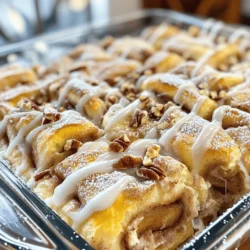 - 2 cans of refrigerated cinnamon rolls (with icing) - 4 large eggs - 1 cup whole milk - 1 teaspoon vanilla extract - 1 teaspoon ground cinnamon - 1 tablespoon maple syrup The main ingredients are simple and easy to find. The star of this dish is the cinnamon rolls. They give the casserole its sweet and warm flavor. Eggs create a fluffy texture. The milk adds creaminess, while vanilla and maple syrup enhance the taste. Ground cinnamon brings a warm, aromatic twist. - ½ cup chopped pecans - Powdered sugar for dusting You can add optional ingredients to personalize your casserole. Chopped pecans add a nice crunch. Powdered sugar can give a sweet finish. Both options make the dish look even better. - 9x13 inch baking dish - Mixing bowl - Whisk You will need a few tools to make this dish. A baking dish is essential for cooking the casserole. A mixing bowl helps combine the custard mixture. A whisk makes mixing easy and fast. These tools are common in most kitchens. They help create a delicious breakfast treat with little effort. Preheat your oven to 350°F (175°C). Grease a 9x13 inch baking dish with butter or cooking spray. This helps the casserole not stick. Open the two cans of refrigerated cinnamon rolls. Cut each roll into quarters. Place the pieces evenly in the prepared baking dish. In a mixing bowl, combine four large eggs, one cup of whole milk, one teaspoon of vanilla extract, one teaspoon of ground cinnamon, and one tablespoon of maple syrup. Whisk these ingredients until they are well combined. This mixture gives the casserole its rich flavor. Layer the cinnamon roll pieces in the baking dish. Pour the custard mixture over the rolls. Gently toss the cinnamon roll pieces with your hands. Make sure they are coated well in the custard. If you want, sprinkle with chopped pecans on top. Bake in the preheated oven for 25-30 minutes. The casserole is done when it is puffed and a toothpick comes out clean. Remove it from the oven and let it cool for about 5 minutes. Drizzle the icing that comes with the cinnamon rolls over the top. If you like, dust with powdered sugar for a sweet finish. To get the best texture, follow these tips: - Use fresh cinnamon rolls for a soft base. - Cut the rolls into quarters for even soaking. - Let the egg mixture soak in for at least 10 minutes before baking. Baking times can vary by oven. For a standard oven, 25-30 minutes works well. Check for doneness by inserting a toothpick. If it comes out clean, your casserole is ready. If your oven runs hot, start checking at 20 minutes. Once baked, you can garnish your casserole with syrup and chopped pecans. This adds a nice crunch and flavor. Consider pairing it with fresh fruit or yogurt for a balanced meal. A side of crispy bacon complements the sweet casserole too. One common mistake is overbaking. This can dry out your casserole. Keep an eye on the time and check often. Another issue arises from ingredient substitutions. If you swap eggs or milk for alternatives, it can change the texture. Stick to the recipe for the best results. For the full recipe, please refer to the earlier section. {{image_2}} You can change up your cinnamon roll casserole in fun ways. Adding chocolate chips gives a sweet twist. Berries like blueberries or raspberries add a fresh taste. You can also mix in spices like nutmeg or cardamom. Nutmeg adds warmth, while cardamom brings a unique flavor. These changes make each bite exciting. If you need a gluten-free option, look for gluten-free cinnamon rolls. Many brands offer great choices that taste just as good. For a dairy-free version, use almond milk or coconut milk. You can replace eggs with flaxseed meal mixed with water. These swaps help everyone enjoy this tasty dish. You can serve this casserole in different ways. Individual servings look nice and are easy to grab. Use small ramekins or cups for a cute touch. A family-style serving in a large dish is cozy and inviting. Choose a colorful dish to make it pop on the table. A sprinkle of powdered sugar on top adds a nice finish. This makes your brunch look even more special. For the full recipe, check the earlier section. To store leftovers, let the casserole cool first. Then, cover it tightly with plastic wrap or foil. You can also use an airtight container for easy storage. Keep it in the fridge for up to three days. When reheating, place it in the oven at 350°F (175°C) for about 15-20 minutes. You can also microwave individual portions for one to two minutes. Just be sure to check that it’s heated all the way through. If you want to freeze uncooked casseroles, prepare it as normal but do not bake it. Cover tightly with plastic wrap and then with foil. This helps prevent freezer burn. You can freeze it for up to three months. To defrost, move it to the fridge for 24 hours before baking. Bake it straight from the fridge, adding a few extra minutes to the cooking time. Cinnamon roll casserole lasts about three days in the fridge. After that, it may start to lose flavor and texture. Signs of spoilage include a sour smell, mold, or changes in texture. If you see any of these signs, it’s best to throw it away. Always trust your senses when it comes to food safety! To make cinnamon roll casserole from scratch, start with homemade cinnamon rolls. Use flour, sugar, yeast, milk, and butter. Knead the dough well and let it rise. For the custard base, mix eggs, milk, vanilla, and cinnamon. Whisk until smooth. Pour this over the cut rolls in the dish. This method adds a fresh taste and soft texture. Yes, store-bought icing works great too. If you choose this option, you can drizzle it on top after baking. You can also use cream cheese frosting or maple syrup for a twist. These alternatives add flavor and make the dish feel special. Cinnamon roll casserole pairs well with fresh fruit. You can serve sliced strawberries, blueberries, or bananas. Another great option is crispy bacon or sausage. These savory choices balance the sweetness of the casserole. For drinks, serve coffee or fresh orange juice to complete the meal. Yes, you can prepare the casserole the night before. Cut the cinnamon rolls and mix the custard. Combine them in the dish and cover it. Let it soak overnight in the fridge. In the morning, just bake it. This makes breakfast easy and quick for busy days. This cinnamon roll casserole brings fun to breakfast or brunch. You mix simple ingredients to create a delightful dish. Remember to follow the steps closely for the best results. Add your favorite extras for unique flavors, and avoid common mistakes to ensure success. Store any leftovers properly to enjoy later. With these tips, you’re set for a tasty meal that impresses everyone. Enjoy making this dish and sharing it with loved ones!