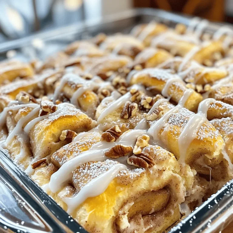 - 2 cans of refrigerated cinnamon rolls (with icing) - 4 large eggs - 1 cup whole milk - 1 teaspoon vanilla extract - 1 teaspoon ground cinnamon - 1 tablespoon maple syrup The main ingredients are simple and easy to find. The star of this dish is the cinnamon rolls. They give the casserole its sweet and warm flavor. Eggs create a fluffy texture. The milk adds creaminess, while vanilla and maple syrup enhance the taste. Ground cinnamon brings a warm, aromatic twist. - ½ cup chopped pecans - Powdered sugar for dusting You can add optional ingredients to personalize your casserole. Chopped pecans add a nice crunch. Powdered sugar can give a sweet finish. Both options make the dish look even better. - 9x13 inch baking dish - Mixing bowl - Whisk You will need a few tools to make this dish. A baking dish is essential for cooking the casserole. A mixing bowl helps combine the custard mixture. A whisk makes mixing easy and fast. These tools are common in most kitchens. They help create a delicious breakfast treat with little effort. Preheat your oven to 350°F (175°C). Grease a 9x13 inch baking dish with butter or cooking spray. This helps the casserole not stick. Open the two cans of refrigerated cinnamon rolls. Cut each roll into quarters. Place the pieces evenly in the prepared baking dish. In a mixing bowl, combine four large eggs, one cup of whole milk, one teaspoon of vanilla extract, one teaspoon of ground cinnamon, and one tablespoon of maple syrup. Whisk these ingredients until they are well combined. This mixture gives the casserole its rich flavor. Layer the cinnamon roll pieces in the baking dish. Pour the custard mixture over the rolls. Gently toss the cinnamon roll pieces with your hands. Make sure they are coated well in the custard. If you want, sprinkle with chopped pecans on top. Bake in the preheated oven for 25-30 minutes. The casserole is done when it is puffed and a toothpick comes out clean. Remove it from the oven and let it cool for about 5 minutes. Drizzle the icing that comes with the cinnamon rolls over the top. If you like, dust with powdered sugar for a sweet finish. To get the best texture, follow these tips: - Use fresh cinnamon rolls for a soft base. - Cut the rolls into quarters for even soaking. - Let the egg mixture soak in for at least 10 minutes before baking. Baking times can vary by oven. For a standard oven, 25-30 minutes works well. Check for doneness by inserting a toothpick. If it comes out clean, your casserole is ready. If your oven runs hot, start checking at 20 minutes. Once baked, you can garnish your casserole with syrup and chopped pecans. This adds a nice crunch and flavor. Consider pairing it with fresh fruit or yogurt for a balanced meal. A side of crispy bacon complements the sweet casserole too. One common mistake is overbaking. This can dry out your casserole. Keep an eye on the time and check often. Another issue arises from ingredient substitutions. If you swap eggs or milk for alternatives, it can change the texture. Stick to the recipe for the best results. For the full recipe, please refer to the earlier section. {{image_2}} You can change up your cinnamon roll casserole in fun ways. Adding chocolate chips gives a sweet twist. Berries like blueberries or raspberries add a fresh taste. You can also mix in spices like nutmeg or cardamom. Nutmeg adds warmth, while cardamom brings a unique flavor. These changes make each bite exciting. If you need a gluten-free option, look for gluten-free cinnamon rolls. Many brands offer great choices that taste just as good. For a dairy-free version, use almond milk or coconut milk. You can replace eggs with flaxseed meal mixed with water. These swaps help everyone enjoy this tasty dish. You can serve this casserole in different ways. Individual servings look nice and are easy to grab. Use small ramekins or cups for a cute touch. A family-style serving in a large dish is cozy and inviting. Choose a colorful dish to make it pop on the table. A sprinkle of powdered sugar on top adds a nice finish. This makes your brunch look even more special. For the full recipe, check the earlier section. To store leftovers, let the casserole cool first. Then, cover it tightly with plastic wrap or foil. You can also use an airtight container for easy storage. Keep it in the fridge for up to three days. When reheating, place it in the oven at 350°F (175°C) for about 15-20 minutes. You can also microwave individual portions for one to two minutes. Just be sure to check that it’s heated all the way through. If you want to freeze uncooked casseroles, prepare it as normal but do not bake it. Cover tightly with plastic wrap and then with foil. This helps prevent freezer burn. You can freeze it for up to three months. To defrost, move it to the fridge for 24 hours before baking. Bake it straight from the fridge, adding a few extra minutes to the cooking time. Cinnamon roll casserole lasts about three days in the fridge. After that, it may start to lose flavor and texture. Signs of spoilage include a sour smell, mold, or changes in texture. If you see any of these signs, it’s best to throw it away. Always trust your senses when it comes to food safety! To make cinnamon roll casserole from scratch, start with homemade cinnamon rolls. Use flour, sugar, yeast, milk, and butter. Knead the dough well and let it rise. For the custard base, mix eggs, milk, vanilla, and cinnamon. Whisk until smooth. Pour this over the cut rolls in the dish. This method adds a fresh taste and soft texture. Yes, store-bought icing works great too. If you choose this option, you can drizzle it on top after baking. You can also use cream cheese frosting or maple syrup for a twist. These alternatives add flavor and make the dish feel special. Cinnamon roll casserole pairs well with fresh fruit. You can serve sliced strawberries, blueberries, or bananas. Another great option is crispy bacon or sausage. These savory choices balance the sweetness of the casserole. For drinks, serve coffee or fresh orange juice to complete the meal. Yes, you can prepare the casserole the night before. Cut the cinnamon rolls and mix the custard. Combine them in the dish and cover it. Let it soak overnight in the fridge. In the morning, just bake it. This makes breakfast easy and quick for busy days. This cinnamon roll casserole brings fun to breakfast or brunch. You mix simple ingredients to create a delightful dish. Remember to follow the steps closely for the best results. Add your favorite extras for unique flavors, and avoid common mistakes to ensure success. Store any leftovers properly to enjoy later. With these tips, you’re set for a tasty meal that impresses everyone. Enjoy making this dish and sharing it with loved ones!