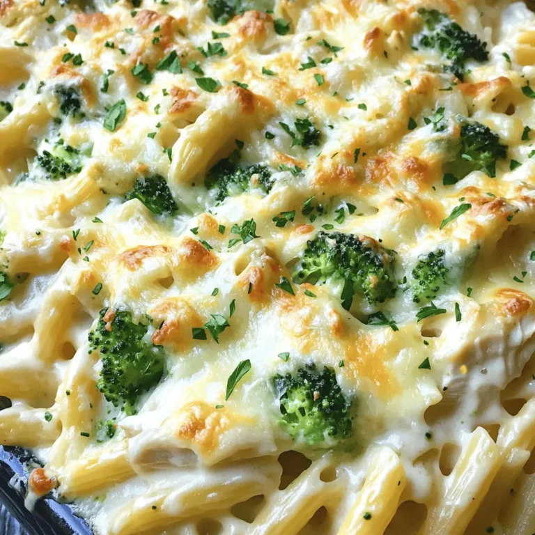 To make this easy chicken Alfredo bake, you need: - 3 cups cooked pasta (penne or rotini) - 2 cups cooked chicken breast, shredded - 2 cups Alfredo sauce (store-bought or homemade) - 1 cup shredded mozzarella cheese - ½ cup grated Parmesan cheese - 1 cup broccoli florets (fresh or frozen) - 1 teaspoon garlic powder - 1 teaspoon Italian seasoning - Salt and pepper to taste - Fresh parsley, chopped (for garnish) You can easily switch out some ingredients for different diets. Here are a few ideas: - Pasta: Use gluten-free pasta if you need to avoid gluten. - Chicken: Swap chicken for tofu or chickpeas for a vegetarian option. - Alfredo Sauce: Use a dairy-free Alfredo sauce for lactose intolerance. - Cheese: Try vegan cheese instead of mozzarella and Parmesan. - Broccoli: You can replace broccoli with spinach or bell peppers. To make this dish, you'll need a few key tools: - Large mixing bowl: For combining all your ingredients. - Baking dish (9x13 inches): Perfect for baking your chicken Alfredo. - Aluminum foil: To cover your dish while baking. - Cooking spoon: For mixing and serving the bake. These tools will help you create a delicious and creamy chicken Alfredo bake with ease. For the full recipe, check the earlier section. Making this Easy Chicken Alfredo Bake is simple. You will need a few steps. First, gather your ingredients and tools. This dish takes about 15 minutes to prep. The total time, including baking, is about 50 minutes. You can serve 6 to 8 people with this recipe. 1. Preheat Your Oven: Set your oven to 350°F (175°C). This warms it up for baking. 2. Mix Ingredients: In a big bowl, add the cooked pasta, shredded chicken, Alfredo sauce, broccoli, garlic powder, Italian seasoning, salt, and pepper. Stir well. Make sure everything gets coated with sauce. 3. Transfer to Baking Dish: Pour the mixture into a large baking dish, about 9x13 inches. 4. Add Cheese Topping: Spread the shredded mozzarella and grated Parmesan cheese evenly over the top. This will create a tasty, golden crust. 5. Cover and Bake: Use aluminum foil to cover the dish. Bake for 20 minutes. 6. Uncover and Finish Baking: After 20 minutes, take off the foil. Bake for another 10 to 15 minutes. You want the cheese to be bubbly and golden brown. 7. Cool Before Serving: Once it’s done, take it out of the oven. Let it sit for 5 minutes to cool. 8. Garnish: Before serving, sprinkle chopped fresh parsley on top. This adds color and freshness. - Use Fresh Ingredients: Fresh chicken and broccoli make a big difference. They add more flavor and nutrition. - Season Well: Don't be shy with salt and pepper. A well-seasoned dish is always better. - Try Different Cheeses: If you want a twist, mix in different cheeses. Cheddar or gouda can add unique tastes. - Add Extra Veggies: Feel free to toss in other vegetables. Spinach or bell peppers work well. - Make Ahead: You can prep this dish earlier in the day. Just keep it covered in the fridge. Bake it when you’re ready. For the full recipe, you can follow the steps above. Enjoy your cooking! To make a creamy Alfredo sauce, use quality ingredients. Choose a rich store-bought sauce or make your own. If you make your sauce, melt butter in a pan, then add heavy cream. Stir it gently and let it simmer. Add grated Parmesan cheese and mix until smooth. A pinch of salt and pepper will enhance the flavor. Cook your chicken breast until it reaches 165°F (74°C). You can boil, bake, or pan-fry it. I prefer baking because it keeps the chicken juicy. Season the chicken with salt, pepper, and a bit of garlic powder for extra taste. Once cooked, shred the chicken into bite-sized pieces for easy mixing. One common mistake is not covering the dish with foil. Covering helps the dish cook evenly and keeps it moist. Also, avoid overcooking the bake. Keep an eye on the cheese. You want it bubbling and golden but not burnt. Let the dish rest after baking. This helps the flavors settle and makes serving easier. For the full recipe, check out the complete instructions included. {{image_2}} You can make a tasty vegetarian version of Easy Chicken Alfredo Bake. Instead of chicken, use cooked mushrooms or chickpeas. These options give you a good protein boost. You can also add spinach or bell peppers for extra flavor. The creamy Alfredo sauce still shines through, creating a comforting dish. To make your Easy Chicken Alfredo Bake even better, add more veggies. Try zucchini, carrots, or peas. These colorful additions not only boost nutrition but also make the dish look bright and fun. Mix them in with the pasta for a lovely texture. They cook well in the oven and soak up the sauce. Cheese can change the taste of your Easy Chicken Alfredo Bake. While mozzarella and Parmesan are classic, you can try others. Gouda or cheddar can add a rich, sharp flavor. For a twist, use feta or goat cheese for a tangy touch. Mixing different cheeses can make your dish special and unique. For the full recipe, click [Full Recipe]. After you enjoy your Easy Chicken Alfredo Bake, store leftovers right. Place the dish in an airtight container. Make sure the lid fits snugly. You can also cover the dish tightly with plastic wrap. This keeps air out and helps the dish stay fresh. Store it in the fridge for up to three days. If you're planning to eat it later, consider freezing it. When you're ready to eat the leftovers, reheat them carefully. The best method is to use the oven. Preheat the oven to 350°F (175°C). Place the leftovers in an oven-safe dish. Cover it with foil to keep moisture in. Heat for about 20 minutes or until warm all the way through. If you're in a hurry, you can use the microwave. Heat in short intervals, stirring often to avoid hot spots. Freezing your Easy Chicken Alfredo Bake is a smart choice for meals later. First, let the dish cool completely. Then, cut it into individual portions for easy thawing. Wrap each portion tightly in plastic wrap, then place them in freezer bags. Label the bags with the date and contents. When stored this way, the dish can last up to three months. To enjoy it, thaw overnight in the fridge before reheating. For the full recipe, check out the earlier section. You can make this recipe ahead easily. First, prepare the dish as usual. After mixing all the ingredients, stop before baking. Cover the dish with foil and store it in the fridge. You can keep it there for up to two days. When you're ready, preheat your oven and bake it right from the fridge. Just add a few extra minutes to the baking time. This way, you enjoy a warm, creamy meal with little effort. Yes, you can use different types of pasta. While penne and rotini work great, other shapes also fit well. Bowtie, elbow, or even spaghetti can add a fun twist. Just make sure the pasta is cooked until al dente. This ensures it doesn’t get too soft when baking. Choose a pasta shape you love to make the dish more enjoyable for you. If you need a substitute for Alfredo sauce, you have options. You can use a cheese sauce or a white sauce made with butter and flour. For a lighter choice, try Greek yogurt mixed with herbs. You can also blend cream cheese with milk for a creamy base. Each option will change the flavor a bit, but they will still taste good. Just be creative and choose what fits your taste! This Easy Chicken Alfredo Bake combines simple ingredients and step-by-step instructions. You learned how to create a creamy Alfredo sauce and make perfect chicken. I also shared tips for customization and proper storage. With these insights, you can make a delicious meal that fits your tastes and needs. Experiment with flavors and enjoy your cooking journey. Trust your skills; each bake will get better!