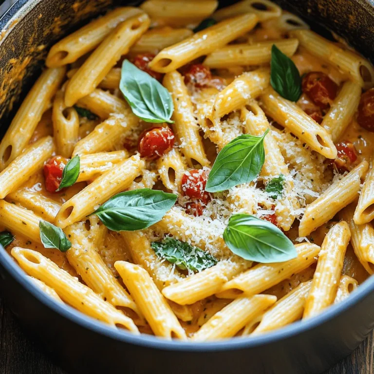 - 8 oz penne pasta - 1 tablespoon olive oil - 4 cloves garlic, minced - 1 can diced tomatoes, undrained - 2 cups vegetable broth - 1 cup heavy cream or coconut cream - 1 teaspoon dried basil - Salt and pepper to taste - 1 cup fresh basil leaves, chopped - ½ cup grated Parmesan cheese or nutritional yeast The key to this dish is its simple, fresh ingredients. The penne pasta serves as the base, soaking up all the wonderful flavors. Olive oil adds richness, while minced garlic gives a fragrant kick. You can use canned diced tomatoes for convenience. They bring a burst of flavor without much fuss. For liquids, vegetable broth enhances the taste and keeps it plant-based. The heavy cream or coconut cream creates that creamy texture we all love. This balance of flavors makes the dish truly delightful. Fresh ingredients are essential too. Dried basil adds a hint of earthiness, while fresh basil leaves bring a vibrant color and burst of freshness. The grated Parmesan or nutritional yeast finishes the dish with a savory touch. If you're curious about the full process, check the Full Recipe for step-by-step instructions. 1. Heat the olive oil in a large pot over medium heat. 2. Add the minced garlic and sauté for 1-2 minutes. Watch it closely to avoid burning. 3. Open the can of diced tomatoes and pour it into the pot without draining. 4. Add the vegetable broth and dried basil. Stir everything together well. 1. Now, add the penne pasta to the pot. 2. Bring the mixture to a gentle simmer. 3. Cover the pot and let it cook for 10-12 minutes. 4. Stir occasionally until the pasta is al dente and most of the liquid is absorbed. 1. Remove the pot from heat. Stir in the heavy cream or coconut cream. 2. Season with salt and pepper to taste. Let it simmer for an extra 2-3 minutes. 3. Incorporate the chopped fresh basil and grated Parmesan cheese. Mix well. For the complete recipe, check out the [Full Recipe]. Enjoy your creamy tomato basil pasta! - Best practices for sautéing garlic: Start with a cold pan. Add olive oil and minced garlic. Heat over medium. Stir often. Cook for 1-2 minutes until fragrant. Watch it closely! Garlic can burn fast. Burnt garlic tastes bitter. - Ensuring perfect pasta texture: Use a timer! Cook the penne for 10-12 minutes. Stir it a few times to avoid sticking. Check for al dente texture. The pasta should be firm but not hard. This ensures it absorbs the sauce well. - Suggestions for additional herbs: Add more herbs for extra flavor. Try oregano, thyme, or parsley. Fresh herbs add brightness. Dried herbs work too but use less. They are stronger in taste. - Adjusting creaminess and richness levels: For a creamier dish, use more heavy cream. If you want it lighter, use coconut cream or less cream. You can also add more broth for a thinner sauce. Adjust to your taste! - Ideal pairings and sides: Serve with garlic bread or a fresh salad. A crisp green salad complements the pasta well. You could also pair it with roasted veggies for a healthy side. - Presentation tips for a beautiful dish: Use a large bowl for serving. Garnish with fresh basil leaves. Sprinkle some grated Parmesan on top. This makes the dish look inviting and fresh! A pretty dish is more enjoyable to eat. {{image_2}} You can easily make this dish vegan. Simply swap the heavy cream for coconut cream. This change keeps the dish rich and creamy while being plant-based. For those on a gluten-free diet, use gluten-free pasta. Many brands offer great options that cook up similarly to regular pasta. Feel free to switch up the vegetables in this recipe. You can add spinach, bell peppers, or zucchini. These swaps add color and nutrients to your meal. If you want to change the cheese, try goat cheese or feta for a tangy taste. Nutritional yeast also works well for a cheesy flavor if you go vegan. Want to boost the protein? Add cooked chicken or shrimp to the pot. This extra step makes the dish more filling. You can also mix in spices like red pepper flakes or Italian seasoning for unique flavors. These small additions can transform your creamy tomato basil pasta into a new dish every time. For the full recipe, check out the One-Pot Creamy Tomato Basil Pasta section above. To store your creamy tomato basil pasta, let it cool first. Place leftovers in an airtight container. This keeps the pasta fresh and tasty. Store it in the fridge for up to three days. When reheating, add a splash of water or broth. This helps bring back its creamy texture. You can freeze this dish for later. Use a freezer-safe container or bag. Make sure to leave some space for expansion. It can stay good in the freezer for up to two months. When you're ready to eat, thaw it overnight in the fridge. Reheat it on the stove or in the microwave. Add a little cream or broth to keep it smooth. Refrigerated pasta lasts about three days. If you freeze it, aim to eat it within two months. Check for signs of spoilage before eating. If it has an off smell or strange color, it's best to toss it. Keeping an eye on these details helps you enjoy your meal safely. For the full recipe, check the earlier section. One-pot cooking means you prepare a full meal in one pot. This method saves time and effort. You chop, cook, and serve all in the same container. The biggest advantage? You reduce clean-up! Less mess means more time to enjoy your meal. Plus, all the flavors blend well when cooked together. This makes dishes like One-Pot Creamy Tomato Basil Pasta so tasty and satisfying. Yes, you can make this pasta ahead of time. Meal prep is easy with one-pot meals. Cook the dish as usual, then cool it down. Store it in an airtight container in the fridge. It can last for about three days. When you want to eat, just reheat. This makes it perfect for busy days or quick dinners. To reheat leftover pasta, use low heat on the stove. Add a little water or broth to keep it moist. Stir often to prevent sticking. You can also use the microwave. Place the pasta in a bowl, add a splash of water, and cover it. Heat for about one minute at a time, stirring in between. This way, you keep the creamy texture of the sauce. This dish combines simple ingredients and easy steps to create a delightful meal. We covered everything from cooking techniques to flavorful variations. You learned how to enhance flavors and store leftovers to keep them fresh. Remember, cooking should be fun and creative. Try different ingredients to make this dish your own. Enjoy serving it at home or bringing it to gatherings. Happy cooking!