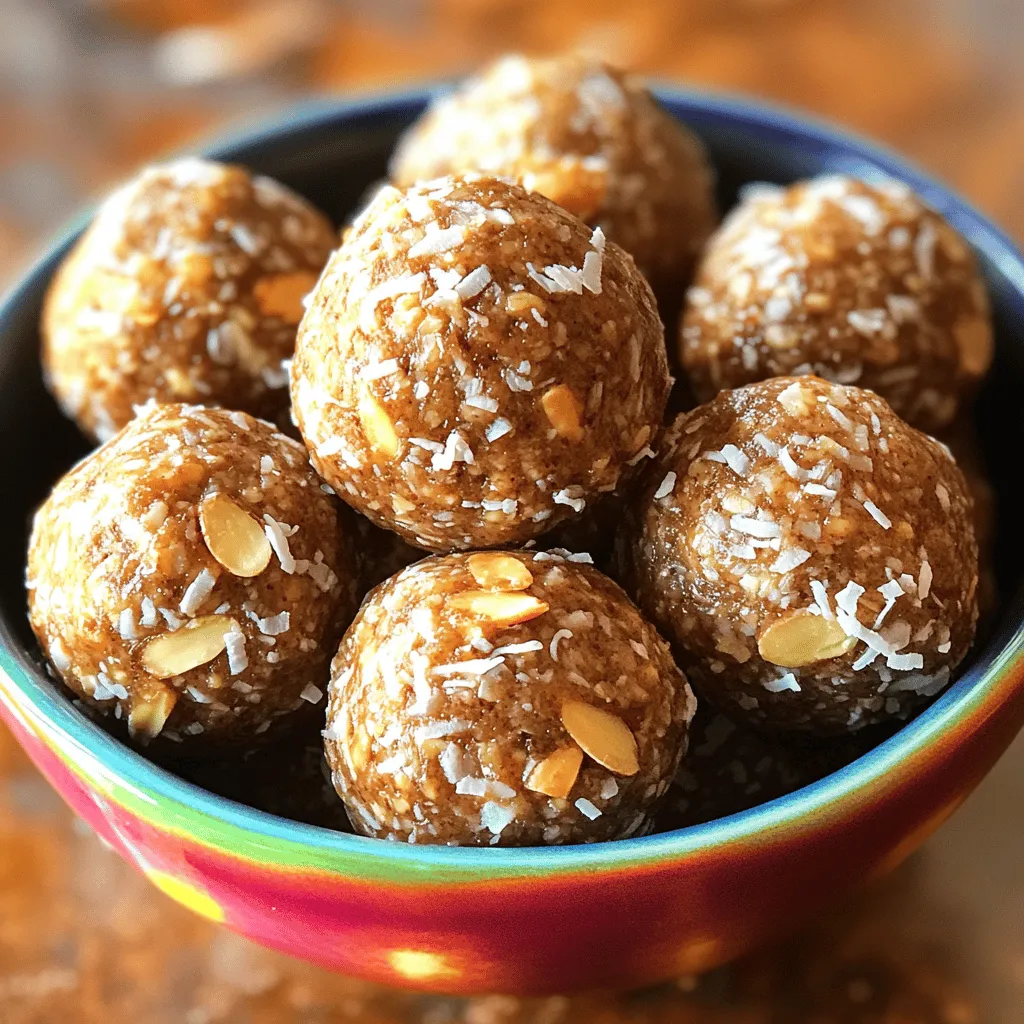- 1 cup pitted dates - 1 cup unsweetened shredded coconut - 1/2 cup almond butter - 1/2 cup rolled oats - 1/4 cup almonds, roughly chopped - 2 tablespoons cocoa powder - 1 tablespoon honey or maple syrup (optional) - 1 teaspoon vanilla extract - Pinch of salt The key to making Almond Joy Energy Balls is using fresh ingredients. Pitted dates provide natural sweetness and a chewy base. Unsweetened shredded coconut gives that classic coconut flavor. Almond butter adds creaminess and healthy fats. Rolled oats provide a hearty texture. Chopped almonds give a nice crunch. Cocoa powder adds a rich chocolate taste. Honey or maple syrup can sweeten the mix, but you can skip this if you want to keep it low sugar. Lastly, vanilla extract and a pinch of salt enhance the flavors. Each serving of Almond Joy Energy Balls has about: - Calories: 150 - Protein: 4 grams - Fats: 8 grams - Carbohydrates: 18 grams - Fiber: 3 grams These energy balls make a great snack. They are packed with protein and healthy fats. The natural sugars from dates give you a quick energy boost. Enjoy them before workouts or as a tasty treat! To make the date paste, start with pitted dates. Place them in a food processor. Pulse the dates until they form a sticky paste. This step helps create a sweet base for your energy balls. Next, combine all the other ingredients in the food processor. Add almond butter, rolled oats, shredded coconut, cocoa powder, and a pinch of salt. If you want it sweeter, include honey or maple syrup. Pulse the mixture until it blends well. It should feel sticky and hold together when pressed. If it appears too dry, add a bit of water or more dates to adjust. Now it's time to mix in the chopped almonds. Use a spatula to fold them into the mixture. This step adds a nice crunch to each bite. When shaping the balls, scoop a tablespoon of the mixture. Roll it between your hands to form small balls. Aim for uniform size so they cook evenly. After shaping your energy balls, place them on a parchment-lined baking sheet. Refrigerate the balls for at least 30 minutes. This chilling time is key for texture. It helps them firm up, making them easier to eat. With these steps, you will enjoy a tasty and healthy snack in no time! For the complete recipe, check the Full Recipe section above. To make your Almond Joy Energy Balls even better, try adding more fun ingredients. You can mix in: - Chia seeds for extra crunch and nutrition. - Dried fruit like cranberries or apricots for a sweet twist. - Peanut butter if you want a different nutty flavor. If you can't find almond butter, use any nut butter you like. Sunflower seed butter works well too. For sweeteners, you can swap honey for agave syrup or a sugar-free option. Each change can bring a new taste to your snacks. Having the right tools makes cooking fun! Here are some must-haves: - Food processor: This helps mix everything smoothly. - Measuring cups and spoons: Accurate measurements keep your recipe perfect. - Parchment paper: Using this for your baking sheet helps with easy cleanup. To save time, measure your ingredients before starting. This keeps you organized and makes the process quick. You can also prepare the mixture ahead of time. Just chill it in the fridge, then shape it later. Presentation matters when serving Almond Joy Energy Balls. Here are some ideas: - Use a colorful bowl to hold the energy balls. It makes them look more appealing. - Sprinkle a little shredded coconut or cocoa powder on top for a nice touch. For drinks, pair these snacks with: - Coffee for a morning boost. - Herbal tea for an afternoon treat. - Smoothies for a balanced snack. These ideas will impress your guests and make your energy balls even more enjoyable. {{image_2}} You can make Almond Joy Energy Balls nut-free. Instead of almond butter, try sunflower seed butter. This change keeps the taste yummy while avoiding nuts. Sunflower seed butter is rich in vitamins and minerals. For a vegan option, use maple syrup instead of honey. Both sweeteners work well, but maple syrup is plant-based. You can also ensure your oats are certified gluten-free if needed. Want to spice things up? Add a dash of cinnamon or nutmeg to the mix. These spices add warmth and depth to the flavor. I love adding spices for an extra kick and to make it unique. You can also try adding orange zest or a spoonful of peanut butter. Orange zest gives a fresh taste while peanut butter adds creaminess. Experiment with flavors to find your favorite combination. Get creative with how you serve these energy balls! You can make them inspired by your favorite candies. Think of rolling them in crushed graham crackers for a s'mores vibe. You can shape them into bars instead of balls for a fun twist. Or you can coat them in cocoa powder or shredded coconut. These touches make them look pretty and taste even better. For the full recipe, check out the details above. Enjoy making these tasty snacks in your own way! To keep your Almond Joy Energy Balls fresh, choose airtight containers. Glass jars or plastic containers work well. Line the bottom with parchment paper to avoid sticking. At room temperature, they last about three days. In the fridge, they can stay good for up to two weeks. This way, you always have a tasty snack ready! To freeze your energy balls, follow these steps: 1. After forming the balls, place them on a baking sheet. 2. Freeze them for 1-2 hours until firm. 3. Transfer them to a freezer-safe bag or container. For thawing, take a ball out and let it sit at room temperature for 10 minutes. You can also enjoy them straight from the freezer for a cool treat! Can I make these energy balls ahead of time? Yes, you can make Almond Joy Energy Balls ahead of time. They are perfect for meal prep. Just prepare them and store them in the fridge. They taste great after a day or two. How long do they last in the fridge? These energy balls last up to one week in the fridge. Store them in an airtight container to keep them fresh. If you want to make them last longer, consider freezing them. Are Almond Joy Energy Balls a healthy snack option? Yes, Almond Joy Energy Balls are a healthy snack. They are full of good fats, fiber, and natural sweetness. This makes them a great choice for energy. What nutrition benefits do the ingredients provide? - Pitted dates: Provide natural sugar and fiber. - Almond butter: Offers healthy fats and protein. - Shredded coconut: Adds fiber and healthy fats. - Rolled oats: Supply complex carbs for energy. - Almonds: Give crunch and are rich in nutrients. - Cocoa powder: Contains antioxidants for health benefits. Can I add protein powder to the recipe? Yes, you can add protein powder. It boosts the protein content and keeps you full longer. Just add a scoop when mixing the ingredients. What are the best toppings for added texture? Some great toppings include: - Chopped nuts for crunch - Shredded coconut for sweetness - Mini chocolate chips for a treat - Cacao nibs for extra chocolate flavor These options make your energy balls even more fun to eat! For the full recipe, check the earlier section. In this guide, we explored how to make Almond Joy Energy Balls. We covered every detail, from ingredients to step-by-step instructions, and even creative variations. These energy balls are not just tasty; they also offer great nutrition. You learned how to customize them based on your likes and how to store them well. I hope you feel inspired to make these healthy snacks. Enjoy your batch and share them with friends or family!