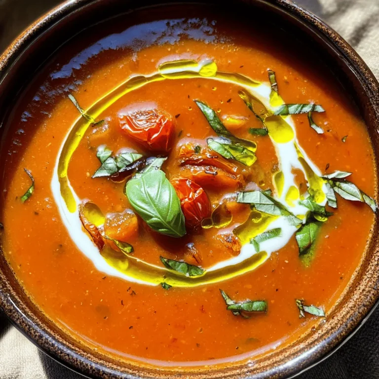 - 2 pounds ripe tomatoes - 1 medium onion - 4 garlic cloves - 2 tablespoons olive oil - 1 teaspoon balsamic vinegar - 1 teaspoon salt - ½ teaspoon black pepper - 1 teaspoon dried basil - 1 cup vegetable broth - ½ cup heavy cream (optional) - Fresh basil leaves for serving To make the best Easy Roasted Tomato Soup, fresh ingredients matter. You want ripe tomatoes. They should be juicy and sweet. They add rich flavor to your soup. A medium onion gives depth and sweetness. Garlic cloves add a nice kick. Using unpeeled garlic keeps it mellow. From the pantry, olive oil is key. It helps roast the veggies. Balsamic vinegar adds a hint of tang. Salt and black pepper bring out the taste. Dried basil adds an herbaceous touch. Vegetable broth makes the soup smooth. You can add heavy cream for extra richness, but it's not a must. For garnishing, fresh basil leaves are perfect. They add color and a burst of flavor. This soup is not just tasty; it looks good too. You can find the full recipe above for all the steps to create this warm bowl of comfort. 1. Preheat your oven to 400°F (200°C). 2. In a large baking dish, arrange the halved tomatoes, roughly chopped onion, and unpeeled garlic cloves. 1. Drizzle olive oil and balsamic vinegar over the vegetables. 2. Sprinkle with salt, black pepper, and dried basil. Toss gently to coat. 3. Roast in the preheated oven for 25-30 minutes. The tomatoes should soften and char slightly. 1. Let the roasted vegetables cool a bit. Squeeze the garlic out of its skins and discard the skins. 2. Transfer the roasted mixture into a blender. Add the vegetable broth and blend until smooth. 3. If you want creaminess, blend in the heavy cream and pulse to combine. 4. Pour the blended soup into a saucepan. Heat over low-medium heat until warm. Adjust seasoning if needed. 5. Serve hot, garnished with fresh basil leaves. For full details on ingredients and preparation, check the Full Recipe. To make the best roasted tomato soup, start with ripe tomatoes. Varieties like Roma or heirloom offer rich flavor. When you choose tomatoes, look for ones that feel heavy and firm. They should have vibrant color and no blemishes. Even seasoning matters a lot. I sprinkle salt and pepper evenly over the vegetables. This ensures that every bite has that tasty kick. The trick is to coat everything well with oil and vinegar. This adds depth and helps the flavors shine. For a smooth soup, blend the roasted veggies thoroughly. I prefer using a high-speed blender. It creates a silky texture that feels luxurious. If you want it even creamier, add heavy cream. Blend it in slowly to avoid lumps. If you like a chunky soup, blend only half of the mixture. This gives you a nice texture with bits of roasted tomato. You can also add a bit more broth if it’s too thick. Roasted tomato soup pairs well with crusty bread or grilled cheese sandwiches. The crunch of the bread complements the smooth soup. I love dipping a sandwich into the soup. It’s comforting and tasty. Serve the soup warm, not hot. This lets the flavors come through better. Garnish with fresh basil leaves to add color and freshness. Enjoy it with friends or family for a cozy meal. For the full recipe, check out the details above! {{image_2}} You can easily make this soup dairy-free. Instead of heavy cream, use coconut cream. This gives a rich texture and adds a slight sweetness. Simply blend in the coconut cream after roasting the veggies. It keeps the soup creamy without the dairy. Fresh herbs can brighten up your soup. Try adding thyme or oregano. These herbs give a fresh taste. You can toss them in while roasting or blend them in later. Fresh herbs enhance the flavor and aroma of the soup. Want a little heat? Add red pepper flakes. This simple spice can give your soup a nice kick. Start with a pinch and adjust to your taste. A bit of spice can change the whole dish and make it exciting. For the full recipe, check out the details above. To store leftovers in the fridge, let the soup cool first. Use an airtight container. This keeps the soup fresh for about 3 to 4 days. When you’re ready to eat, check for any signs of spoilage. For long-term storage, freeze the soup. Use freezer-safe bags or containers. Leave some space for the soup to expand as it freezes. It can last up to 3 months in the freezer. When you want to use it, simply thaw it in the fridge overnight. To reheat served soup, pour it into a pot. Heat it on low to medium heat. Stir often to avoid burning. If you want, add a splash of broth for more flavor. For a quick option, you can also use the microwave. Heat it in short bursts, stirring in between. Enjoy your warm, tasty soup! For the full recipe, check out the Easy Roasted Tomato Soup. To make great soup, you need ripe tomatoes. Look for tomatoes that are bright red and feel heavy. Varieties like Roma, beefsteak, or heirloom work well. They should have a sweet smell and give slightly when you press them. Avoid tomatoes that are green or have hard spots. Fresh, ripe tomatoes truly make this soup shine. Yes, you can easily make this soup vegan! Instead of heavy cream, use coconut cream or cashew cream. For broth, stick with vegetable broth. These options add creaminess without dairy. You can still enjoy rich flavor while keeping it plant-based! To boost flavor, add more herbs and spices. Fresh basil is excellent. You can also try thyme or oregano. A pinch of red pepper flakes adds a nice kick. Another option is to sprinkle cheese on top before serving. These small tweaks make your soup taste even better! This blog post covered how to create a delicious soup using fresh ingredients. You learned about the key items needed, from ripe tomatoes to garlic. I provided step-by-step instructions for roasting and blending. Tips helped you perfect the flavors and textures. Variations let you customize your soup, and storage info ensures it lasts. Enjoy experimenting with this recipe, and remember, cooking is all about making it your own!