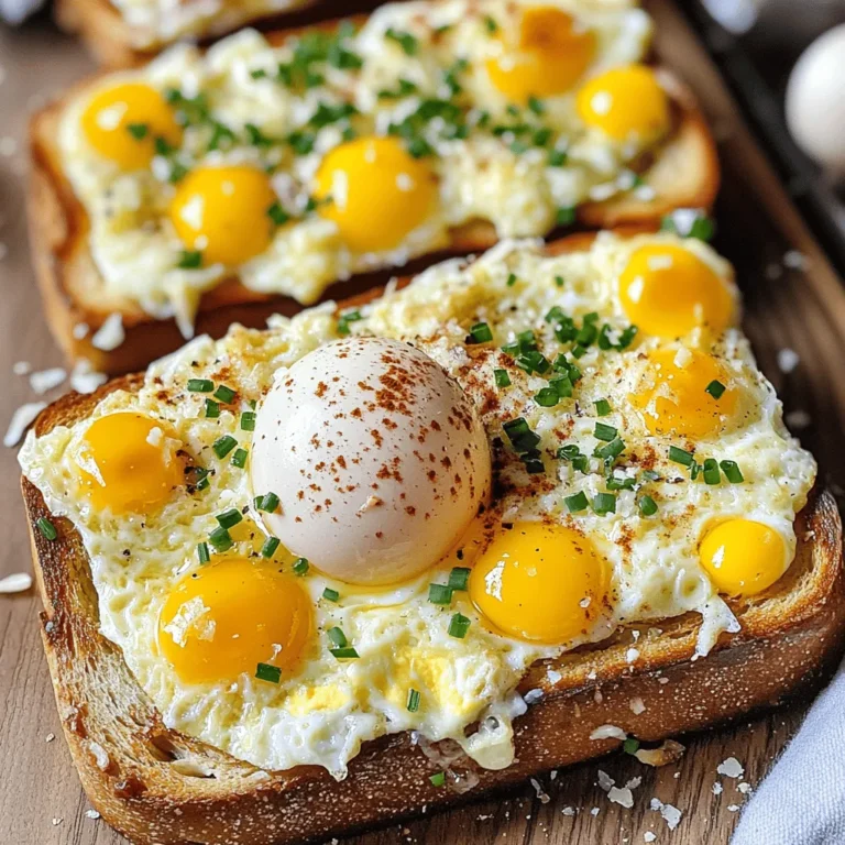 - 4 slices of hearty bread (sourdough or whole grain) - 4 large eggs - 1 cup shredded mozzarella cheese - 1/2 cup grated Parmesan cheese - 1/2 teaspoon garlic powder - 1/2 teaspoon dried oregano - 1/4 teaspoon red pepper flakes (optional) - Salt and pepper to taste - 2 tablespoons fresh chives or parsley, chopped - 2 tablespoons olive oil or melted butter You can change up the cheese to fit your taste. Try cheddar or feta for a new flavor. For bread, any crusty loaf works well. You can use gluten-free bread too. If you want a dairy-free option, use a plant-based cheese. To make this dish, you need a baking sheet, parchment paper, and a mixing bowl. These tools help make the process easy and fun! - Preheat your oven to 375°F (190°C) and prepare a baking sheet lined with parchment paper. This makes cleanup easy. - Use a knife to cut a large 'X' into the center of each slice of bread. The cut should not go all the way through. This creates a well for the egg. - Carefully crack one egg into the well of each slice of bread. Be gentle to keep the yolks intact. - In a mixing bowl, combine 1 cup of shredded mozzarella cheese, 1/2 cup of grated Parmesan cheese, 1/2 teaspoon of garlic powder, 1/2 teaspoon of dried oregano, and salt and pepper to taste. Mix everything well. - Now, spoon the cheese mixture over each egg in the bread wells. Let it spill over slightly for a cheesy delight. - Bake in the preheated oven for 15 to 20 minutes. You want the egg whites to be set and the yolks runny while the cheese becomes bubbly and golden. Enjoy the delicious aroma as it bakes! For the full recipe, check out the [Full Recipe]. To get perfectly runny yolks, bake the toast just right. Watch the time closely. You want the egg whites set, but the yolks soft. Start checking at 15 minutes. If they need more time, keep an eye on them. An oven thermometer is key for great results. Ovens can be off by a few degrees. Using a thermometer helps ensure you bake at the right temperature. This makes a huge difference in how your toast turns out. For a lovely presentation, serve your cheesy baked egg toast on a rustic wooden board. It adds a nice touch. You can also use a colorful platter to brighten up your table. Garnish with fresh herbs for added color. Pair your toast with a fresh side salad or sliced avocado. This adds freshness and makes your meal more filling. You can also serve it with a side of fruit for a sweet balance. You can add more flavor with extra seasonings. Try smoked paprika for a smoky taste or chives for a fresh bite. Experiment with herbs like thyme or basil to change the profile. Incorporating veggies is a great way to make it healthier. Spinach, tomatoes, or bell peppers add color and taste. Just chop them finely and sprinkle on top of the egg before baking. This way, you create a tasty and nutritious dish. For the full recipe, check out the recipe link. {{image_2}} To make your cheesy baked egg toast even better, add some veggies. You can mix in fresh spinach, diced tomatoes, or colorful bell peppers. These veggies add flavor and nutrition. Simply sauté them for a few minutes before adding to the bread wells. This small step makes your toast bright and healthy. Want to boost the protein? Add cooked bacon or sausage to the mix. Chop the meat into small pieces and sprinkle them over the egg before adding cheese. This change makes your breakfast heartier and more satisfying. Plus, the smoky flavor pairs well with the eggs and cheese. You can also give your toast a global flair. For a Mexican twist, add sliced jalapeños and creamy avocado. The heat from the jalapeños makes it exciting. The avocado adds a rich, smooth texture that balances the dish. For an Italian version, use pesto and ricotta cheese. Spread a layer of pesto on the bread before adding the egg. Then dollop ricotta on top. This combo brings fresh herbs and creamy goodness, making your breakfast feel gourmet. For the full recipe, check out the detailed instructions. Each variation will make your cheesy baked egg toast unique and delicious. To store uneaten cheesy baked egg toast, let it cool first. Place the toast in an airtight container. Keep it in the fridge for up to three days. Make sure to seal it well to avoid drying out. You can also wrap each piece in plastic wrap for extra protection. The best way to reheat this dish is in the oven. Preheat your oven to 350°F (175°C). Place the toast on a baking sheet. Heat for about 10 minutes, or until warm. This method keeps the bread crispy and the cheese melty. You can also use a microwave, but the texture may change. If using a microwave, heat for 30 seconds to 1 minute. For long-term storage, you can freeze cheesy baked egg toast. Wrap each piece in plastic wrap, then place it in a freezer bag. This will keep it fresh for up to three months. When ready to eat, thaw it in the fridge overnight. Then, reheat in the oven to restore its original taste. Freezing is a great way to enjoy this dish later without losing flavor. Can I make cheesy baked egg toast ahead of time? Yes, you can prepare the bread and cheese mix ahead. Store them separately in the fridge. Then, just add the eggs and bake when ready. What can I substitute for eggs? You can use silken tofu or chickpea flour mixed with water. Both options work well and keep the dish tasty. How do I make it spicier? Add more red pepper flakes or diced jalapeños to the cheese mix. For a smoky flavor, try adding chipotle powder. What to do if the bread is soggy? Make sure to pre-bake the bread for a few minutes before adding the eggs. This step helps it become crispier. How to fix overcooked eggs? If the eggs are overcooked, you can try adding a bit of cream or butter on top. This can help add moisture back. Caloric content and dietary considerations of cheesy baked egg toast One serving contains about 350 calories. It offers protein from eggs and cheese, plus carbs from bread. Adjust ingredients for dietary needs. For a lower calorie option, use whole grain bread and less cheese. In this post, we shared how to make cheesy baked egg toast. You learned about the key ingredients, common substitutions, and helpful tools. We also covered step-by-step instructions, along with tips for cooking and serving. You can customize this dish with veggies or proteins for unique flavors. Remember to store leftovers properly and reheat them to stay tasty. Enjoy experimenting with this dish and make it your own!