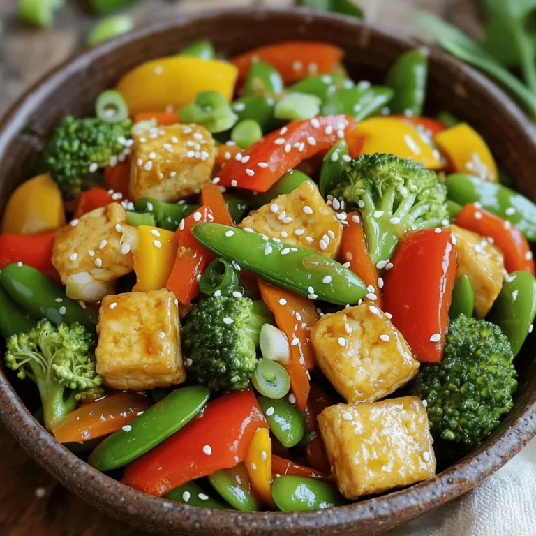 - 1 block (14 oz) firm tofu, pressed and cubed - 2 tablespoons cornstarch - 2 tablespoons vegetable oil - 1 red bell pepper, sliced - 1 yellow bell pepper, sliced - 1 cup broccoli florets - 1 cup snap peas - 2 carrots, thinly sliced - 3 green onions, chopped - 3 cloves garlic, minced - 1 tablespoon fresh ginger, grated - 3 tablespoons soy sauce (low sodium) - 1 tablespoon sesame oil - 1 tablespoon rice vinegar The main ingredients are key to a great stir fry. I always use firm tofu for the best texture. It holds up well when stir-fried. First, you need to press the tofu to remove moisture. This step helps in achieving a crispy exterior. I like to include colorful vegetables in my stir fry. The red and yellow bell peppers add sweetness and crunch. Broccoli and snap peas provide freshness. Carrots give a nice color and a bit of sweetness too. - Sesame seeds - Additional herbs After cooking, I often sprinkle sesame seeds on top. They add a nice crunch and flavor. You can also use fresh herbs, like cilantro or basil, for a pop of color and taste. - Wok or large pan - Knife and cutting board - Measuring cups and spoons A wok is my favorite tool for stir frying. It heats evenly and cooks food fast. If you don’t have one, a large pan works too. Always have a good knife and cutting board ready. They make prep easy. I recommend using measuring cups and spoons for accuracy. Follow the [Full Recipe], and you will have a tasty meal! To start, you need to press the tofu. This removes excess moisture. Place the tofu block on a plate. Put a heavy object on top for about 15 minutes. After pressing, cut the tofu into 1-inch cubes. Next, toss the cubes in cornstarch. This helps create a crispy outer layer. Now, heat 1 tablespoon of vegetable oil in a large pan or wok. Use medium-high heat for best results. Once the oil is hot, carefully add the tofu cubes. Cook them until they turn golden brown, about 8 to 10 minutes. Make sure to turn them to cook all sides evenly. Once done, remove the tofu from the pan and set it aside. In the same pan, add the remaining tablespoon of oil. When the oil is hot, add minced garlic and grated ginger. Stir quickly to avoid burning. Then, add sliced bell peppers, broccoli florets, snap peas, and carrot slices. Stir-fry these vegetables for about 5 to 7 minutes. They should be tender but still crisp. Now, it’s time to bring everything together. Return the cooked tofu to the pan. Pour in the soy sauce, sesame oil, and rice vinegar. Toss everything gently to coat the ingredients well. Cook for an additional 2 to 3 minutes. Finally, add the chopped green onions and stir-fry for one more minute. Serve your dish hot, garnished with sesame seeds. For the full recipe, check out the Veggie Delight Tofu Stir Fry 🥦. To get the best tofu, start by pressing it. Place the block of tofu between two plates. Add a weight on top, like a can. Let it sit for about 15 minutes. This method removes extra water. After that, cut the tofu into 1-inch cubes. Coat these cubes in cornstarch. This helps them get crispy. For added flavor, marinate the tofu in soy sauce for 10 minutes before cooking. This gives it a tasty kick. For a great stir-fry, pick fresh vegetables. Bell peppers, broccoli, and snap peas work well. Carrots add crunch and color. You can also use seasonal veggies. In spring, try asparagus. In summer, add zucchini. Choose what looks fresh at the market. The more colors you have, the better your dish will look and taste. High heat is key when stir-frying. It lets the food cook fast and keeps it crisp. Heat your pan or wok before adding oil. Once hot, add the tofu or veggies. Stir often to cook evenly. If things stick, don't worry. Just keep stirring, and they'll release. This method helps keep all the flavors locked in. {{image_2}} You can switch up the protein in your stir fry. If you want a plant-based option, try tempeh or seitan. Both give a hearty texture. Tempeh has a nutty flavor, while seitan is chewy and absorbs sauces well. If you prefer tofu, you can use different types. Extra-firm tofu offers a denser bite, while silken tofu gives a soft texture. Each type changes the dish's feel and taste. The sauce can make or break your stir fry. You can add spicy elements like chili sauce for heat. A little goes a long way, so start small and taste as you go. You can also experiment with different soy sauce types. For example, tamari is gluten-free and adds depth. You might even try sweet soy sauce for a twist. Each change can create a new flavor experience. Feel free to get creative with vegetables. You can mix different combinations based on what you have. Try adding bok choy, zucchini, or mushrooms. Each vegetable adds its unique flavor and texture. For a refreshing twist, use citrus. A squeeze of lime or lemon brightens the dish. It balances the savory sauce and adds a zesty touch. These variations keep your vegetable stir fry fun and exciting! To keep your vegetable stir fry with tofu fresh, store leftovers in the fridge. Place the stir fry in an airtight container. This helps prevent moisture loss and keeps the flavors intact. You can use glass or plastic containers. Make sure they seal well. When reheating, I recommend using a pan over medium heat. This method helps maintain texture. Stir occasionally to heat evenly. You can also use the microwave. Heat on medium power for about 2-3 minutes. Stir halfway through to ensure it warms evenly. Yes, you can freeze stir fry. To do this, let it cool completely before packing. Use freezer-safe bags or containers. Squeeze out any air to avoid freezer burn. To thaw, place it in the fridge overnight. You can also use the microwave on low power for quick defrosting. For stir fry, firm or extra-firm tofu works best. These types hold their shape well. Silken tofu is too soft and will break apart. Firm tofu has a nice texture. Extra-firm tofu gives a crunchier bite. Both options are great for soaking up flavor. Yes, you can add other proteins. Chicken, shrimp, or beef mix well with the veggies. Cook them first, then add the vegetables. You can also use tempeh or seitan for a plant-based option. These choices provide extra protein and flavor. This recipe is already vegan if you use plant-based sauces. Check the soy sauce and rice vinegar labels to ensure they are vegan. You can also add more veggies or nuts for added nutrition. The mix of flavors will still be delicious and fulfilling. You can serve this stir fry with rice or quinoa. Both options soak up the sauce well. You can also pair it with a fresh salad or spring rolls. For a heartier meal, try it with steamed dumplings. These sides will balance out the flavors and make a complete meal. This blog post gave you a clear guide to making vegetable stir fry with tofu. We covered key ingredients, including firm tofu and fresh vegetables. You learned handy tips for cooking and storage. Variations allow you to customize this dish with different proteins and sauces. Remember, stir-frying is an art that thrives on high heat and quick movements. With practice, you will create tasty meals that everyone loves. Enjoy experimenting with flavors and enjoy your cooking!