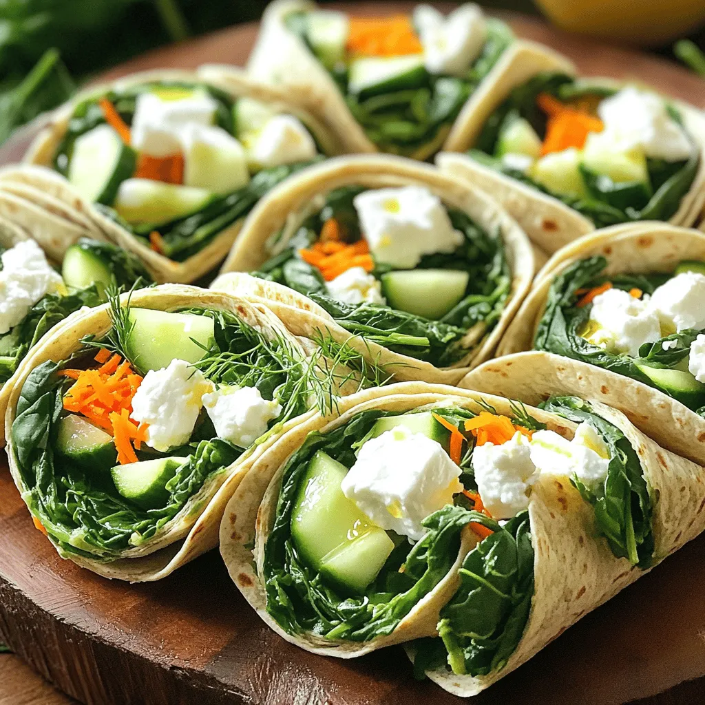- 4 large whole wheat tortillas - 2 cups fresh spinach, washed and chopped - 1 cup crumbled feta cheese - 1 medium cucumber, diced - 1 medium carrot, grated - 1/4 red onion, thinly sliced - 1/2 cup hummus (store-bought or homemade) - 1 tablespoon olive oil - 1 tablespoon lemon juice - Salt and pepper to taste - Fresh dill for garnish (optional) These ingredients make the healthy spinach and feta wraps tasty and colorful. Whole wheat tortillas give you fiber and keep you full. Fresh spinach adds important vitamins and minerals. Feta cheese brings a salty kick that balances the flavors well. You can also add your favorite veggies. Cucumbers add crunch, while carrots bring sweetness. Red onion gives a slight bite, which contrasts nicely with the creamy hummus. The dressing made of olive oil and lemon juice brightens the whole dish. Use fresh dill if you want to add a herbal note. It enhances the flavor and makes the wraps even more appealing. If you want to explore different tastes, you can swap the hummus for avocado or a different spread. These wraps are quick to make and perfect for a healthy lunch. For the full recipe, check the details to get started! To start, grab a small bowl. In it, whisk together the olive oil, lemon juice, salt, and pepper. This simple dressing adds great flavor. Set it aside while you prepare the wraps. Next, take a large mixing bowl. Toss in the chopped spinach, diced cucumber, grated carrot, and thinly sliced red onion. These veggies give a nice crunch. Now, add the crumbled feta cheese to the bowl. Gently mix everything together. You want the cheese to blend well with the veggies. Now it’s time to put it all together. Spread about 2 tablespoons of hummus on each tortilla. Leave about an inch of space around the edges. This helps keep the filling inside. Next, place a generous scoop of the spinach and feta filling right in the center. Fold the sides of the tortilla inward. Then, roll it up tightly from the bottom to the top. Repeat this with the rest of the tortillas. - Final touches for serving: For a fun presentation, cut each wrap in half diagonally. Arrange them on a nice platter. If you like, garnish with fresh dill. It adds a lovely touch! Serve these wraps fresh for a tasty, healthy lunch. Fresh herbs can boost the taste of your wraps. Try adding basil or parsley for a bright kick. Dill is perfect with feta and adds a lovely touch. Use a handful of herbs to make each wrap pop with flavor. You can mix them right into the filling or use them as a garnish. Soggy wraps are a common problem. To avoid this, spread hummus only on the area that holds the filling. Use less dressing if you want to keep it dry. Adding crunchy veggies like cucumber and carrots also helps. They provide texture and keep your wraps fresh and tasty. Meal prep makes life easier. You can make these wraps ahead of time. Prepare the filling and store it in the fridge. Assemble your wraps just before eating to keep them fresh. If you need to store them, wrap them tightly in foil or plastic. This keeps them from drying out. For the best taste, eat them within two days. Check out the Full Recipe for more details on making these delicious wraps! {{image_2}} You can easily boost protein in your wraps. Try adding grilled chicken strips for a hearty twist. Just cook the chicken in a pan until golden. Slice it up and mix it with the spinach and feta. Hummus also adds protein and creaminess. Spread it thick on the tortilla for a richer flavor. Switching up the greens can change the taste. You can use kale or arugula instead of spinach. Both add unique flavors and extra nutrients. You might also try lettuce leaves for a lighter wrap. They give a nice crunch and freshness. Dressing can bring new life to your wraps. Instead of olive oil and lemon, try a yogurt-based dressing. Mix yogurt with garlic and herbs for a tangy kick. A tahini dressing also works well. Just blend tahini with lemon juice and water for a smooth sauce. These options keep your wraps exciting and flavorful. Check out the Full Recipe for more tips! To keep your spinach and feta wraps fresh, store them in the fridge. Wrap each one in plastic wrap or foil. This helps prevent them from drying out. Place the wrapped wraps in an airtight container. They will last for up to three days. If you use any dressing, add it just before you eat. This way, your wraps stay crisp and tasty. You can also freeze these wraps for later. First, wrap each one in plastic wrap. Then, place them in a freezer-safe bag or container. They can stay in the freezer for up to a month. When you're ready to eat, take one out and let it thaw in the fridge overnight. This keeps the flavor fresh. If you want to enjoy your wraps warm, reheat them in a pan. Heat the pan on low and add the wrap. Cook for about three minutes on each side. This warms them up without making them soggy. You can also use a microwave. Heat for 30 seconds, then check if it’s warm enough. If not, heat for another 15 seconds. Enjoy your wraps warm and tasty! Yes, you can prepare these wraps ahead of time. Make them in the morning or even the night before. Just wrap them in plastic wrap or foil to keep them fresh. Store them in the fridge. They taste great cold and save you time during busy days. You can add many tasty ingredients to your wraps. Here are a few ideas: - Sliced bell peppers for crunch and color - Avocado for creaminess - Grilled chicken for extra protein - Cherry tomatoes for a pop of sweetness These additions can enhance flavor and nutrition in your wraps. These wraps are not gluten-free as written. Whole wheat tortillas contain gluten. However, you can use gluten-free tortillas to make them suitable for a gluten-free diet. Check the labels when you buy them to ensure they fit your needs. - Nutritional benefits of key ingredients: - Spinach: Packed with vitamins A, C, and K. It supports eye health and boosts immunity. - Feta cheese: Offers calcium and protein. It's lower in fat compared to some other cheeses. - Cucumbers: Hydrating and low in calories, they add crunch. - Hummus: Rich in fiber and protein, it makes your wraps filling and satisfying. These ingredients not only taste great but also provide essential nutrients for a healthy meal. These wraps are simple and packed with fresh flavors. We explored tasty ingredients like spinach, feta, and hummus. I shared easy steps to make delicious wraps, plus tips to keep them fresh. You can even try fun variations with proteins or different greens. Store them right and enjoy later. These wraps don't just taste good; they nourish you too. Try making them for lunch or snacks. You’ll love how easy they are!
