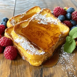 To make Classic French Toast, you need a few key ingredients: - 4 slices of brioche or thick-cut bread - 2 large eggs - 1/2 cup whole milk - 1 teaspoon vanilla extract - 1/2 teaspoon ground cinnamon - 1 tablespoon unsalted butter (for cooking) - Maple syrup (for serving) These ingredients mix together to create a rich and fluffy treat. Choosing the right bread is vital. I recommend brioche for its soft, buttery texture. Challah is another great option. It soaks up the egg mixture well and stays fluffy. You can also use thick-cut white bread for a classic touch. Just avoid thin slices; they may become soggy. Garnishes add fun to your French Toast. Here are some great options: - Fresh berries (like strawberries, blueberries, or raspberries) - Powdered sugar for a touch of sweetness - Whipped cream for a creamy delight - A sprinkle of nuts for crunch You can mix and match these toppings based on what you love. Enjoy making your dish more personal! For a detailed guide, check the Full Recipe above. To start, gather your ingredients. You will need eggs, milk, vanilla extract, and cinnamon. In a mixing bowl, add two large eggs. Pour in half a cup of whole milk. Next, add one teaspoon of vanilla extract and half a teaspoon of ground cinnamon. Use a whisk to mix everything well. You want a smooth texture with no lumps. This mixture will coat the bread and give it flavor. Now, heat a non-stick skillet over medium heat. Add one tablespoon of unsalted butter and let it melt. Make sure it coats the pan evenly. Take your slices of brioche or thick-cut bread. Dip each slice into the egg mixture. Soak for about 15 seconds on each side. Let any extra mixture drip off. Place the soaked bread on the hot skillet. Cook for three to four minutes. Look for a golden brown color. Flip the slices and cook the other side for two to three minutes. Remove the French toast once both sides are golden brown. Serve the French toast while it's hot. Drizzle warm maple syrup over each slice. You can also add fresh berries for a pop of color and flavor. If you like, sprinkle a bit of powdered sugar on top. This adds a nice touch. Enjoy your meal with family or friends. It’s perfect for any breakfast or brunch. For the full recipe, check out the details above. To get that perfect golden brown color, use medium heat. If the heat is too high, the outside cooks fast, but the inside stays soggy. If it's too low, the bread can dry out. I recommend using thick-cut bread like brioche. It holds up well and soaks up the egg mixture perfectly. Cook each slice for about 3-4 minutes on one side. Look for a nice golden color before flipping. After flipping, cook for another 2-3 minutes. This timing ensures that the bread cooks evenly. Always keep an eye on the skillet. Adjust the heat if you notice it browning too quickly. One common mistake is not letting the bread soak long enough. It should sit in the egg mixture for about 15 seconds on each side. Another mistake is overcrowding the pan. Cook in batches to keep the temperature steady. Lastly, always use fresh ingredients. Stale bread can lead to dry French toast. For the full recipe, check out the Classic French Toast with Maple Syrup. {{image_2}} You can make your French toast even better with fun toppings. Try adding fresh fruits like strawberries, blueberries, or bananas. Nuts also add a nice crunch. Chopped pecans or almonds work great. You can drizzle honey or chocolate sauce for a sweet touch. For a filling twist, spread cream cheese or Nutella between two slices before dipping in the egg mix. This adds creaminess and flavor. The egg mix is key to great French toast. You can change the flavor by adding spices or extracts. Try a pinch of nutmeg or a splash of almond extract. This will give your dish a new twist. You might also use flavored milk, like almond or coconut, for more taste. If you like a richer flavor, add a tablespoon of orange zest. This adds brightness to each bite. Not everyone loves sweet French toast. You can make it savory too! Use whole wheat or sourdough bread for a heartier base. In the egg mix, add a little salt, pepper, and herbs like thyme or parsley. Top with cheese and cooked bacon or sausage. You’ll create a tasty breakfast that feels fancy. This way, you can enjoy French toast in a whole new way. To try out the full recipe, check out the details above. To store leftover French toast, let it cool first. Place the slices in an airtight container. Line the container with parchment paper to keep them from sticking. You can keep them in the fridge for up to three days. If you want to keep them longer, freezing is a great option. Reheating French toast is easy. You can use a microwave, oven, or skillet. For the microwave, place a slice on a plate and heat for 30 seconds. Check if it's warm. If not, heat for another 15 seconds. For the oven, preheat to 350°F. Place the slices on a baking sheet and warm for about 10 minutes. This keeps them crispy. If using a skillet, heat it over medium heat, add a little butter, and warm each side for a minute. Freezing French toast is a smart way to save time. After cooking, let the slices cool completely. Place parchment paper between each slice, then wrap them in plastic wrap. This keeps them from sticking together. Store the wrapped slices in a freezer-safe bag. They can stay good for up to two months. When ready to eat, thaw them overnight in the fridge before reheating. This keeps the texture just right. For the full recipe, check out the Classic French Toast with Maple Syrup. Yes, you can use different types of milk. Whole milk makes the toast rich. Skim milk gives a lighter taste. Almond, oat, or soy milk can also work well. Each type adds its own unique flavor. Choose what you like best! Making homemade maple syrup is easy! You can mix one cup of sugar with one cup of water. Heat it in a pot until the sugar dissolves. For flavor, add a bit of vanilla extract. It won't be the same as real maple syrup, but it's a sweet treat! To make French toast ahead, prepare the egg mixture and soak the bread. Cover it and place it in the fridge. Cook it in the morning for a quick breakfast. You can also cook it fully and reheat it later. Enjoy the ease of morning prep! Keep your French toast warm by placing it in the oven. Set the oven to low heat, around 200°F (93°C). Place the cooked toast on a baking sheet. Cover it with aluminum foil to keep it warm and soft. Yes, you can freeze French toast! Let it cool completely after cooking. Place the slices in a freezer-safe bag or container. They can last up to three months. When you’re ready, simply reheat in the toaster or oven. Many toppings complement French toast well. Sliced bananas and strawberries add sweetness. Whipped cream makes it extra special. You can also sprinkle some nuts for crunch. Maple syrup is a classic choice, but feel free to mix it up! You can tell French toast is cooked by its color. It should be golden brown on both sides. You can also check the center; it should feel firm, not soggy. If in doubt, a quick taste test never hurts! The best bread for French toast is thick and sturdy. Brioche and challah are great choices. They soak up the egg mixture well without falling apart. You can also use sourdough or Texas toast for a tasty twist. Absolutely! Adding spices can enhance the flavor. Ground nutmeg is a great choice. You can also try cardamom or allspice. Just a pinch can add warmth and depth to your French toast. Get creative with your spices! You can find the full recipe for Classic French Toast with Maple Syrup in the earlier sections. It includes all the steps and ingredients needed to create this delicious dish! In this blog post, we explored how to make classic French toast from start to finish. We detailed key ingredients, like egg mixtures and bread types, plus creative toppings to try. I shared tips to ensure your toast is golden and delicious. Avoiding common mistakes can elevate your dish. Lastly, I covered storage and reheating methods. French toast is a simple dish that can surprise you with its endless possibilities. Enjoy experimenting with it!