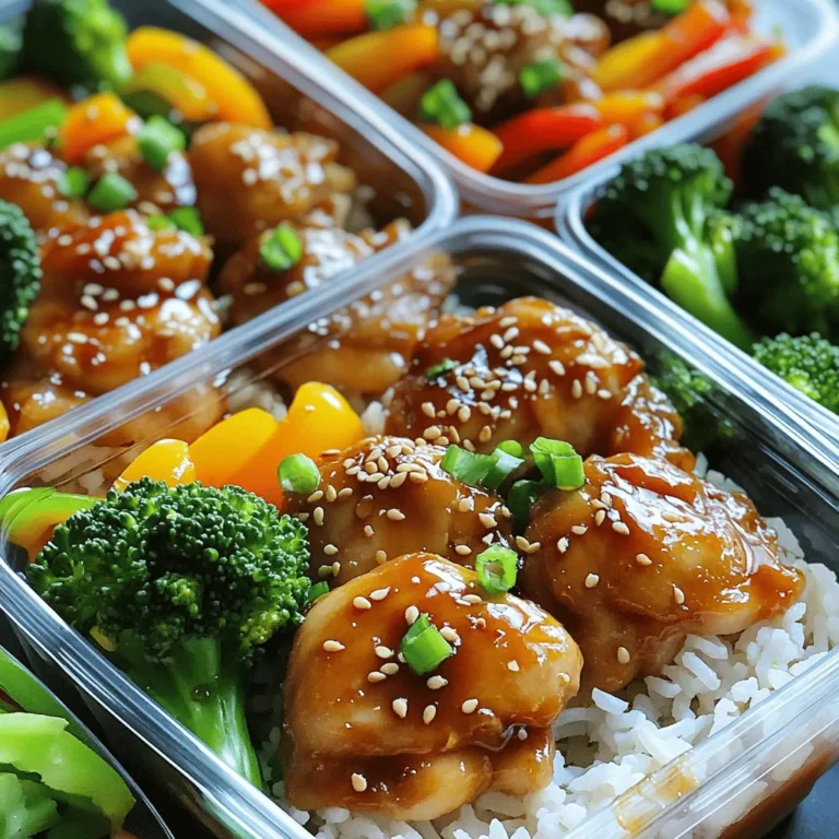 To make Easy Teriyaki Chicken, gather these main ingredients: - 1 pound boneless skinless chicken thighs, cut into bite-sized pieces - 1 cup low-sodium soy sauce - 1/2 cup brown sugar - 1/4 cup rice vinegar - 2 tablespoons sesame oil - 2 cloves garlic, minced - 1 tablespoon fresh ginger, minced - 2 cups jasmine rice, uncooked - 2 cups broccoli florets - 1 cup sliced bell peppers (any color) These ingredients create a rich flavor that makes this dish shine. The chicken thighs stay juicy, while the sauce gives it a sweet and savory taste. To make your dish look appealing, use these garnish ingredients: - 1/4 cup chopped green onions - 1 tablespoon sesame seeds These garnishes add a nice crunch and fresh flavor. They also make your meal prep containers pop with color. Here are the tools you will need for this recipe: - Large bowl for marinating - Pot for cooking rice - Pot for blanching vegetables - Large skillet or wok for cooking chicken - Meal prep containers for storage Using the right tools makes cooking easier and more fun. You can find many of these items in your kitchen already. For the full recipe, check out the Easy Teriyaki Chicken Meal Prep. Start by making the marinade. In a big bowl, mix soy sauce, brown sugar, rice vinegar, sesame oil, garlic, and ginger. This mix gives your chicken great flavor. Cut the chicken thighs into small pieces, then add them to the bowl. Make sure they are all coated in the marinade. Cover the bowl and put it in the fridge for at least 30 minutes. If you have time, let it sit for up to 2 hours. This wait makes the chicken even better. While the chicken marinates, let’s cook the rice. Rinse 2 cups of jasmine rice under cold water until the water is clear. This step helps remove extra starch. In a pot, add the rinsed rice and 2 cups of water. Bring it to a boil. Then lower the heat, cover, and let it simmer for 15 to 20 minutes. When the rice is fluffy and the water is gone, take it off the heat. Let it sit covered for another 5 minutes. Next, we need to prepare the veggies. Boil a pot of water and add the broccoli florets and sliced bell peppers. Cook them for about 3 to 4 minutes. You want them bright and tender-crisp. Once done, drain the water and set the veggies aside. They will add color and crunch to your meal. Now it's time to cook the chicken. Heat a large skillet or wok over medium-high heat. Add the marinated chicken, along with all the marinade. Cook for about 8 to 10 minutes. Stir occasionally to cook the chicken evenly. When the chicken is cooked through and the sauce thickens, it's ready. Grab your meal prep containers. Start by dividing the cooked rice among them. Next, add the chicken mixture on top of the rice. Finally, distribute the cooked broccoli and bell peppers evenly. This creates a balanced meal with protein, carbs, and veggies. For the finishing touch, sprinkle chopped green onions and sesame seeds on each meal. This adds flavor and a nice look. Let the containers cool down before sealing them. Store your Easy Teriyaki Chicken Meal Prep in the fridge for up to 4 days. You can enjoy a tasty meal anytime! To boost the taste of your teriyaki chicken, use fresh ingredients. Fresh garlic and ginger bring a strong flavor. You can also add a splash of orange juice to the marinade for a fruity twist. If you like heat, try adding a pinch of red pepper flakes. Marinating for longer makes the chicken juicier. Aim for at least 30 minutes. If you have time, marinate for two hours. Cooking jasmine rice is simple. Rinse it well to remove starch. This helps the rice stay fluffy. Use a pot with a tight lid. For perfect rice, the ratio is 1 cup rice to 2 cups water. Bring it to a boil, then lower the heat. Let it simmer for 15-20 minutes. After cooking, let it rest covered for 5 minutes. This step makes the rice even better. Choosing the right meal prep containers is key. I prefer glass containers for easy reheating. They don't stain and keep food fresh. Make sure they have tight lids to prevent spills. Divide your meals into portions. This helps with grab-and-go meals. Look for containers that are microwave and dishwasher safe. This makes cleanup a breeze. For this recipe, use medium-sized containers. They fit the chicken, rice, and veggies nicely. {{image_2}} You can swap chicken thighs for chicken breasts. Breasts are leaner but still tasty. You can also use tofu for a plant-based option. Just cut it into cubes and marinate the same way. If you're looking for something unique, try shrimp or pork. Both work well with teriyaki sauce. If you want to change up the veggies, there are many options. Snap peas add crunch and sweetness. Carrots bring color and a nice bite. Zucchini can soak up the sauce well. You might also like baby corn or mushrooms for extra flavor. Mix and match to find your favorite combo! The teriyaki sauce can be adjusted to fit your taste. You can add honey for a sweeter kick. A splash of lime juice gives it a tangy twist. For more heat, add red pepper flakes or sriracha. If you like a thicker sauce, add cornstarch mixed with water. Feel free to experiment for your perfect glaze! For the full recipe, check out the Easy Teriyaki Chicken Meal Prep section. Store your Easy Teriyaki Chicken Meal Prep in airtight containers. This keeps the chicken fresh and moist. Ensure the containers cool down before sealing them. Label each container with the date you made the meal. This helps you track freshness. You can freeze your meal prep for later use. Place the chicken and rice in separate containers. This keeps the rice from getting mushy. Make sure to leave some space in the container for expansion. To avoid freezer burn, wrap the containers tightly in plastic wrap. To reheat, you can use a microwave or a skillet. For the microwave, heat the meal for 1-2 minutes on high. If using a skillet, add a splash of water to prevent sticking. Heat over medium-low until warm. Stir occasionally to ensure even heating. This keeps the flavors intact and the chicken juicy. Yes, you can! You can swap chicken thighs for chicken breasts. You can also try pork, beef, or tofu. Each meat gives a different taste and texture. Just adjust cooking times based on the meat you choose. This meal prep lasts up to four days in the fridge. Make sure to store it in airtight containers. This keeps the chicken moist and the veggies fresh. To reheat, place the meal prep in the microwave. Heat for 1 to 2 minutes. Stir halfway through to ensure even heating. You can also use a skillet on low heat. Just add a splash of water to keep it moist. Absolutely! You can make the marinade a day ahead. Just mix the soy sauce, brown sugar, rice vinegar, sesame oil, garlic, and ginger. Store it in the fridge until you're ready to use it. This saves time on meal prep day. Yes, it is! You can freeze the cooked chicken and veggies. Just place them in freezer-safe containers. They will keep well for up to three months. When you're ready to eat, thaw it overnight in the fridge and reheat. You learned how to make easy teriyaki chicken and meal prep with it. We covered the important ingredients, cooking steps, and tips to enhance the meal. You now know variations and how to store your food safely. With this knowledge, you can enjoy quick, delicious dinners. Cooking does not need to be hard or boring. Use these methods to impress friends and family with tasty meals. Getting creative with this recipe can lead to exciting flavors. Enjoy your cooking journey!